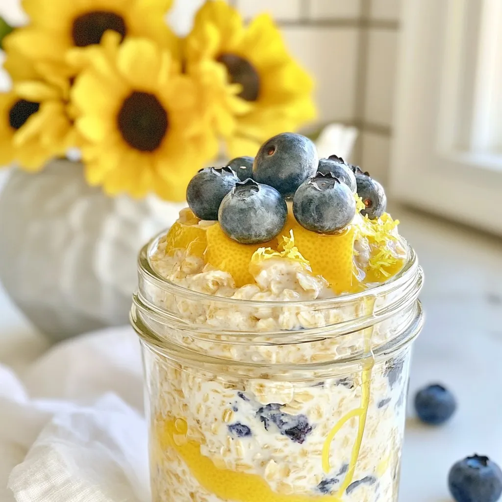 To make Lemon Blueberry Overnight Oats, gather these ingredients: - 1 cup rolled oats - 2 cups almond milk (or any milk of choice) - 1 cup fresh blueberries (plus extra for topping) - 1 large lemon (zest and juice) - 2 tablespoons maple syrup (or honey) - 1/2 teaspoon vanilla extract - 1 tablespoon chia seeds (optional for added texture) - Pinch of salt You can swap ingredients to fit your taste. Here are some ideas: - Use coconut milk or oat milk instead of almond milk for a different flavor. - If you prefer a different sweetener, try agave syrup or stevia. - For a dairy option, regular milk works well. - Feel free to skip chia seeds if you want a smoother texture. Lemon Blueberry Overnight Oats provide great nutrition. Let's look at some key ingredients: - Blueberries: These tiny fruits are packed with antioxidants. They help fight inflammation and boost your heart health. - Lemon: The zest and juice add bright flavor. Lemons are high in vitamin C, which supports your immune system. - Rolled oats: Oats are a good source of fiber. They keep you full and help with digestion. - Chia seeds: If you add them, they offer omega-3 fatty acids. They also add a nice crunch. These ingredients work together to make a tasty and healthy breakfast. {{ingredient_image_1}} This recipe takes just 10 minutes to prep. You need to let it sit for at least 6 hours. This allows the oats to soak up the flavors and become creamy. 1. Start with a large mixing bowl. Add 1 cup of rolled oats. 2. Pour in 2 cups of almond milk or your favorite milk. 3. Add the zest and juice of 1 large lemon. This gives a bright, fresh taste. 4. Mix in 2 tablespoons of maple syrup or honey for sweetness. 5. Include 1/2 teaspoon of vanilla extract. This adds a nice depth of flavor. 6. Stir well to combine all the ingredients. 7. If you want, add 1 tablespoon of chia seeds. They give more texture. 8. Don’t forget a pinch of salt to enhance the flavors. 9. Gently fold in 1 cup of fresh blueberries. Reserve some for topping later. When you divide the mixture, use small jars or airtight containers. This makes it easy to grab in the morning. Fill each jar about three-quarters full. Leave some space for toppings. Seal each jar tightly and store them in the fridge overnight. In the morning, give them a good stir. If they seem too thick, add a splash of milk to loosen them up. Top with the reserved blueberries and a sprinkle of lemon zest for a fresh touch. Enjoy your delightful breakfast! To get creamy overnight oats, use rolled oats. They soak up liquid well. Make sure to mix all your ingredients well. This helps the oats absorb the flavors. If you want a thicker texture, add more oats or chia seeds. For a creamier bite, use more milk. Let the oats sit overnight. This allows them to soften and swell. You can change the sweetness to fit your taste. If the oats are too tart, add more maple syrup or honey. Start with one tablespoon, then taste. If you want more lemon flavor, add extra zest or juice. Just be careful! Too much lemon can make it sour. Always taste as you mix. Top your oats with fresh blueberries for a pop of color. You can also add sliced bananas or a sprinkle of nuts. Try a dollop of yogurt for creaminess. For extra zest, add more lemon zest on top. A drizzle of honey can add sweetness too. Feel free to get creative with your toppings! Pro Tips Use Fresh Ingredients: Fresh blueberries and a ripe lemon will enhance the flavor of your overnight oats significantly. Experiment with Sweetness: Adjust the amount of maple syrup or honey according to your taste preference; you can always add more in the morning if desired. Make Ahead: Prepare multiple jars at once for a quick breakfast throughout the week. They can last up to 5 days in the fridge. Customize Your Toppings: Feel free to add nuts, seeds, or other fruits on top for added texture and flavor. {{image_2}} You can change fruits in your overnight oats. Try strawberries, raspberries, or blackberries. Each fruit adds its own flavor. You can also mash a ripe banana for a creamy base. This gives a nice sweetness and texture. Adding nuts and seeds is a great way to boost nutrition. Almonds or walnuts add a nice crunch. You can chop them or leave them whole. For seeds, try pumpkin seeds or sunflower seeds. They add healthy fats and protein. Chia seeds are already in the recipe, but feel free to add more! You can mix in spices for extra flavor. Cinnamon or nutmeg gives warmth and depth. A hint of ginger can add a nice kick. You can also add extracts, like almond or coconut. Just a few drops will change the taste. Get creative and find what you love! To keep your lemon blueberry overnight oats fresh, use airtight containers. Glass jars work great. Make sure to seal them tightly to prevent air from getting in. This keeps the oats moist and tasty. Lemon blueberry overnight oats last up to five days in the fridge. After that, the oats may lose their texture. If you notice any odd smells or flavors, it’s best to toss them out. Always check your oats before eating! You can freeze your overnight oats for up to three months. To freeze, place them in freezer-safe containers. Leave some space at the top, as they will expand. When you're ready to eat, thaw them in the fridge overnight. Reheat them in the microwave or enjoy them cold. If needed, add a splash of milk to restore creaminess. Yes, you can use steel-cut oats, but the texture will change. Steel-cut oats take longer to soak up liquid. You may need to increase the soaking time. I recommend soaking them overnight. If you want a creamier texture, consider cooking the steel-cut oats first. You can keep overnight oats in the fridge for up to five days. They stay fresh and taste great. Just make sure to store them in airtight containers. This way, they won’t absorb other odors in the fridge. Yes, meal prepping for the week is easy with overnight oats. Just make several jars at once. You can mix and match flavors to avoid boredom. Each jar makes a quick breakfast option. Just grab one in the morning, and enjoy! You've learned about the key ingredients, their substitutes, and important nutritional benefits. I described how to prepare your oats step-by-step, with tips for layering and achieving the best texture. You also found ways to switch up flavors with fruit, nuts, and spices. I shared helpful storage tips to keep your oats fresh. In conclusion, overnight oats are simple, tasty, and healthy. You can create a perfect breakfast for any day. Enjoy the variety and get creative!