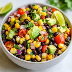 The main ingredients make this salad fresh and colorful. Here&rsquo;s what you need: - 1 can (15 oz) black beans, rinsed and drained - 1 can (15 oz) corn, drained - 1 red bell pepper, diced - 1 yellow bell pepper, diced - 1 small red onion, finely chopped - 1 cup cherry tomatoes, halved - 1 avocado, diced - 1/4 cup fresh cilantro, chopped These ingredients provide a great mix of flavors and textures. The black beans add protein. The corn brings sweetness. The peppers add crunch and color. Cherry tomatoes offer juiciness, while avocado gives creaminess. Cilantro ties it all together with a fresh taste. The dressing makes the salad shine. Here&rsquo;s what I recommend: - 1/4 cup lime juice - 2 tablespoons olive oil - 1 teaspoon cumin - Salt and pepper to taste The lime juice adds a zesty kick. Olive oil brings richness. Cumin adds warmth and depth. Salt and pepper enhance all the flavors. Mix these together well for a bright dressing. Garnishes can make your salad look even better. Here are some ideas: - Additional cilantro for freshness - Lime wedges for a pop of color - Sliced jalape&ntilde;os for heat These garnishes not only add beauty but also extra flavor. You can choose what you like best! {{ingredient_image_1}} Start by rinsing and draining the black beans. This helps remove excess salt. Next, drain the corn. You want it fresh and sweet. In a large bowl, combine the black beans and corn. Stir gently to keep the beans whole. Now, add the diced red and yellow bell peppers. They add crunch and color. Then, toss in the finely chopped red onion and halved cherry tomatoes. These ingredients bring flavor and freshness. Lastly, add the diced avocado. It adds creaminess and richness to the dish. In a small bowl, whisk together the lime juice and olive oil. This mix gives the salad a zesty kick. Add cumin for a warm, earthy flavor. Season with salt and pepper to taste. Whisk until everything blends well. This dressing will tie all the ingredients together. Pour the dressing over the salad. Gently toss everything together to coat well. Be careful not to mash the avocado. Once mixed, fold in the chopped cilantro. This herb gives a fresh burst of flavor. Let the salad sit for at least 10 minutes. This wait helps the flavors meld together. Serve in a large, colorful bowl. For a nice touch, garnish with extra cilantro and lime wedges. Enjoy your fresh and flavorful black bean corn salad! To keep your Black Bean Corn Salad fresh, use ripe ingredients. Choose firm avocados and bright peppers. Fresh herbs, like cilantro, add a vibrant taste. If you buy canned beans and corn, check the expiration date. Rinse and drain them well to remove extra sodium. After mixing, let the salad sit for about 10 minutes. This helps the flavors blend together nicely. To boost the flavor, add more spices! Try chili powder or smoked paprika for a kick. You can also mix in some fresh lime zest for extra zing. If you like heat, add diced jalape&ntilde;os or a splash of hot sauce. Taste as you go, and adjust the salt and pepper for your liking. A dash of honey can balance the acidity if you prefer a sweeter touch. Having the right tools makes cooking easier. Use a large mixing bowl for combining ingredients. A sharp knife helps dice vegetables quickly and safely. A whisk is perfect for mixing your dressing smoothly. If you want to serve it beautifully, use a colorful serving bowl. A cutting board is essential for prepping vegetables. Keep these tools handy for a fun cooking experience! Pro Tips Ingredient Freshness: Use fresh vegetables whenever possible for a more vibrant flavor and crunch in your salad. Chill Time: Allow the salad to chill for at least 30 minutes after mixing to enhance the flavors and create a refreshing dish. Avocado Ripeness: Choose a perfectly ripe avocado; it should yield slightly to gentle pressure for the best creaminess. Customizable Ingredients: Feel free to add other ingredients like black olives or jalape&ntilde;os for an extra kick and personalized touch. {{image_2}} You can enhance your black bean corn salad by adding avocado. It brings creaminess and a rich taste. Just dice the avocado and fold it in gently. You can also include other veggies. Try adding diced cucumbers or grated carrots. These add crunch and color to the dish. To make the salad more filling, add protein. Grilled chicken works well, chopped into bite-sized pieces. This adds a savory touch. Quinoa is another great choice. It provides texture and a nutty flavor. Just cook the quinoa first, then mix it in. The dressing can change the whole vibe of your salad. You can try a zesty vinaigrette for a tangy kick. Mix olive oil, vinegar, and spices for a simple option. Or, for a creamy twist, consider a yogurt-based dressing. This will give your salad a smooth texture. Don't be afraid to explore different flavors! To keep your Black Bean Corn Salad fresh, store it in an airtight container. Make sure to remove as much air as possible. This helps prevent spoilage. You can keep it in the fridge for about 3 days. If you add avocado, it may brown faster. To slow this down, sprinkle lime juice on the avocado before mixing it in. Freezing this salad is not the best option. The texture can change once thawed. However, if you want to freeze it, leave out the avocado and fresh cilantro. Store it in a freezer-safe bag or container. You can freeze it for up to 2 months. When ready to eat, thaw it in the fridge overnight. If you have leftovers and want to enjoy them warm, heat the beans and corn only. Avoid reheating the fresh veggies. You can use a microwave or stovetop. Just heat it gently to avoid mushiness. Serve it warm, and add fresh toppings like cilantro for a tasty boost. Yes, you can make this salad ahead of time. It keeps well in the fridge. I suggest preparing it a few hours before serving. This way, the flavors blend nicely. Just remember to add the avocado right before serving to keep it fresh. You can add many tasty veggies to this salad. Try diced cucumbers for crunch. Chopped jalape&ntilde;os can add heat if you like spice. You can also include corn salsa or radishes. Be creative and use what you have on hand. Yes, this salad is both gluten-free and vegan. It uses only plant-based ingredients. The black beans and corn provide protein. You don&rsquo;t need to add anything else to make it filling and satisfying. You can store the salad in the fridge for about three days. Keep it in an airtight container. After a day or two, the veggies may start to lose their crunch. Enjoy it fresh for the best taste! You now know how to make a tasty black bean corn salad. We covered the best ingredients, dressings, and optional garnishes. I shared step-by-step instructions for preparing the salad, along with helpful tips to keep it fresh and flavorful. This salad is versatile; you can add avocado, protein, or try new dressings. Remember to store leftovers properly for later enjoyment. With this guide, you can create a delicious dish that fits your taste and needs. Enjoy making this salad with easy steps and fresh ingredients!