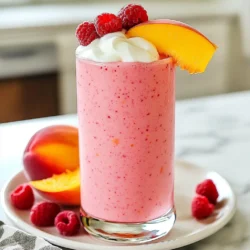 To make a yummy Raspberry Peach Smoothie, you need fresh and tasty ingredients. Here&rsquo;s what you&rsquo;ll need: - 1 cup fresh raspberries (or frozen) - 1 ripe peach, pitted and chopped - 1 banana, sliced - 1 cup almond milk (or any milk of choice) - 1 tablespoon honey or maple syrup (adjust based on sweetness preference) - 1/2 cup Greek yogurt (for creaminess) - 1/2 teaspoon vanilla extract - A handful of ice cubes (optional, for thickness) These ingredients work well together. The raspberries give a tart taste, while the peach adds sweetness. The banana makes the smoothie creamy and thick. Almond milk keeps it light and refreshing. Greek yogurt adds richness, and honey or maple syrup sweetens it up just right. You can add ice for a colder drink. Each ingredient brings a boost of nutrients, making this smoothie a great choice for any time of the day. {{ingredient_image_1}} - Gather all ingredients. You will need fresh raspberries, a ripe peach, a banana, almond milk, honey or maple syrup, Greek yogurt, vanilla extract, and ice cubes if you want it thicker. - Layer ingredients in the blender. Start with the almond milk at the bottom. This helps everything blend well. Add the raspberries, chopped peach, and banana next. Then, include the Greek yogurt, honey, and vanilla extract. - Blend until smooth. Blend on high speed for about 30 to 60 seconds. You want it to be creamy and free of lumps. - Adjust sweetness as needed. After blending, taste your smoothie. If you want it sweeter, add more honey or syrup and blend again. - Serve and garnish. Pour the smoothie into glasses. For a pretty touch, garnish with whole raspberries or a slice of peach on top. Enjoy your refreshing treat! - Choosing ripe fruits: Select fruits that smell sweet and feel soft. A ripe peach should yield slightly to gentle pressure. Raspberries should be plump and vibrant. This ensures a flavorful and sweet smoothie. - The role of Greek yogurt for creaminess: Greek yogurt adds a rich texture. It makes your smoothie thick and satisfying. Plus, it boosts protein, which keeps you full longer. Use plain Greek yogurt for the best taste. - Adjusting thickness with ice: Want a thicker smoothie? Add ice cubes before blending. Start with a handful, then blend. If it&rsquo;s too thick, add more almond milk. This lets you control the texture to your liking. By following these tips, you can make a raspberry peach smoothie that&rsquo;s both creamy and refreshing. Each step helps you get the most flavor from your ingredients. Enjoy crafting the perfect blend! Pro Tips Use Frozen Fruit: For an extra thick and icy smoothie, consider using frozen raspberries and peaches. This will give your smoothie a refreshing texture without the need for additional ice cubes. Customize Your Sweetness: Adjust the sweetness of your smoothie by starting with less honey or maple syrup. You can always add more after blending if needed. Add Spinach or Kale: For a nutritional boost, toss in a handful of fresh spinach or kale. These greens blend well and won't alter the flavor significantly. Experiment with Yogurt: Try using different types of yogurt like coconut or dairy-free options to enhance the flavor and creaminess of your smoothie. {{image_2}} You can easily change this smoothie to fit your taste. Adding protein powder is a great way to boost nutrition. Just one scoop can help fill you up and make it a meal. Using coconut milk instead of almond milk can add a creamy, tropical twist. Coconut milk gives a rich flavor and a hint of sweetness. You can also substitute other berries or fruits. Blueberries, strawberries, or mango can work well. Each fruit changes the taste and keeps things exciting. Try mixing and matching to find your favorite blend! To store your leftover smoothie, place it in a sealed jar or container. This keeps it fresh in the fridge for up to 24 hours. If you want to keep it longer, freezing is a great option. Pour the smoothie into ice cube trays or freezer-safe bags. It can last for about 1 month in the freezer. When you&rsquo;re ready to enjoy your frozen smoothie, take it out and thaw it. You can leave it in the fridge overnight or use a microwave on low. If the texture seems off after thawing, blend it again with a splash of milk. This will help restore its creamy goodness. Enjoy your Raspberry Peach Smoothie anytime! Can I use frozen fruits? Yes, you can use frozen fruits. They make the smoothie cold and thick. Just add them to the blender like fresh ones. Frozen raspberries and peaches work great in this recipe. Is this smoothie vegan-friendly? Yes, it can be vegan-friendly. Simply swap Greek yogurt for a plant-based yogurt. Also, use maple syrup instead of honey. This way, you keep it vegan and still tasty. How can I make it more nutritious? You can add spinach or kale for extra vitamins. A scoop of protein powder boosts protein levels. Chia seeds will add fiber and healthy fats. These changes enhance nutrition without changing the taste much. What are the health benefits of raspberries and peaches? Raspberries are high in fiber and vitamin C. They help digestion and support your immune system. Peaches offer vitamins A and C. They keep your skin healthy and hydrated. Together, they create a delicious and healthy drink. This blog post covered a tasty smoothie recipe with fresh raspberries, peaches, and banana. You learned how to blend these fruits with almond milk and Greek yogurt. We discussed tips to make your smoothie creamy and thick. I shared different fruit combinations and storage methods for leftovers. In conclusion, try new flavors and adjust the recipe to your taste. Smoothies are a fun way to enjoy healthy fruits. Make it your own and enjoy every sip.