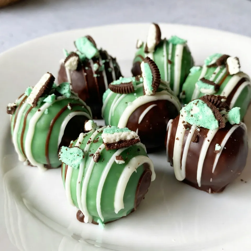 - 1 package (15.25 oz) Mint Oreo cookies - 8 oz cream cheese, softened - 1 tsp peppermint extract - 1 cup dark chocolate chips - 1 cup white chocolate chips - 1/4 cup crushed Mint Oreo cookies for topping To make Mint Oreo truffles, you need a few key ingredients. First, grab a pack of Mint Oreo cookies. These cookies give a great flavor. Next, get some cream cheese. It helps bind everything together and adds creaminess. You will also need peppermint extract for that extra minty kick. For the chocolate coating, dark chocolate chips are a must. They add a rich taste. White chocolate chips are perfect for drizzling on top. Finally, crushed Mint Oreo cookies will make a great topping. They add a nice crunch and look pretty. With these ingredients, you can create a delightful no-bake treat that everyone will love! {{ingredient_image_1}} To start, I crush the Mint Oreo cookies. I use a food processor for this task. You want the cookies to be fine crumbs. This makes it easier to mix them later. Next, I grab a mixing bowl and add the crushed Oreos. I also add softened cream cheese and peppermint extract. I mix these ingredients until they form a dough-like consistency. This step is key for a smooth truffle. Now it’s time to roll the mixture into balls. I use my hands to shape each ball, aiming for about one inch in diameter. I place them on a lined baking sheet. After rolling all the truffles, I pop them in the freezer. I let them freeze for about 30 minutes. This helps the truffles firm up nicely before coating them. For the next step, I melt dark chocolate chips. I do this in a microwave-safe bowl. I heat them in 30-second intervals, stirring in between. I want the chocolate to be smooth and easy to dip. Once melted, I dip each truffle into the dark chocolate. I make sure they are fully coated. Then, I return the truffles to the baking sheet. Next, I melt white chocolate chips in a separate bowl. I repeat the same melting process. When smooth, I drizzle the melted white chocolate over the chocolate-coated truffles. Before the chocolate hardens, I sprinkle crushed Mint Oreo cookies on top. This adds a nice crunch and looks great! Finally, I refrigerate the truffles for at least 15 minutes. This time allows the chocolate to harden completely. Enjoy these delightful treats! To get the right dough consistency for your Mint Oreo truffles, aim for a soft yet firm mix. After you crush the Mint Oreo cookies, blend them with cream cheese and peppermint extract. You want it to stick together without being too wet. If it's too dry, add a bit more cream cheese. If it's too wet, add a few more crushed cookies. For melting chocolate, the best method is to use a microwave. I suggest melting the dark chocolate chips in 30-second bursts. Stir between each interval. This way, you avoid burning the chocolate. It should become smooth and shiny, perfect for dipping! If the mixture feels too sticky, try chilling it for a bit. Place it in the fridge for about 10 minutes. This makes it easier to roll into balls. You can also dust your hands with a little cocoa powder to help prevent sticking. To ensure an even chocolate coating, hold the truffle gently with a fork. Dip it into the melted chocolate, then lift it out. Let excess chocolate drip off before placing it back on the baking sheet. This helps create a nice, even layer. Pro Tips Chill the Dough: For easier rolling, chill the mixture in the refrigerator for 15 minutes before shaping into truffles. Use Quality Chocolate: Opt for high-quality chocolate chips for a smoother melt and better flavor. Experiment with Toppings: Try using crushed peppermint candies or sprinkles for a festive touch. Store Properly: Keep the truffles in an airtight container in the refrigerator to maintain freshness. {{image_2}} You can make Mint Oreo truffles even more fun by changing the flavor. Try using different types of Oreos. For example, you could use regular Oreos or even peanut butter Oreos. Each will give a unique taste to your truffles. Adjusting the amount of peppermint extract is another way to change the flavor. If you love mint, add a bit more extract. If you want a milder taste, use less. You can find the right balance that suits your palate. Toppings and coatings can take your truffles to the next level. Instead of dark chocolate, you can use milk chocolate or even caramel for a sweet twist. Each coating will change the taste and look of your truffles. You can also get creative with toppings. Besides crushed Mint Oreo cookies, think about adding sprinkles, crushed nuts, or even mini chocolate chips. Each option adds texture and color to your truffles, making them even more appealing. To keep your Mint Oreo truffles fresh, use airtight containers. I recommend plastic or glass containers. These containers help keep out moisture and air. Make sure to layer the truffles with parchment paper if stacking them. This protects the chocolate coating. For longer storage, you can freeze the truffles. Place them in a freezer-safe bag or container. Remove as much air as possible. Label the bag with the date to track how long they have been frozen. Mint Oreo truffles can last up to two weeks in the fridge. Store them in an airtight container for the best taste. For truffles in the freezer, they can stay fresh for about three months. To keep them fresh, avoid leaving them out at room temperature for too long. Always return them to the fridge after serving. This ensures their creamy texture and great flavor stay intact. You can make Mint Oreo truffles without cream cheese by using coconut cream or nut butter instead. These options keep the truffles moist and creamy. Simply mix crushed Mint Oreo cookies with the alternative ingredient. Adjust the amount until it reaches a dough-like texture. This method adds a different flavor and makes the truffles dairy-free. Yes, you can use regular Oreo cookies. The truffles will have a different taste but will still be delicious. You might want to add extra peppermint extract to get that minty flavor back. Start with 1/2 teaspoon and adjust to your liking. This small change can make your truffles feel fresh and exciting. Serve Mint Oreo truffles on a nice platter or in small cupcake liners. They make a great dessert for parties or gatherings. You can also pair them with coffee or milk for a tasty treat. For an extra touch, add fresh mint leaves as a garnish. This adds color and makes the dish look fancy. Enjoy these truffles chilled for the best taste! These Mint Oreo truffles are easy to make and fun to eat. We covered all the steps, from mixing the ingredients to rolling the truffles. You learned tips for perfect texture and how to fix common problems. Don’t shy away from trying variations, like other flavors and toppings. Proper storage helps keep your treats fresh longer. Enjoy these tasty bites as a treat or share them with friends. You’ll impress everyone with your skills and fun flavors!