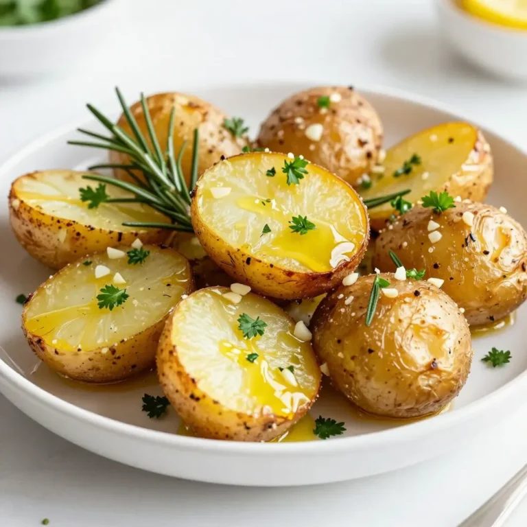 To make these tasty rosemary garlic roasted potatoes, gather the following: - 2 pounds baby potatoes, halved - 4 cloves garlic, minced - 3 tablespoons fresh rosemary, chopped (or 1 tablespoon dried) - 3 tablespoons olive oil - 1 teaspoon sea salt - ½ teaspoon black pepper - 1 tablespoon lemon juice - Optional: Fresh parsley for garnish If you need to swap some ingredients, here are some ideas: - Potatoes: You can use Yukon Gold or red potatoes. - Garlic: Garlic powder can work in a pinch. Use 1 teaspoon for each clove. - Rosemary: Try thyme or oregano for a different flavor. - Olive oil: Canola or avocado oil are good alternatives. - Lemon juice: Use vinegar for a tangy twist. Choosing the right potatoes is key. Look for firm baby potatoes without blemishes. The skin should feel smooth. If you can, pick potatoes that are similar in size. This helps them cook evenly. When you roast them, they turn soft inside and crispy outside. That's what we want. Always wash potatoes well before using them. This helps remove dirt and any chemicals. {{ingredient_image_1}} Start with 2 pounds of baby potatoes. Halve each potato so they cook evenly. Rinse them under cold water to remove dirt. Pat them dry with a clean towel. This step helps get the skin crisp. In a large bowl, add your halved potatoes. Next, add 4 cloves of minced garlic. Then, toss in 3 tablespoons of chopped fresh rosemary. If you use dried rosemary, 1 tablespoon works well. Pour in 3 tablespoons of olive oil, 1 teaspoon of sea salt, and ½ teaspoon of black pepper. Mix everything together until the potatoes are covered. The oil and spices make them tasty. Finally, drizzle 1 tablespoon of lemon juice over the mix. Stir gently to combine. Preheat your oven to 425°F (220°C). Spread the potato mix on a baking sheet. Use parchment paper to make cleanup easy. Make sure to spread them out so they roast well. Roast for 25-30 minutes. Halfway through, turn the potatoes for even browning. You want them golden brown and crispy. Once done, take them out and let them cool for a few minutes. If you like, sprinkle fresh parsley on top before serving. Enjoy your delicious rosemary garlic roasted potatoes! To boost the flavor of your rosemary garlic roasted potatoes, consider using fresh herbs. Fresh rosemary adds a bright taste. You can also mix in thyme or oregano for more depth. Try adding a sprinkle of grated Parmesan cheese before serving. This adds a salty, savory touch that pairs well with the garlic. A squeeze of fresh lemon juice brightens the dish and enhances all the flavors. You only need a few tools for this recipe. A large mixing bowl helps combine the ingredients well. Use a cutting board and sharp knife to cut the potatoes and mince the garlic easily. A baking sheet lined with parchment paper makes cleanup a breeze and ensures even roasting. For best results, a good-quality oven thermometer can help ensure your oven is at the right temperature. To get crispy potatoes, start by cutting them into even pieces. This ensures they cook at the same rate. Make sure to coat them well in olive oil. This helps create a crispy outer layer. During roasting, turn the potatoes halfway through. This ensures they brown evenly on all sides. Roast until they are deep golden brown and crispy. Let them cool for a few minutes before serving to maintain that nice crunch. Pro Tips Use Fresh Herbs: Fresh rosemary will provide a more vibrant flavor compared to dried, enhancing the overall taste of the dish. Even Sizing: Ensure the baby potatoes are roughly the same size for even cooking and browning, leading to perfectly roasted results. Don’t Skip the Lemon: The lemon juice adds a bright acidity that balances the richness of the potatoes and enhances their flavor. Garnish for Freshness: Adding fresh parsley right before serving not only adds color but also a fresh herbal note to the dish. {{image_2}} You can change the flavor of your roasted potatoes by adding different herbs. Try using thyme or oregano instead of rosemary. Both herbs will give a fresh taste. Mix and match your herbs for fun. This lets you create a new dish each time. Roasted potatoes can be even better with extra veggies. Carrots, bell peppers, or zucchini all work well. Cut them into similar sizes as the potatoes. This helps all the vegetables cook evenly. You can add these to the bowl when mixing the potatoes. This makes a colorful and tasty side dish. If you like heat, try adding red pepper flakes or paprika. These spices bring warmth and depth to your potatoes. Just a pinch can change the whole dish. For a smoky flavor, you can add smoked paprika or even some diced bacon. These additions make your potatoes exciting and full of flavor. To store your leftover rosemary garlic roasted potatoes, let them cool first. Place them in an airtight container. Make sure to keep them in the fridge. They will stay fresh for about 3 to 5 days. If you want to keep them longer, freezing is a great option. To reheat your potatoes, use the oven for the best crisp. Preheat your oven to 400°F (200°C). Spread the potatoes on a baking sheet. Heat them for about 10 to 15 minutes. This method brings back their crunchy texture. You can also use a microwave if you're in a hurry, but they might not be as crispy. Freezing rosemary garlic roasted potatoes is simple. After cooling, place them in a freezer-safe bag. Squeeze out as much air as you can before sealing. They can last for up to 2 months in the freezer. When you’re ready to eat them, thaw in the fridge overnight. Then reheat in the oven for best results. Enjoy your tasty leftovers! For roasting, I recommend using baby potatoes. They cook evenly and have a nice texture. You can also use Yukon Gold or red potatoes. These types have a creamy inside and crisp skin. If you want a firmer texture, try fingerling potatoes. Remember, the size matters. Halving the potatoes helps them crisp up nicely. Yes, you can use dried rosemary. It works well and saves time. Use about one tablespoon of dried rosemary for every three tablespoons of fresh. Dried herbs are more concentrated, so you need less. However, fresh rosemary brings a bright flavor that dried cannot match. If you can, use fresh for the best taste. This recipe is already vegan! All the ingredients are plant-based. You can enjoy these tasty potatoes without any animal products. If you want extra flavor, add a dash of nutritional yeast. It gives a cheesy taste without dairy. Enjoy your crispy, flavorful, vegan dish! In this article, we explored how to make delicious rosemary garlic roasted potatoes. We discussed the best ingredients, how to prep and roast them for crispiness, and shared tips for enhancing flavor. I also covered fun variations to try and the best ways to store leftovers. In closing, these potatoes can be a tasty side for any meal. Enjoy experimenting with flavors and textures. Happy cooking!