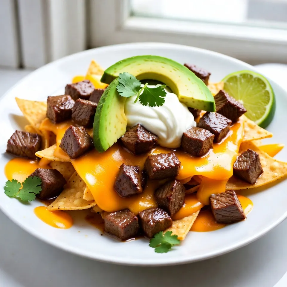 - 1 pound flank steak, cut into bite-sized cubes - 8 ounces tortilla chips - 1 cup shredded cheddar cheese - 1 cup shredded Monterey Jack cheese - 4 tablespoons unsalted butter - 4 cloves garlic, minced - 1 teaspoon smoked paprika - 1 teaspoon black pepper - Salt to taste - Optional: 1 jalapeño, sliced - Optional: 1 avocado, diced - Optional: ½ cup sour cream - Optional: ¼ cup fresh cilantro, chopped - Optional: 2 tablespoons lime juice 1. First, season the steak cubes with salt, black pepper, and smoked paprika. This adds great flavor. 2. Next, melt 2 tablespoons of butter in a skillet over medium heat. 3. Add minced garlic and sauté for 1-2 minutes until it smells amazing but not brown. Remove the skillet from heat. 1. Turn the heat to high. Add the seasoned steak bites to the same skillet. 2. Cook for about 3-4 minutes, stirring often. You want them browned to your liking. 3. Once done, pour the garlic butter over the steak. Toss well to coat each piece. 4. On a baking sheet, layer half of the tortilla chips. 5. Sprinkle half of each cheese over the chips. Then add the garlic butter steak bites and any jalapeño slices. 6. Top with the rest of the chips and the remaining cheese. 1. Preheat your oven to 375°F (190°C) while you prep. 2. Bake the nachos for about 10-12 minutes. You’ll know they’re ready when the cheese is melted and bubbly. 3. Finally, take them out of the oven and add diced avocado, a dollop of sour cream, cilantro, and a drizzle of lime juice. {{ingredient_image_1}} Achieving desired doneness To get your steak just right, use a meat thermometer. Aim for 125°F for rare, 135°F for medium rare, and 145°F for medium. Remember, the steak will keep cooking a bit after you take it off the heat. Let it rest for about five minutes before slicing. This lets the juices settle. Choosing the right cut of steak Flank steak works well for this dish because it cooks fast and is very tasty. You can also use sirloin or ribeye if you prefer. Just cut them into bite-sized pieces. Make sure your steak has some marbling; this adds flavor and keeps it juicy. Additional seasoning options Besides smoked paprika, try adding chili powder or cumin for a spicy kick. You can also sprinkle some garlic powder or onion powder for extra flavor. Just be careful not to overpower the steak's natural taste. Creative garnishing ideas Dress your nachos up with fresh toppings. Diced red onion or sliced olives can add color and flavor. A squeeze of lime juice brightens everything up. You can even use a drizzle of your favorite hot sauce for a fun twist. Place garnishes right before serving to keep them fresh. Substituting steak with chicken or shrimp If you're in the mood for chicken, use bite-sized pieces of grilled chicken breast. For shrimp, sauté them in garlic butter until they turn pink. Both options will give you a tasty twist on the nachos. Vegetarian alternative ideas For a veggie version, replace the steak with black beans or sautéed mushrooms. You can also use grilled veggies like bell peppers, zucchini, and corn. This makes for a hearty and colorful dish. Using different cheese blends Try mixing cheeses like pepper jack for a spicy touch or gouda for a creamy flavor. You can also use a blend of mozzarella and cheddar for a milder taste. The cheese should melt well and complement the steak. Exploring tortilla chip varieties While traditional tortilla chips work great, you can use flavored ones like chili lime or nacho cheese. For a healthier option, try baked chips or even veggie chips. They add a unique taste and crunch to your nachos. To store leftover nachos, you need to keep them fresh. First, let the nachos cool down to room temperature. Then, layer the nachos in an airtight container. If you have a lot, you can separate the toppings from the chips. This helps keep the chips crispy. - Use shallow, airtight containers to avoid crushing the chips. - Wrap them tightly in plastic wrap if you don’t have containers. When reheating nachos, the oven is best for keeping the texture. Preheat your oven to 350°F (175°C). Spread the nachos on a baking sheet and heat for about 10 minutes. This helps the cheese melt again and keeps the chips crunchy. You can also use the microwave for speed. Place the nachos on a microwave-safe plate. Heat them in short bursts of 30 seconds. Check often to avoid soggy chips. If you choose the microwave, they will not be as crispy. Pro Tips Choose the Right Cut: For the best flavor and tenderness, flank steak is recommended, but you can also use sirloin or ribeye for a richer taste. Don’t Overcook the Steak: Aim for medium-rare to medium doneness for juicy steak bites. Remove from heat when they reach an internal temperature of 130°F to 140°F (54°C to 60°C). Layering for Maximum Cheese: For gooey cheese coverage, ensure chips are layered well and cheese is evenly distributed over the top layer before baking. Customize Your Toppings: Feel free to add your favorite toppings like diced tomatoes, olives, or pickled onions to make the nachos your own! {{image_2}} Can I make this recipe ahead of time? Yes, you can prepare the steak bites ahead of time. Cook the steak and store it in the fridge. When you're ready, layer the nachos and bake them. This keeps your nachos fresh and tasty. What can I serve with garlic butter steak bites nachos? You can serve these nachos with a side of salsa or guacamole. They pair well with a refreshing salad too. For drinks, try some cold beer or a fruity soda. Gluten-free options To make this dish gluten-free, use gluten-free tortilla chips. Check labels to ensure they meet your needs. The rest of the ingredients should be gluten-free as well. Dairy-free substitutes For a dairy-free version, replace the cheeses with dairy-free alternatives. Look for cheese made from nuts or soy. You can also use dairy-free sour cream to maintain creaminess. This blog covered how to make tasty garlic butter steak bites nachos. We looked at key ingredients like flank steak, cheese, and tortilla chips. I shared step-by-step cooking instructions, along with tips for perfect flavor and texture. You can also try variations with different proteins and cheeses. Lastly, I provided ways to store and reheat leftovers. Enjoy creating this dish! It’s sure to impress everyone at your table.