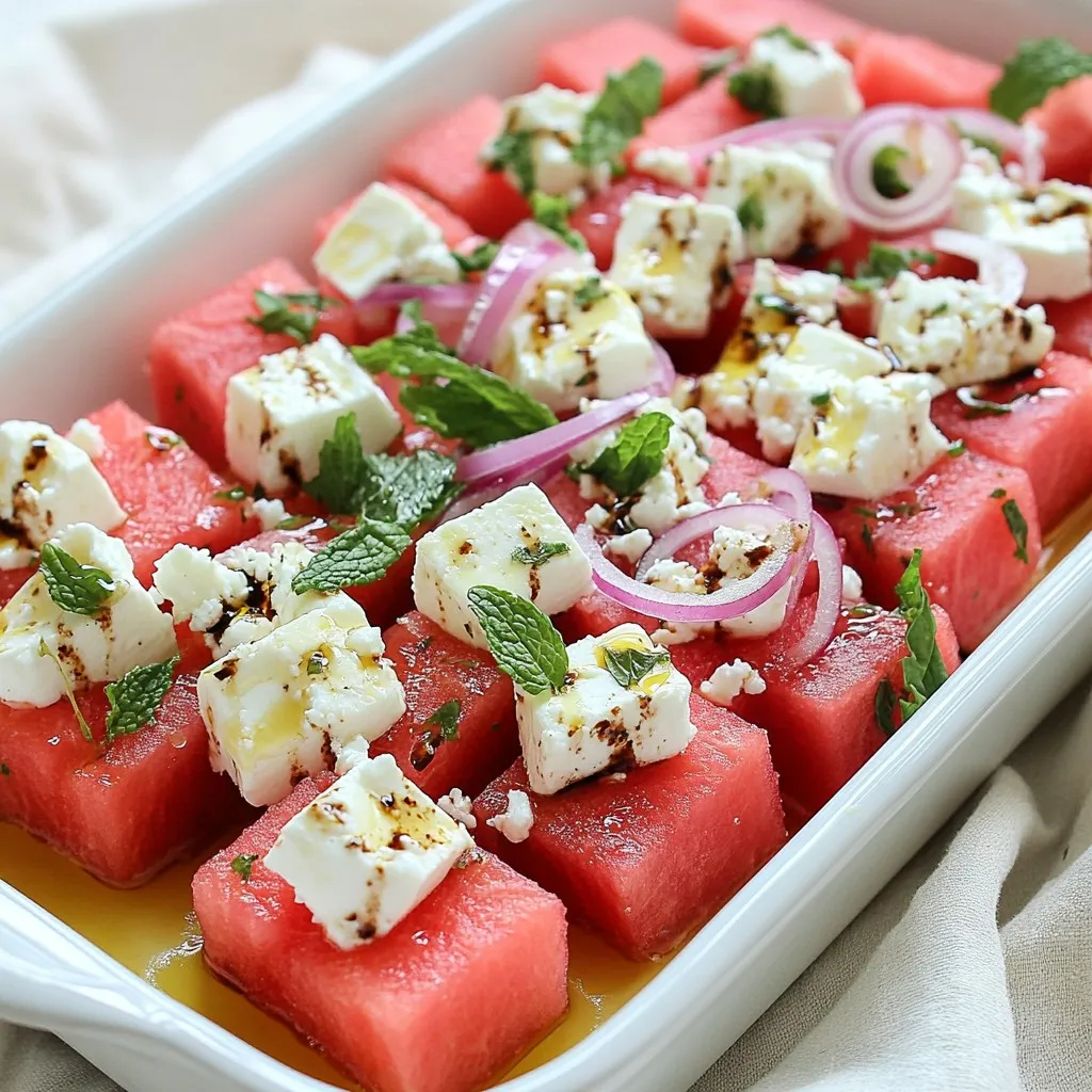 - 4 cups watermelon, cubed - 1 cup feta cheese, crumbled - 1/4 cup fresh mint leaves, chopped - 1/4 cup red onion, thinly sliced - 2 tablespoons olive oil - 1 tablespoon balsamic glaze - Salt and pepper to taste These main ingredients create a fresh and bright taste. The sweet watermelon pairs well with the salty feta. Mint adds a cool touch, while red onion gives a nice crunch. - Cucumber, diced - Avocado, cubed - A squeeze of lemon juice - Chopped nuts, like pistachios or walnuts Adding these optional ingredients can boost taste and texture. Cucumber adds a crisp bite, and avocado brings creaminess. A bit of lemon juice lifts the flavors, while nuts add crunch. - Watermelon: Look for locally sourced or organic options. - Feta cheese: Try brands like Athenos or President for great flavor. - Olive oil: Use extra virgin olive oil from brands like Colavita or California Olive Ranch. - Balsamic glaze: I recommend brands like Pompeian or O Gourmet. Choosing quality ingredients makes a big difference. Fresh, flavorful items will elevate your salad. Always check for freshness and quality when shopping. {{ingredient_image_1}} First, pick a ripe watermelon. A good watermelon feels heavy and has a dull spot. Cut the watermelon into bite-sized cubes. I like to make them around one inch. Place the cubes in a large mixing bowl. Next, take the feta cheese and crumble it. It should look like small, soft pieces. Add the crumbled feta on top of the watermelon. Let the cheese nestle into the fruit, creating a balanced mix. For the dressing, grab a small bowl. Add two tablespoons of olive oil. Then, include one tablespoon of balsamic glaze. This glaze adds a nice sweetness. Next, add salt and pepper to taste. Use a whisk to mix these ingredients well. You want the dressing to blend smoothly. This step is key for flavor in your salad. Now, it's time to combine everything. Pour the dressing over the watermelon and feta. Gently toss all the ingredients together. Be careful not to break the watermelon cubes. You want your salad to have nice chunks. Finally, let the salad sit for five minutes. This helps the flavors blend together. Your refreshing watermelon feta salad is now ready to enjoy! When you cut watermelon, start by washing it. This step keeps dirt away. Next, cut the watermelon in half. Then, place one half flat on the board. Slice it into long strips. After that, cut each strip into cubes. This method helps keep your pieces neat and even. Always use a sharp knife for clean cuts. To chill your salad, first, make the dressing. Then, mix all the ingredients in a bowl. Cover the bowl with plastic wrap. Place it in the fridge for about 30 minutes. Chilling lets flavors blend well. It also cools the salad, making it refreshing on hot days. To keep your salad fresh, use ripe watermelon. It should feel heavy and sound hollow when tapped. Store the salad in an airtight container. This will help keep the mint and feta fresh. If you make it ahead, add the dressing just before serving. This way, the watermelon stays crunchy and bright. Pro Tips Use Chilled Watermelon: For an extra refreshing salad, chill your watermelon in the refrigerator for a few hours before preparation. Fresh Mint is Key: Always opt for fresh mint leaves instead of dried for a vibrant flavor that enhances the salad. Balance the Flavors: Adjust the amount of balsamic glaze and salt to find the perfect balance between sweet and savory in your salad. Presentation Matters: Serve the salad in a clear bowl to showcase the beautiful colors and textures, making it visually appealing. {{image_2}} You can mix in other fruits to change the flavor. Try adding strawberries or blueberries. These fruits add sweetness and color. You can also use peaches or mangoes for a tropical twist. The sweet juices from these fruits pair well with the salty feta. Experiment with what you love most! Feta cheese gives this salad a great taste, but you can swap it out. Try goat cheese for a creamier option. It adds a rich flavor that goes well with watermelon. You might also use mozzarella for a milder taste. Each cheese brings a new vibe to the dish! Herbs and spices can change the salad's flavor profile. Fresh basil adds a lovely aroma and taste. You can also sprinkle some chili flakes for a little heat. If you like a tangy flavor, add a squeeze of lime juice. These tweaks make the salad unique and fun! To keep your Watermelon Feta Salad fresh, place it in an airtight container. This helps prevent air from getting in and keeps it crisp. If you have some dressing left, store it separately. This way, your salad won’t get soggy. You can keep the salad in the fridge for up to three days. However, for best taste, eat it within two days. The watermelon may start to lose its crunch after that. Always check for any signs of spoilage before eating. I recommend using glass containers for storage. Glass keeps food fresh longer and doesn’t retain odors. If you prefer plastic, choose BPA-free containers. Make sure they have tight-fitting lids to keep the salad safe from other fridge smells. Yes, you can make this salad ahead of time. However, I suggest waiting to add the dressing until just before serving. This keeps the watermelon fresh and crisp. If you mix it too early, the watermelon can get soggy. This salad pairs well with grilled meats, like chicken or steak. You can also serve it with crusty bread or as a side to a picnic. It adds a refreshing touch to any meal and complements rich flavors. Yes, Watermelon Feta Salad is a healthy choice. Watermelon is hydrating and low in calories. Feta cheese adds protein and calcium. Fresh mint and onions also provide vitamins. Overall, this salad is both tasty and nutritious! This post covered how to make a refreshing Watermelon Feta Salad. We explored the best ingredients, from juicy watermelon to tangy feta. I shared step-by-step instructions for easy preparation, along with tips to keep your salad fresh. We also discussed fun variations to make it your own. Lastly, I provided storage tips to keep leftovers tasty. Enjoy making this salad all summer long! It’s simple, tasty, and healthy.