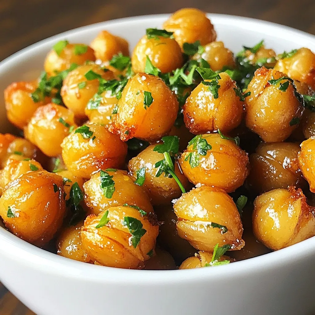To make Garlic Herb Roasted Chickpeas, gather the following items: - 1 can (15 oz) chickpeas, drained and rinsed - 2 tablespoons olive oil - 4 cloves garlic, minced - 1 teaspoon dried oregano - 1 teaspoon dried thyme - 1 teaspoon smoked paprika - Salt and pepper to taste - Freshly chopped parsley for garnish You can swap ingredients for different flavors or needs. Use any of these: - Replace olive oil with avocado oil for a different taste. - Swap minced garlic with garlic powder if you are in a hurry. - Use fresh herbs instead of dried ones for more flavor. - If you don’t have smoked paprika, regular paprika works too. - Add a squeeze of lemon juice for a tangy twist. Chickpeas are not just tasty; they are also very good for you. Here are some benefits: - They provide protein, making them great for plant-based diets. - Chickpeas are high in fiber, which helps digestion. - They help keep your heart healthy by lowering cholesterol. - Their low glycemic index helps control blood sugar levels. - The nutrients in chickpeas can support weight management. Enjoy making this snack! You'll love its crunch and flavor. {{ingredient_image_1}} Start by preheating your oven to 400°F (200°C). Take a can of chickpeas and drain it. Rinse the chickpeas under cold water. This step helps remove excess salt and preservatives. After rinsing, place the chickpeas on a clean kitchen towel. Pat them dry gently. Removing moisture is key for crispy chickpeas. In a mixing bowl, pour in 2 tablespoons of olive oil. Add 4 minced garlic cloves for that rich flavor. Next, include 1 teaspoon each of dried oregano and thyme. These herbs give the chickpeas a lovely taste. Add 1 teaspoon of smoked paprika for a hint of smokiness. Season with salt and pepper to your liking. Mix all the ingredients well. This marinade will coat the chickpeas perfectly. Now, add the dried chickpeas to the bowl. Toss them until they are fully coated with the marinade. Line a baking sheet with parchment paper for easy cleanup. Spread the chickpeas in a single layer on the sheet. Roast in your preheated oven for 25-30 minutes. Stir them halfway through to cook evenly. Keep an eye on them towards the end. You want them golden brown and crispy. Once they are done, take them out and let them cool for a few minutes. Transfer the chickpeas to a serving bowl and sprinkle with fresh parsley. This adds a pop of color and flavor. Enjoy your crunchy snack! To get your chickpeas nice and crispy, start by drying them well. After rinsing, spread them on a clean towel. Pat them dry gently until no moisture remains. Moisture makes them soft, so this step is key. Use a high heat of 400°F (200°C) for roasting. This helps them crisp up nicely. Stir them halfway through cooking to ensure even browning. Keep an eye on them toward the end to avoid burning. The flavor of your Garlic Herb Roasted Chickpeas can be a fun twist. Besides garlic, try adding a pinch of cayenne for heat. You could also use lemon zest for a fresh zing. For a smoky touch, add a bit more smoked paprika. Want something sweet? Sprinkle some cinnamon. Feel free to mix and match to find your favorite flavor. Serve your roasted chickpeas in a bright bowl for a nice presentation. They look great topped with fresh parsley. Pair them with a dipping sauce like hummus or yogurt for extra fun. You can also serve them on a salad or as a crunchy topping on soups. Enjoy them as a snack at movie night or pack them for lunch. Pro Tips Dry Chickpeas Thoroughly: Make sure to pat the chickpeas dry completely with a kitchen towel. This step is crucial for achieving that perfect crispy texture. Season Generously: Feel free to adjust the seasoning to your taste. Adding more garlic or spices can enhance the flavor profile of the roasted chickpeas. Watch the Roast Time: Keep a close eye on the chickpeas during the last few minutes of roasting. Oven temperatures can vary, and you want them golden brown, not burnt. Experiment with Flavors: Try mixing in different spices or herbs, such as cumin or chili powder, for a unique twist on the classic garlic herb flavor. {{image_2}} You can change the taste of roasted chickpeas easily. For a spicy kick, add cayenne pepper or chili powder to the marinade. This will give a nice heat and keep you reaching for more. If you prefer sweet, swap out spices for cinnamon and a bit of brown sugar. The sweet and savory mix is a treat! Want to make them more fun? Toss in some veggies. Bell peppers or zucchini pieces roast well with chickpeas. You can also add nuts like almonds or cashews. They will give a nice crunch and extra flavor. Just chop them up and mix with the chickpeas before roasting. This recipe is already vegan-friendly! All the ingredients, like chickpeas and olive oil, are plant-based. You can feel good about serving them to anyone. If you want to boost protein, pair these chickpeas with a vegan dip, such as hummus or guacamole. They make a great snack that fits any diet. To store your Garlic Herb Roasted Chickpeas, let them cool completely first. Then, place them in an airtight container. You can keep them at room temperature for up to two days. If you want them to last longer, you can store them in the fridge for about a week. Just remember, they may lose some crunch when stored. If you want to enjoy the crunch again, reheating is key. Preheat your oven to 350°F (175°C). Spread the leftover chickpeas on a baking sheet. Heat them in the oven for about 10 minutes. This will help bring back their crispy texture. Avoid using a microwave, as it may make them soggy. You can freeze your Garlic Herb Roasted Chickpeas for later. Just make sure they are completely cool. Place them in a freezer-safe bag or container. They can last for up to three months in the freezer. When you’re ready to eat them, thaw in the fridge overnight. Then, reheat them in the oven for that fresh-out-of-the-oven taste. Garlic Herb Roasted Chickpeas can last about 3 to 4 days. Store them in an airtight container. Keep them at room temperature for the best crunch. If you put them in the fridge, they may lose their crispiness. Yes, you can use dried chickpeas! First, soak them overnight in water. Then, cook them until soft. After cooking, follow the same steps as with canned chickpeas. Just remember to dry them well before roasting. Some great dipping sauces are hummus, tzatziki, or a spicy yogurt dip. You can also try a creamy ranch dressing. Each sauce adds a new twist to the crunchy snack. This article shared how to make delicious garlic herb roasted chickpeas. We covered ingredients, substitutions, and health benefits. You learned the step-by-step process, and tips for crispiness and seasoning. We looked at flavor variations and ways to make it vegan. Finally, we discussed storage and answered common questions. Remember, roasting chickpeas is easy and tasty. Enjoy exploring different flavors and serving ideas. Your next snack could be a hit!