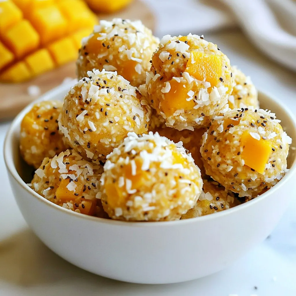 - 1 cup rolled oats - 1/2 cup dried mango, chopped - 1/2 cup unsweetened shredded coconut - 1/4 cup honey or maple syrup - 1/2 cup almond butter or peanut butter - 1 teaspoon vanilla extract - 1/4 teaspoon sea salt - 1/4 cup chia seeds or flaxseeds (optional) To make these Coconut Mango Energy Bites, you need simple yet tasty ingredients. Rolled oats form the base. Dried mango adds a sweet, fruity flavor. Shredded coconut gives a tropical touch. Honey or maple syrup brings natural sweetness. Almond or peanut butter adds creaminess and healthy fats. Vanilla extract enhances the overall taste. A pinch of sea salt balances all the flavors. If you want, add chia or flaxseeds for extra nutrition. You can swap almond butter for sunflower seed butter if needed. This works well for nut allergies. Peanut butter is a great alternative too. For sweeteners, honey and maple syrup are both good choices. Honey is thicker, while maple syrup is runnier. Choose the one you like best for your energy bites. Coconut Mango Energy Bites are packed with nutrients. Each bite has about 100 calories. You get around 3 grams of protein and 6 grams of healthy fats. The carbs mainly come from oats and dried fruit. - Health benefits: - Rolled oats provide fiber and keep you full. - Dried mango adds vitamins A and C. - Shredded coconut contains healthy fats. - Almond or peanut butter gives protein and energy. These bites not only taste great but also fuel your day. Enjoy them as a snack or a quick breakfast! {{ingredient_image_1}} 1. Mixing dry ingredients: Start by taking a large mixing bowl. Add 1 cup of rolled oats, 1/2 cup of chopped dried mango, and 1/2 cup of unsweetened shredded coconut. If you like, you can also add 1/4 cup of chia seeds or flaxseeds for extra nutrition. Stir these dry ingredients well. This mix gives your bites a great texture and flavor. 2. Combining wet ingredients: In a separate bowl, whisk together 1/4 cup of honey or maple syrup, 1/2 cup of almond butter or peanut butter, 1 teaspoon of vanilla extract, and 1/4 teaspoon of sea salt. Make sure this mixture is smooth and well combined. This part adds sweetness and binds your energy bites together. 1. Techniques for rolling the bites: Now, pour the wet mixture into the bowl with the dry ingredients. Mix everything until it is evenly coated. Use your hands to form the mixture into small balls, about 1 inch in size. This is where the fun begins! 2. Adjusting consistency (if sticky): If your mixture feels too sticky, dampen your hands with a little water. This makes it easier to roll the bites without sticking to your fingers. 1. Recommended refrigeration time: Once you have rolled all the bites, place them on a baking sheet or a plate lined with parchment paper. You should refrigerate them for at least 30 minutes. This helps them firm up nicely. 2. Ensuring proper storage setup: After they set, store your energy bites in an airtight container in the fridge. They will stay fresh for up to one week. Enjoy these tasty snacks whenever you need a boost! To adjust sweetness levels, taste the mix before rolling. If you want it sweeter, add more honey or maple syrup. Mix it well to blend everything. You can also reduce sweetness by cutting back on sweetener. This gives you control over the flavor. If your bites feel too sticky, dampen your hands with water. This small trick helps you roll them easier. If they are still sticky, add more oats. Oats absorb moisture and help firm up the mix. For a stunning presentation, serve these bites in a small bowl or on a pretty platter. Sprinkle extra shredded coconut around them for a fun tropical look. This makes your snack more inviting. You can pair these bites with yogurt or fruit. They also go well with a smoothie or a cup of tea. They make great snacks for any meal or even dessert. Want to boost the protein? Just add a scoop of protein powder to the mix. This simple step makes the bites even better for your health. You can also include superfoods like chia seeds or flaxseeds. These tiny seeds pack a big punch of nutrition. They add fiber and healthy fats, making your energy bites even more beneficial. Pro Tips Store in the Fridge: Keeping these energy bites in the refrigerator helps maintain their firmness and freshness for longer. Mix It Up: Feel free to substitute other dried fruits or nuts based on your preference to create different flavor combinations. Boost Nutrition: Adding protein powder or superfood powders can enhance the nutritional value of these energy bites. Perfect Portioning: Use a cookie scoop for evenly sized bites, ensuring consistent portion sizes for snacking. {{image_2}} You can switch up the flavors in your energy bites. Try different dried fruits like: - Dried apricots - Dried cranberries - Dried figs These fruits add new tastes and textures. You can also play with spices. A dash of cinnamon or nutmeg can bring warmth to your bites. Just a little goes a long way! If you have dietary needs, you can adjust the recipe easily. For a vegan option, swap honey for maple syrup. Use sunflower seed butter for a nut-free version. For gluten-free bites, check that your oats are certified gluten-free. This ensures everyone can enjoy these tasty snacks. You can make your energy bites in different sizes. If you want larger snacks, form them into 1.5-inch balls. For mini bites, make them smaller, about half an inch. You can also create energy bite bars by pressing the mixture into a lined pan. This way, you get easy grab-and-go treats! To keep your Coconut Mango Energy Bites fresh, store them in an airtight container. This locks in moisture and flavor. Choose containers that are glass or high-quality plastic. Avoid paper bags, as they let air in. Place a piece of parchment paper between layers to prevent sticking. You can freeze these energy bites for longer storage. First, place them on a baking sheet and freeze until firm. This helps each bite keep its shape. Once frozen, transfer them to a freezer bag. Remove as much air as possible. When you want to eat them, take out a few bites. Let them thaw in the fridge for an hour for the best texture. In the fridge, these energy bites last about one week. Keep an eye out for any change in smell or color. If they feel slimy or hard, it's time to toss them. Always trust your senses—if something seems off, it’s better to be safe. Coconut Mango Energy Bites last up to one week in the fridge. Store them in an airtight container to keep them fresh. If you want a longer shelf life, freeze them. They can last up to three months in the freezer. Just thaw them in the fridge before eating. You can use fresh mango, but it changes the texture. Fresh mango adds moisture, which can make the bites softer. Dried mango has a chewy texture and is sweeter. If you use fresh, reduce other liquid ingredients to balance the mix. Yes, these energy bites are healthy. They provide fiber from oats and healthy fats from nut butter. The dried mango adds natural sweetness and vitamins. Overall, these bites are a great snack to fuel your day. They keep you energized and satisfied. To boost protein, add a scoop of protein powder to the mix. You can also use Greek yogurt as a binder instead of nut butter. Another option is to mix in some chopped nuts or seeds. These will give you extra protein and crunch. Coconut Mango Energy Bites are easy to make and tasty. You learned key ingredients and how to prepare them step by step. Be sure to try different flavors and adjust the sweetness. Remember the best storage tips to keep them fresh longer. These bites are not only fun to make but also a healthy snack choice. I hope you feel inspired to create your own energy bites and enjoy their benefits. Try new flavors and share them with friends!