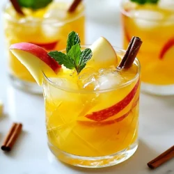 - 2 cups apple cider - 1/2 cup fresh lemon juice - 1/2 cup honey or maple syrup Apple cider is the star of this drink. It brings a sweet, crisp flavor. Fresh lemon juice adds a bright zing. You can adjust the sweetness with honey or maple syrup, depending on your taste. - 1 teaspoon cinnamon - 1/4 teaspoon nutmeg Cinnamon gives warmth and spice. Nutmeg adds a subtle earthiness. Together, they create a cozy mix that feels like fall in a glass. This blend makes the drink comforting yet refreshing. - Fresh apple slices - Cinnamon sticks - Mint leaves Garnishes are key to presentation. Fresh apple slices add color and a hint of crunch. A cinnamon stick looks lovely and can add flavor. Mint leaves give a pop of green and a fresh aroma. These elements make your drink visually enticing and flavorful. {{ingredient_image_1}} First, grab a large pitcher. In it, combine 2 cups of apple cider with 1/2 cup of fresh lemon juice. Add in 1 teaspoon of cinnamon and 1/4 teaspoon of nutmeg. Next, pour in 1/2 cup of honey or maple syrup. Stir well until the sweetener fully dissolves. This mix brings together sweet and tart flavors that dance on your taste buds. Now, fill a cocktail shaker halfway with ice cubes. Pour in 1 cup of your apple cider mixture. Secure the shaker lid tightly. Shake it vigorously for about 15 to 20 seconds. This step chills the drink and blends the flavors well. Next, strain the chilled mixture into glasses filled with ice. Fill each glass about two-thirds full. If you want some fizz, top each glass with sparkling water. Finally, garnish your drink with fresh apple slices, a cinnamon stick, and a sprig of mint. These add a lovely aroma and a beautiful look. You can easily change the sweetness of your Apple Cider Bourbon Smash. If you like it sweeter, add more honey or maple syrup. Start with half a cup, then taste. Add more until it suits your taste. Honey gives a rich flavor, while maple syrup adds a unique twist. Just remember, a little goes a long way! To make your drink nice and cold, shake it well! Fill your cocktail shaker halfway with ice before adding the mixture. Close it tightly and shake for about 15-20 seconds. This helps cool the drink and mix the flavors. The better you shake, the colder and tastier your drink will be. Serving your cocktail in clear glasses makes it shine! The golden color of the drink looks lovely. Add fresh apple slices on the rim for a pop of color. A cinnamon stick and mint leaves on top add a nice touch. These simple garnishes make your drink look fancy and inviting. Pro Tips Chill Your Glasses: For an extra refreshing drink, chill your glasses in the freezer for about 10-15 minutes before serving. Adjust Sweetness: Taste the mixture before serving and adjust the sweetness with more honey or maple syrup according to your preference. Experiment with Spices: Feel free to add other spices like ginger or allspice to give your drink a unique twist. Make it a Mocktail: For a non-alcoholic version, simply leave out the bourbon and enjoy the refreshing flavors of the apple cider mixture. {{image_2}} You can add cranberries or oranges to your Apple Cider Bourbon Smash. These fruits bring a festive touch. Cranberries add a tart note, while oranges offer a sweet zing. Just toss in a handful of fresh cranberries or a few orange slices to your mix. This small change makes your drink feel special for parties or holidays. If you want a mocktail, skip the bourbon. Use the same base with apple cider and lemon juice. Add a splash of soda water for fizz. This way, everyone can enjoy the refreshing taste. Garnish with apple slices and mint leaves to keep it fun and festive. You can switch the bourbon for other spirits too. Rye whiskey adds a spicy kick, while rum can give a tropical feel. Try using spiced rum for added warmth. Each spirit changes the drink's flavor but keeps it refreshing. Experiment to find your favorite twist! Store your Apple Cider Bourbon Smash in the fridge. Use a sealed jar or pitcher. The drink stays fresh for up to three days. Keep the garnishes separate until serving. This keeps them crisp and fresh. You can freeze the apple cider mixture. Pour it into ice cube trays. Once frozen, pop the cubes into a bag. This way, you can enjoy the drink later. Just thaw the cubes in the fridge before use. When prepped, the apple cider lasts about a week in the fridge. The lemon juice and spices help keep it fresh. If you use honey or syrup, it can last longer. Always check for signs of spoilage before drinking. An Apple Cider Bourbon Smash is a refreshing cocktail that combines sweet apple cider and smooth bourbon. This drink features tangy lemon juice and warm spices like cinnamon and nutmeg. The mix of flavors creates a cozy and vibrant taste. You can enjoy it chilled or with a splash of fizz. It's perfect for fall gatherings or any time you crave comfort in a glass. Yes, you can prepare this cocktail ahead of time. Mix the apple cider, lemon juice, spices, and sweetener in a pitcher. Store it in the fridge until you're ready to serve. When it's time to drink, simply shake with ice and pour into glasses. This makes it easier for parties or gatherings. Just remember to garnish each drink for that special touch. Serve your Apple Cider Bourbon Smash in clear glasses. This lets the golden color shine through. Fill the glasses with ice and pour the cocktail mixture over it. If you want a bubbly twist, add sparkling water on top. Garnish with fresh apple slices, a cinnamon stick, and mint leaves. This not only looks nice but adds more flavor too. In this post, we explored the Apple Cider Bourbon Smash, a tasty drink made with apple cider, lemon juice, and sweeteners like honey. We went through the steps of mixing, shaking, and serving, plus some great tips to enhance your cocktail experience. Remember, you can adjust sweetness, chill effectively, and use seasonal ingredients for new flavors. Whether you stick to the classic recipe or try variations, this drink will impress your guests. Enjoy making and sharing this delightful cocktail with your friends and family.