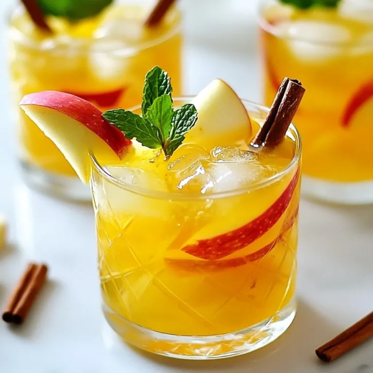 - 2 cups apple cider - 1/2 cup fresh lemon juice - 1/2 cup honey or maple syrup Apple cider is the star of this drink. It brings a sweet, crisp flavor. Fresh lemon juice adds a bright zing. You can adjust the sweetness with honey or maple syrup, depending on your taste. - 1 teaspoon cinnamon - 1/4 teaspoon nutmeg Cinnamon gives warmth and spice. Nutmeg adds a subtle earthiness. Together, they create a cozy mix that feels like fall in a glass. This blend makes the drink comforting yet refreshing. - Fresh apple slices - Cinnamon sticks - Mint leaves Garnishes are key to presentation. Fresh apple slices add color and a hint of crunch. A cinnamon stick looks lovely and can add flavor. Mint leaves give a pop of green and a fresh aroma. These elements make your drink visually enticing and flavorful. {{ingredient_image_1}} First, grab a large pitcher. In it, combine 2 cups of apple cider with 1/2 cup of fresh lemon juice. Add in 1 teaspoon of cinnamon and 1/4 teaspoon of nutmeg. Next, pour in 1/2 cup of honey or maple syrup. Stir well until the sweetener fully dissolves. This mix brings together sweet and tart flavors that dance on your taste buds. Now, fill a cocktail shaker halfway with ice cubes. Pour in 1 cup of your apple cider mixture. Secure the shaker lid tightly. Shake it vigorously for about 15 to 20 seconds. This step chills the drink and blends the flavors well. Next, strain the chilled mixture into glasses filled with ice. Fill each glass about two-thirds full. If you want some fizz, top each glass with sparkling water. Finally, garnish your drink with fresh apple slices, a cinnamon stick, and a sprig of mint. These add a lovely aroma and a beautiful look. You can easily change the sweetness of your Apple Cider Bourbon Smash. If you like it sweeter, add more honey or maple syrup. Start with half a cup, then taste. Add more until it suits your taste. Honey gives a rich flavor, while maple syrup adds a unique twist. Just remember, a little goes a long way! To make your drink nice and cold, shake it well! Fill your cocktail shaker halfway with ice before adding the mixture. Close it tightly and shake for about 15-20 seconds. This helps cool the drink and mix the flavors. The better you shake, the colder and tastier your drink will be. Serving your cocktail in clear glasses makes it shine! The golden color of the drink looks lovely. Add fresh apple slices on the rim for a pop of color. A cinnamon stick and mint leaves on top add a nice touch. These simple garnishes make your drink look fancy and inviting. Pro Tips Chill Your Glasses: For an extra refreshing drink, chill your glasses in the freezer for about 10-15 minutes before serving. Adjust Sweetness: Taste the mixture before serving and adjust the sweetness with more honey or maple syrup according to your preference. Experiment with Spices: Feel free to add other spices like ginger or allspice to give your drink a unique twist. Make it a Mocktail: For a non-alcoholic version, simply leave out the bourbon and enjoy the refreshing flavors of the apple cider mixture. {{image_2}} You can add cranberries or oranges to your Apple Cider Bourbon Smash. These fruits bring a festive touch. Cranberries add a tart note, while oranges offer a sweet zing. Just toss in a handful of fresh cranberries or a few orange slices to your mix. This small change makes your drink feel special for parties or holidays. If you want a mocktail, skip the bourbon. Use the same base with apple cider and lemon juice. Add a splash of soda water for fizz. This way, everyone can enjoy the refreshing taste. Garnish with apple slices and mint leaves to keep it fun and festive. You can switch the bourbon for other spirits too. Rye whiskey adds a spicy kick, while rum can give a tropical feel. Try using spiced rum for added warmth. Each spirit changes the drink's flavor but keeps it refreshing. Experiment to find your favorite twist! Store your Apple Cider Bourbon Smash in the fridge. Use a sealed jar or pitcher. The drink stays fresh for up to three days. Keep the garnishes separate until serving. This keeps them crisp and fresh. You can freeze the apple cider mixture. Pour it into ice cube trays. Once frozen, pop the cubes into a bag. This way, you can enjoy the drink later. Just thaw the cubes in the fridge before use. When prepped, the apple cider lasts about a week in the fridge. The lemon juice and spices help keep it fresh. If you use honey or syrup, it can last longer. Always check for signs of spoilage before drinking. An Apple Cider Bourbon Smash is a refreshing cocktail that combines sweet apple cider and smooth bourbon. This drink features tangy lemon juice and warm spices like cinnamon and nutmeg. The mix of flavors creates a cozy and vibrant taste. You can enjoy it chilled or with a splash of fizz. It's perfect for fall gatherings or any time you crave comfort in a glass. Yes, you can prepare this cocktail ahead of time. Mix the apple cider, lemon juice, spices, and sweetener in a pitcher. Store it in the fridge until you're ready to serve. When it's time to drink, simply shake with ice and pour into glasses. This makes it easier for parties or gatherings. Just remember to garnish each drink for that special touch. Serve your Apple Cider Bourbon Smash in clear glasses. This lets the golden color shine through. Fill the glasses with ice and pour the cocktail mixture over it. If you want a bubbly twist, add sparkling water on top. Garnish with fresh apple slices, a cinnamon stick, and mint leaves. This not only looks nice but adds more flavor too. In this post, we explored the Apple Cider Bourbon Smash, a tasty drink made with apple cider, lemon juice, and sweeteners like honey. We went through the steps of mixing, shaking, and serving, plus some great tips to enhance your cocktail experience. Remember, you can adjust sweetness, chill effectively, and use seasonal ingredients for new flavors. Whether you stick to the classic recipe or try variations, this drink will impress your guests. Enjoy making and sharing this delightful cocktail with your friends and family.