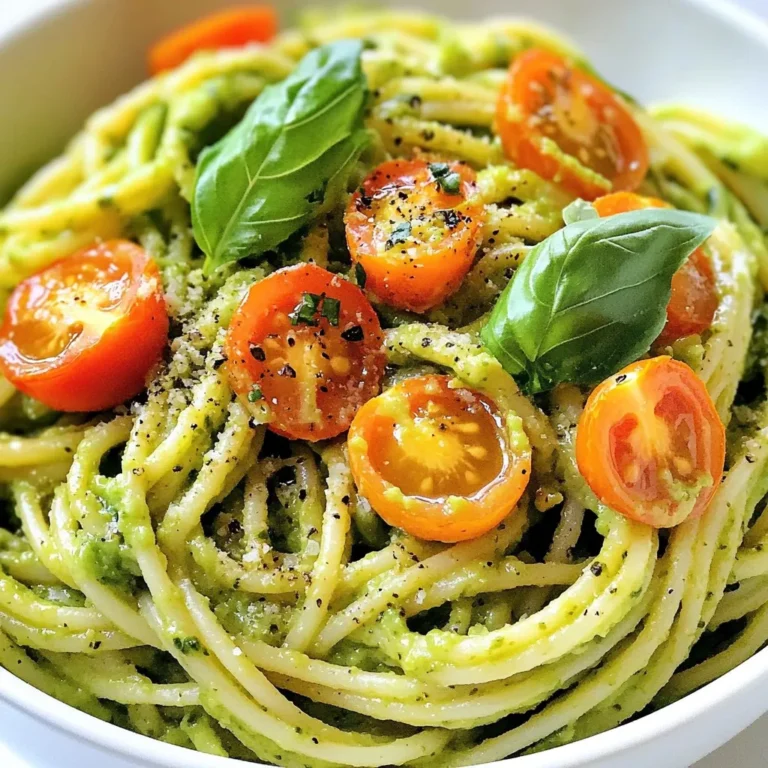 - 2 ripe avocados - 2 cups cooked pasta (spaghetti or fettuccine) - 1 garlic clove, minced - 1 tablespoon lemon juice - 1/4 cup fresh basil leaves - 1/4 cup grated Parmesan cheese (or nutritional yeast for vegan) - 1/4 cup olive oil - Salt and pepper to taste - Cherry tomatoes, halved (for garnish) To make creamy avocado pasta, start with ripe avocados. Look for ones that yield gently when you press them. They should feel soft but not mushy. These avocados create a rich, smooth sauce that makes your pasta shine. You also need cooked pasta. Spaghetti or fettuccine works best. Cook it according to the package. Don’t forget to save some pasta water for later! This water helps the sauce blend perfectly. Next, you'll need garlic. One clove is enough to add great flavor. Mince it finely to release its full taste. For the additional ingredients, lemon juice brightens the dish. Fresh basil leaves bring a fresh, herbaceous note. If you want a cheesy touch, use grated Parmesan cheese. For a vegan option, nutritional yeast works well too. Olive oil adds creaminess and richness to the sauce. Finally, season with salt and pepper to taste. Cherry tomatoes make a beautiful garnish. They add color and a nice burst of flavor. Gather all these ingredients, and you are ready to create a delightful and easy weeknight meal! {{ingredient_image_1}} First, you need to cook the pasta. Use either spaghetti or fettuccine. Boil water in a large pot and add a pinch of salt. Once boiling, add your pasta. Follow the package instructions for cooking times, usually around 8-10 minutes. Before you drain the pasta, save 1/2 cup of pasta water. This water is starchy and helps make the sauce creamy. After saving the water, drain the pasta and set it aside. Now, let’s make the sauce. In a blender, add the two ripe avocados. Include one minced garlic clove, one tablespoon of lemon juice, and 1/4 cup of fresh basil leaves. If you want a cheesy flavor, add 1/4 cup of grated Parmesan cheese. Next, pour in 1/4 cup of olive oil. Blend everything until it becomes a smooth and creamy mixture. If the sauce is too thick, slowly add some of the reserved pasta water. Blend again until you reach the right consistency. In a large mixing bowl, combine the cooked pasta with the creamy avocado sauce. Toss the pasta gently to coat it evenly. If your sauce seems thick, add a bit more reserved pasta water and mix again. For a lovely presentation, serve the pasta in bowls. Garnish with halved cherry tomatoes and extra basil leaves on top. This adds color and freshness to your dish. Enjoy your creamy avocado pasta! To make creamy avocado pasta, you need ripe avocados. Here’s how to pick them: - Look for avocados that feel slightly soft when you press them. - Check for dark green or black skin, which suggests ripeness. - Avoid any that have large dents or dark spots. If you can’t find avocados, you can use ripe bananas instead. They won’t taste the same, but they will give you a creamy texture. The sauce should be smooth and creamy. If it’s too thick, you can fix it. - Use reserved pasta water to adjust the sauce thickness. - Gradually add the water until you reach your desired texture. If you have leftover sauce, store it in an airtight container. It will last for 1-2 days in the fridge. Just remember, the sauce may darken over time. You can make your pasta even tastier with a few additions. - Try adding spices like red pepper flakes or black pepper for some heat. - Fresh herbs like parsley or cilantro can also boost flavor. For vegan diners, substitute Parmesan cheese with nutritional yeast. It gives a cheesy flavor without dairy. Pro Tips Use Ripe Avocados: Ensure your avocados are perfectly ripe for the creamiest sauce. They should yield slightly to gentle pressure when squeezed. Adjust Consistency: If your sauce is too thick, gradually add reserved pasta water until you reach your desired creaminess without losing flavor. Experiment with Herbs: While basil is a classic choice, feel free to add other herbs like parsley or cilantro for a different flavor profile. Serve Fresh: This dish is best served immediately after preparation. The avocado can brown quickly, so enjoy it right away! {{image_2}} To make this dish vegan, skip the Parmesan cheese and use nutritional yeast. Nutritional yeast gives a cheesy flavor without dairy. You can also try adding miso paste for extra depth. Fresh herbs like cilantro or chives can add a fun twist too. If you need gluten-free pasta, use options like brown rice or chickpea pasta. These types hold up well and still taste great. When using gluten-free pasta, check the package for cooking time. You may need to adjust the sauce thickness by adding more reserved pasta water. Want to boost your meal? Add proteins like grilled chicken or shrimp for more flavor. You can also toss in veggies like spinach or peas for extra nutrition. Mixing in cherry tomatoes adds freshness and color to your plate. Enjoy experimenting with these add-ins to make your creamy avocado pasta more satisfying! To keep creamy avocado pasta fresh, store it in an airtight container. This will help prevent it from browning. Make sure to refrigerate it right away. The pasta lasts about 2-3 days in the fridge. If the dish starts to brown, stir it gently before serving. The flavor will still be good. You can freeze creamy avocado pasta, but it may change texture. To freeze, place it in a freezer-safe container. Leave some space at the top for expansion. The pasta can last for up to 2 months in the freezer. When you're ready to eat it, thaw it in the fridge overnight. To reheat, gently warm it in a pan. Add a splash of water or olive oil to help. Stir well to bring back the creaminess. Enjoy your meal without waste! To make creamy avocado pasta, follow these steps: 1. Cook 2 cups of pasta according to the package. 2. Save 1/2 cup of pasta water before draining. 3. Blend 2 ripe avocados, 1 minced garlic clove, 1 tablespoon lemon juice, 1/4 cup basil, and 1/4 cup olive oil in a blender. 4. Add 1/4 cup grated Parmesan cheese if you want. 5. Blend until smooth and creamy. 6. Add reserved pasta water to adjust the sauce's thickness. 7. Mix the pasta with the avocado sauce in a bowl. 8. Season with salt and pepper. 9. Serve with halved cherry tomatoes and extra basil for garnish. Yes, you can prep creamy avocado pasta ahead of time. - Cook the pasta and prepare the sauce separately. - Store the sauce in an airtight container. - Keep the pasta in a separate container. - Mix them just before serving to keep the pasta fresh. - If the sauce thickens, use some reserved pasta water to loosen it. Creamy avocado pasta pairs well with various sides. - A green salad with lemon vinaigrette adds freshness. - Garlic bread or toasted baguette complements the dish. - Roasted vegetables add color and nutrition. - You can serve grilled chicken or shrimp for extra protein. - For a light touch, try a side of steamed asparagus. This blog post covered how to make creamy avocado pasta. We discussed the main ingredients, like ripe avocados and cooked pasta. I shared step-by-step instructions, tips for texture, and variations for different diets. Remember, this dish is not only tasty but easy to customize. You can add protein, switch cheeses, or even go gluten-free. Use these ideas to make a meal that suits your taste. Enjoy your cooking and the delicious results!