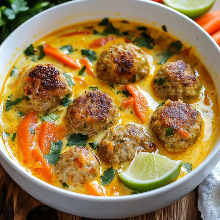 For this Coconut Curry Meatball Soup, we need: - 1 pound ground chicken or turkey - 1 can (13.5 oz) coconut milk - 4 cups chicken or vegetable broth These main ingredients create a rich and creamy base. The ground meat adds protein, while coconut milk provides a smooth texture. The broth gives depth to the soup. To make the meatballs, gather: - 1/2 cup breadcrumbs - 1/4 cup fresh cilantro, chopped - 1 tablespoon ginger, minced - 2 garlic cloves, minced - 1 egg, lightly beaten - 1 teaspoon salt - 1 teaspoon black pepper - 1 tablespoon curry powder These ingredients blend to form flavorful meatballs. The breadcrumbs bind the mixture, while cilantro, ginger, and garlic add freshness. Curry powder gives them a spicy kick. For extra nutrition and color, include: - 1 cup carrots, sliced - 1 cup bell pepper, diced (any color) - 1 cup baby spinach These vegetables add crunch and vibrant colors. Carrots and bell peppers provide sweetness, while spinach gives a nice pop of green. They also boost the soup's health benefits. {{ingredient_image_1}} To begin, gather your ingredients in a large mixing bowl. Combine 1 pound of ground chicken or turkey, 1/2 cup of breadcrumbs, and 1/4 cup of chopped cilantro. Add 1 tablespoon of minced ginger, 2 minced garlic cloves, and 1 lightly beaten egg. Season with 1 teaspoon of salt, 1 teaspoon of black pepper, and 1 tablespoon of curry powder. Mix all these ingredients well. You want a nice, even blend. Once mixed, start shaping the mixture into small meatballs. Aim for about 1 inch in diameter. Set them aside on a plate as you prepare to cook. Next, heat a splash of oil in a large pot over medium heat. When the oil is hot, add the meatballs. Sauté them until they are browned on all sides. This should take about 5 to 7 minutes. Once browned, carefully remove the meatballs from the pot and set them aside. In the same pot, pour in 4 cups of chicken or vegetable broth. Bring it to a simmer. Then, stir in a can of coconut milk and 1 tablespoon of lime juice. This will create a rich and creamy base for your soup. Now it’s time to add some color and crunch. Toss in 1 cup of sliced carrots and 1 cup of diced bell peppers. Cook these for about 5 minutes until the vegetables are tender. After that, return the meatballs to the pot. Let everything simmer together for an additional 10 minutes, ensuring the meatballs are cooked through. Finally, stir in 1 cup of baby spinach. Cook until it wilts, which takes about 1 to 2 minutes. Taste the soup and adjust seasoning if needed. You can add more salt or lime juice to boost the flavor. To make great meatballs, start with the right mix. Use ground chicken or turkey for a lean option. Combine it with breadcrumbs, chopped cilantro, ginger, garlic, egg, salt, pepper, and curry powder. This blend gives the meatballs flavor and keeps them moist. - Achieving the right consistency: The mix should feel slightly sticky. If it’s too dry, add a bit more egg. If too wet, add more breadcrumbs. - Flavor enhancements: You can add extra spices like cumin or turmeric for more depth. Fresh herbs also boost flavor. The soup needs balance. If it’s too thin, thicken it up. - Ways to thicken the broth: Use a cornstarch slurry or add more coconut milk. You can also let it simmer longer to reduce. - Balancing flavors with lime juice: A splash of lime juice brightens the dish. Start with a tablespoon, then taste. Add more if you want more zing. How you serve the soup matters. It should look as good as it tastes. - Serving suggestions: Use deep bowls for a cozy feel. This soup looks great when served warm. - Garnishes for visual appeal: Top each bowl with fresh cilantro and a lime wedge. This adds color and freshness. Enjoy it with a crusty bread for a complete meal! Pro Tips Keep the Meatballs Moist: Adding breadcrumbs and an egg to the meatball mixture ensures they stay tender and juicy while cooking. Customize Your Veggies: Feel free to add your favorite vegetables like zucchini or snap peas for added nutrition and flavor. Balance the Flavors: Taste the soup before serving; a little extra lime juice can brighten the overall flavor profile. Garnish for Presentation: Fresh cilantro and lime wedges not only enhance the look but also add fresh flavor when served. {{image_2}} You can switch up the meat in this soup. Ground beef or lamb works well. If you want a lighter option, try ground turkey. Both add a rich taste to the meatballs. For a vegetarian twist, use plant-based meat. You can also make meatballs with lentils or chickpeas. Both options offer great flavor and texture. Want more heat? Add chopped chili peppers or red pepper flakes. This will give your soup a nice kick. If you prefer mild flavors, use a gentle curry powder. Adjust the amount based on your taste. You can even mix mild and spicy powders for a balanced flavor. Feel free to get creative with veggies! You can add seasonal vegetables like zucchini or green beans. They add color and crunch. If you're gluten-free, check your broth and meat options. Many brands offer gluten-free choices. This way, everyone can enjoy the soup! Cool the soup before storing. Transfer it to an airtight container. Store it in the fridge for up to three days. For longer storage, freeze the soup. Use freezer-safe containers. It can last for up to three months in the freezer. Reheat the soup on the stovetop for the best flavor. Warm it over medium heat. Stir often to prevent sticking. For quick reheating, you can use a microwave. Place it in a microwave-safe bowl. Heat in short bursts, stirring in between. Fresh ingredients keep the soup tasty. If the soup smells off or changes color, discard it. Use your senses to check for freshness. Always be safe when it comes to food! To add spice to this soup, you can include fresh chili peppers. Slice them and add them when cooking the meatballs or soup. You can also use a spicy curry powder. This will enhance the heat without changing the flavor too much. Another option is to add a splash of hot sauce before serving. Adjust to your taste for the best results. Yes, you can use light coconut milk instead of regular coconut milk. Light coconut milk has less fat and calories. It will still give the soup a nice coconut flavor, but it may be less creamy. If you want a rich taste, consider mixing light and regular coconut milk. This way, you keep some creaminess. This soup pairs well with simple sides. You can serve it with warm naan bread for dipping. Jasmine rice or brown rice also makes a great side. A fresh salad with lime dressing adds a nice crunch. If you want to keep it light, serve with sliced cucumbers or carrot sticks. To store leftovers, let the soup cool first. Pour it into an airtight container. It can stay in the fridge for up to three days. If you want to keep it longer, freeze it. Use a freezer-safe container. Make sure to leave space for expansion. You can freeze it for up to three months. Yes, this recipe is great for meal prep! You can make a big batch and store it in portions. It reheats well, making it easy for quick meals. Just remember to store it in separate containers if you want to keep the meatballs and broth separate. This helps keep the flavors fresh when you reheat them. This blog post shared a delicious Coconut Curry Meatball Soup recipe. We covered key ingredients like ground chicken, coconut milk, and fresh veggies. You learned step-by-step how to mix, shape, and cook your meatballs for the best results. I shared tips to perfect your soup’s flavor and the many variations you can try. Remember to store any leftovers properly to keep them fresh. So, dive in and enjoy this simple recipe that packs a flavorful punch!