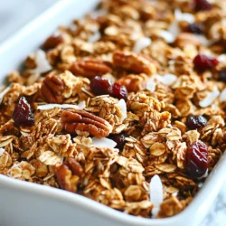 - 3 cups rolled oats - 1 cup nuts (walnuts and pecans, chopped) - 1 cup unsweetened shredded coconut - 1/2 cup maple syrup - 1/4 cup coconut oil, melted - 1 teaspoon ground cinnamon - 1/2 teaspoon vanilla extract - 1/2 cup dried fruits (cranberries or raisins) - 1/4 teaspoon salt This granola recipe makes eight servings. Each serving offers about: - Calories: 250 - Protein: 5g - Carbohydrates: 30g - Fat: 12g - Fiber: 4g - Sugars: 8g - Rolled oats: They provide fiber and help keep you full. Oats also support heart health. - Nuts: Walnuts and pecans are rich in healthy fats. They boost brain health and are tasty. - Unsweetened shredded coconut: It adds fiber and healthy fats. Coconut also gives a nice chewy texture. - Maple syrup: This natural sweetener adds flavor and antioxidants. It has a lower glycemic index than sugar. - Coconut oil: It offers healthy fats and can aid in digestion. Coconut oil also adds richness. - Ground cinnamon: This spice adds warmth and flavor. Cinnamon can help regulate blood sugar. - Vanilla extract: It enhances flavor and can elevate your mood. Vanilla adds a sweet aroma. - Dried fruits: Cranberries or raisins add natural sweetness. They also bring antioxidants and vitamins. - Salt: A pinch enhances all the flavors. It balances sweetness and makes every bite better. {{ingredient_image_1}} To make maple cinnamon granola, start with easy prep. First, gather your ingredients. You need rolled oats, nuts, shredded coconut, maple syrup, coconut oil, cinnamon, vanilla, dried fruits, and salt. This recipe takes about 10 minutes of prep time. 1. Preheat your oven to 350&deg;F (175&deg;C). This step is key for perfect granola. 2. Line a large baking sheet with parchment paper. It keeps the granola from sticking. 3. In a big bowl, mix the rolled oats, chopped nuts, shredded coconut, and salt. Stir well to combine. 4. In another bowl, whisk the maple syrup, melted coconut oil, ground cinnamon, and vanilla extract. Make sure it blends nicely. 5. Pour the wet mix over the dry ingredients. Stir until everything is coated evenly. 6. Spread the granola mixture on the prepared baking sheet. Make it as even as possible. 7. Bake for 20-25 minutes. Stir halfway through to help it bake evenly. Look for a golden color and a nice smell. After baking, take it out of the oven and let it cool on the baking sheet. This cooling step is very important for crunch. Once it&rsquo;s cool, mix in your dried fruits, like cranberries or raisins. Store the granola in an airtight container. This keeps it fresh and crunchy for a longer time. Enjoy your homemade snack! To get that crunchy texture, use rolled oats. They toast well and give great crunch. Spread your granola evenly on the baking sheet. This helps it bake evenly. Stir halfway through baking to prevent burning. Bake until golden brown, but not too dark. Letting it cool completely also helps it firm up. You can mix it up! Add your favorite nuts like almonds or cashews. Try different dried fruits, too. Instead of cranberries, use apricots or cherries. For a sweet twist, add a sprinkle of chocolate chips after baking. You can even play with spices, like nutmeg or ginger, for extra flavor. Don&rsquo;t skip the salt; it enhances flavors. Use too much oil, and your granola can turn soggy. Make sure the oven is hot enough before baking. If you don&rsquo;t stir halfway, it may burn. Lastly, be patient. Let it cool before storing to keep it crunchy. Pro Tips Use Fresh Ingredients: Always opt for fresh nuts and dried fruits to enhance the flavor and texture of your granola. Customize Your Mix: Feel free to swap out the nuts and dried fruits based on your preference or what you have on hand for a unique blend. Watch the Baking Time: Keep an eye on the granola while it&rsquo;s baking to prevent burning; it should be golden brown and fragrant. Store Properly: For maximum freshness, store your granola in an airtight container at room temperature and consume within two weeks. {{image_2}} If you want a nut-free granola, just leave out the nuts. You can replace them with seeds. Try sunflower or pumpkin seeds for a tasty crunch. These seeds add protein and healthy fats. They also keep the texture just right. This recipe is almost vegan! To make it fully vegan, ensure the dried fruits are free from added sugar. You can use agave syrup as a sweetener. It works great in place of maple syrup. Both options taste delicious and keep the granola sweet. You can play with flavors in your granola. For a chocolate twist, add cocoa powder to the dry mix. If you love spices, try adding nutmeg or ginger. You can also use flavored extracts like almond or lemon. This way, your granola can fit your mood or cravings. To keep your maple cinnamon granola fresh, use an airtight container. Glass jars work well. Store it in a cool, dry place. Avoid areas with heat or direct sunlight. This helps the granola stay crunchy for longer. Homemade granola lasts about two weeks. If stored properly, it can last up to a month. The key is to seal it tight. Check for any off smells or changes in texture before eating. If it smells okay, it should still taste good. If your granola gets stale, don&rsquo;t worry! You can bring it back to life. Spread it on a baking sheet. Bake it at 300&deg;F (150&deg;C) for about 5-10 minutes. Keep an eye on it to prevent burning. This quick fix will make it crunchy again. Yes, you can. Honey or agave syrup works well. You can also try brown sugar. Each sweetener changes the taste a bit. So, pick one that you like most! To make clumpier granola, use more sweetener. You can also add a bit more coconut oil. Mix the ingredients well, then press the mixture down on the baking sheet. This helps create those tasty clusters. Yes, you can freeze this granola. Just store it in an airtight container. It will stay fresh for about three months in the freezer. When you want some, just thaw it at room temperature. This guide covered all you need for making great granola. We explored ingredients, their benefits, and how to prepare them. You learned the best tips for that perfect crunch and how to customize flavors. We also discussed storage methods for freshness. In conclusion, making granola is fun and rewarding. You can enjoy healthy snacks made just for you. Try new ideas and share them. Get creative and enjoy your tasty treats!