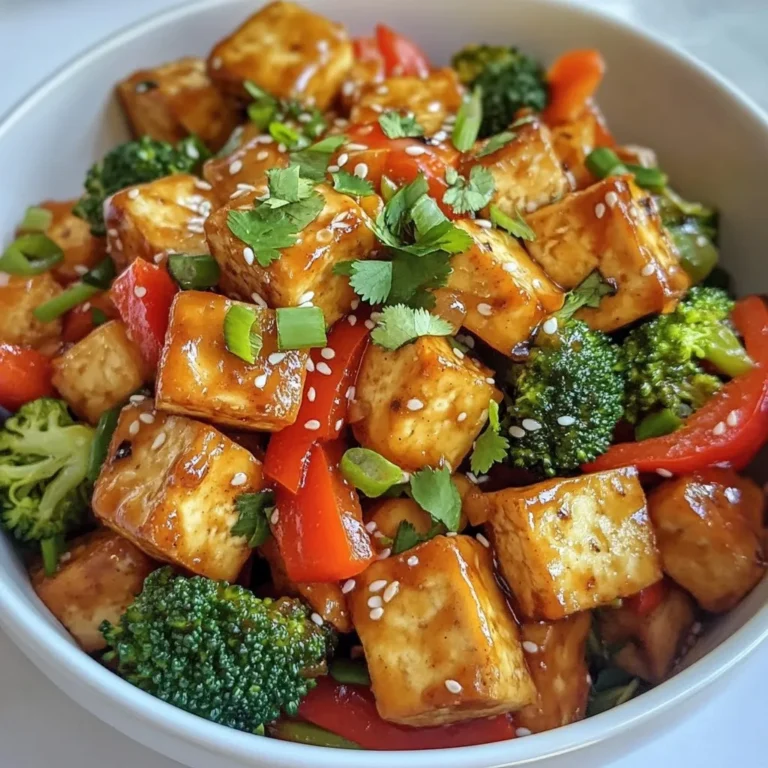 - 1 block firm tofu, pressed and cubed - 3 tablespoons vegetable oil - 1 red bell pepper, sliced - 1 cup broccoli florets - 1 carrot, julienned - 4 cloves garlic, minced - 1-inch piece ginger, grated - 3 tablespoons soy sauce - 1 tablespoon sriracha (add more for heat) - 1 teaspoon sesame oil - 1 tablespoon sesame seeds - 3 green onions, chopped - Fresh cilantro {{ingredient_image_1}} First, press the tofu to remove extra moisture. This step is key for crispiness. Use a clean towel or paper towels to wrap the tofu. Place something heavy on top for about 15 minutes. After pressing, cut the tofu into small cubes. Toss the cubes in cornstarch until they are evenly coated. This will help them fry nicely. Next, heat 2 tablespoons of vegetable oil in a large skillet over medium-high heat. Once hot, add the tofu cubes in one layer. Fry until golden brown on all sides, which takes about 5 to 7 minutes. This step gives the tofu a crispy texture. Remove the tofu and set it aside on a plate. In the same skillet, add the last tablespoon of oil. Then, add minced garlic and grated ginger. Sauté for 30 seconds until you can smell the aroma. Now, stir in the sliced red bell pepper, broccoli florets, and julienned carrot. Cook for about 3 to 5 minutes, or until the veggies are tender yet still crisp. Return the crispy tofu to the skillet. Add soy sauce, sriracha, and sesame oil. Toss everything together to coat well. Heat through for about 2 to 3 minutes. Finally, sprinkle with chopped green onions and sesame seeds for a nice finish. Toss lightly before serving for a colorful and tasty dish. To get crispy tofu, pressing is key. Pressing removes extra moisture, allowing it to fry well. Start by wrapping the tofu in a clean towel and placing something heavy on top. Let it sit for about 15 minutes. This makes a big difference. After pressing, cube the tofu into small pieces. Toss these cubes in cornstarch. The cornstarch helps create a crispy outer layer. When frying, use a hot pan with vegetable oil. Heat the oil until it shimmers, then add the tofu cubes in a single layer. Fry them for about 5–7 minutes, turning until golden brown. Remove the crispy tofu and set it aside. To adjust spice levels, sriracha is your friend. Start with one tablespoon. If you want more heat, add more sriracha. This sauce brings a nice kick to the dish. Using fresh ingredients boosts flavor. Always choose fresh garlic and ginger. They add depth to the stir fry. Fresh vegetables like bell peppers and broccoli also enhance taste and texture. The crunch adds great contrast to the tofu. Pair your stir fry with jasmine rice. The rice absorbs flavors and balances the heat. Serve the stir fry in bowls for a nice presentation. For plating, sprinkle sesame seeds and chopped green onions on top. Add fresh cilantro for a pop of color. A beautiful plate makes the meal more inviting. Enjoy every bite! Pro Tips Press Tofu Well: Ensure you press the tofu for at least 15-20 minutes to remove excess moisture; this helps achieve a crispier texture when frying. Adjust Spice Level: Feel free to adjust the amount of sriracha based on your heat preference; start with a smaller amount and add more to taste. Use Fresh Ingredients: Fresh garlic and ginger elevate the flavor of the dish significantly; opt for fresh over powdered for the best results. Garnish Creatively: Garnish with additional herbs like basil or mint along with cilantro for an extra burst of flavor and color in your presentation. {{image_2}} You can swap tofu for tempeh. Tempeh has a firmer texture and adds a nutty taste. It absorbs flavors well, making it a great option. You can also add more vegetables. Consider snap peas, bell peppers, or zucchini. These add color and crunch to your dish. Instead of soy sauce, you can use teriyaki sauce. It gives a sweet and savory twist. You can also try adding peanut sauce or hoisin sauce. Both sauces add depth and richness to the stir-fry. Experiment with these sauces to find your favorite mix. To kick up the heat, use chili oil or fresh chilies. These options add a nice warmth that complements the garlic. You can adjust the spice to fit your taste. If you like it mild, use less sriracha. For more heat, add extra sriracha or fresh chilies. This way, you make the dish your own. To keep your spicy garlic tofu stir fry fresh, store it in an airtight container. Let it cool before sealing. Place it in the fridge. This helps keep the flavors intact. You can enjoy your leftovers for up to three days. When you’re ready to eat, reheat it in a skillet over medium heat. Stir gently to keep the tofu crispy. You can also use a microwave, but this may soften the tofu slightly. Freezing your stir fry is a great option too. To freeze, first cool the dish completely. Then, transfer it to a freezer-safe container. Make sure to leave some space at the top for expansion. It can stay in the freezer for up to three months. When you want to eat it, take it out and thaw overnight in the fridge. Reheat it in a skillet or microwave, adding a splash of water if needed. This helps revive the dish’s original texture. Yes, you can use non-firm tofu, but the dish will change. Non-firm tofu has a softer texture. This means it may break apart while cooking. You’ll need to handle it gently. If you choose it, consider a shorter cooking time. This helps keep it intact. You can add many vegetables to this stir fry. Consider using snap peas, mushrooms, or zucchini. Seasonal veggies also work great. Try asparagus in spring or bell peppers in summer. The choice is yours. Just cut them into small pieces for even cooking. To make this dish gluten-free, swap soy sauce for tamari. Tamari tastes similar and is gluten-free. Check labels on sriracha to ensure it’s gluten-free too. Most brands are safe, but always read the ingredients. Enjoy your meal without worry! This blog post walks you through making a tasty tofu stir-fry. You learned about key ingredients, spices, and step-by-step instructions. I shared tips for crispiness and flavor, plus ways to customize the dish. You can store leftovers and even try new sauces for extra variety. Cooking can be fun and simple. Enjoy experimenting with flavors and ingredients. Your creativity will make each dish special.