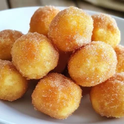 To make cinnamon sugar donut holes, gather these simple ingredients: - 1 cup all-purpose flour - 1/2 cup granulated sugar - 2 teaspoons baking powder - 1/2 teaspoon salt - 1/2 teaspoon ground cinnamon - 1/4 teaspoon nutmeg - 1/2 cup milk - 1 large egg - 2 tablespoons melted butter - 1/2 cup granulated sugar (for coating) - 1 tablespoon ground cinnamon (for coating) - Oil for frying You can swap some ingredients if needed: - Use whole wheat flour for a nutty flavor. - Replace sugar with brown sugar for a richer taste. - Almond milk works well in place of regular milk. - For a dairy-free option, use coconut oil instead of butter. Here&rsquo;s a quick look at the nutrition for one donut hole: - Calories: 80 - Fat: 4g - Carbohydrates: 10g - Protein: 1g - Fiber: 0g - Sugar: 4g These values can change based on ingredient choices and cooking methods. {{ingredient_image_1}} First, grab a large mixing bowl. Add 1 cup of all-purpose flour. Then, mix in 1/2 cup of granulated sugar. Next, add 2 teaspoons of baking powder, 1/2 teaspoon of salt, 1/2 teaspoon of ground cinnamon, and 1/4 teaspoon of nutmeg. Use a whisk to blend these dry ingredients well. This step is key for even flavor in your donut holes. In another bowl, pour in 1/2 cup of milk. Crack in 1 large egg and add 2 tablespoons of melted butter. Stir these wet ingredients together until you see a smooth mix. This mixture brings moisture to your donut holes, making them soft and tasty. Now it&rsquo;s time to fry! Heat oil in a deep fryer or heavy pan to 350&deg;F (175&deg;C). Make sure there's enough oil to cover the donut holes. Using a small cookie scoop or your hands, take about 1 tablespoon of the batter. Carefully drop it into the hot oil. Fry them in batches to keep them from sticking together. Cook for 2-3 minutes on each side until they turn golden brown. Once fried, lift them out with a slotted spoon and place them on a paper towel-lined plate to drain the oil. While they are warm, roll each donut hole in a mix of 1/2 cup of sugar and 1 tablespoon of ground cinnamon. Enjoy your warm, sweet treat! To get soft and fluffy donut holes, mix your batter gently. Overmixing makes them tough. It's okay if the batter has some lumps. These lumps help keep the donut holes light. Also, use fresh baking powder for the best rise. Old baking powder can make your donut holes dense. Fry the donut holes at 350&deg;F (175&deg;C). This is the perfect heat for golden-brown results. Use enough oil to cover the donut holes completely. This helps them cook evenly. Avoid overcrowding the pan. Fry in small batches to keep the oil temperature steady. This way, they cook nicely and don't soak up too much oil. One big mistake is not checking the oil temperature. If it&rsquo;s too hot, the outside burns before the inside cooks. If it's too cold, they absorb too much oil and become greasy. Another mistake is rolling them in sugar too late. Roll them in cinnamon sugar while they are still warm for better coating. Lastly, don't skip the nutmeg! It adds a warm flavor that enhances the cinnamon. Pro Tips Achieve the Perfect Fry: Make sure your oil temperature is maintained at 350&deg;F (175&deg;C) for even cooking. A thermometer can help ensure accuracy. Don&rsquo;t Overmix: When combining wet and dry ingredients, mix just until combined. Overmixing can result in dense donut holes. Coating Tips: For a more intense cinnamon sugar flavor, let the donut holes cool slightly before rolling them in the cinnamon sugar mixture. Serving Suggestions: Pair your donut holes with a dip, like chocolate or caramel sauce, for an extra treat! {{image_2}} You can make these donut holes gluten-free easily. Use a 1:1 gluten-free flour blend instead of regular flour. This blend works well in most recipes. Just check the label to ensure it has xanthan gum. This will help your donut holes stay fluffy and hold together. To make vegan donut holes, swap the egg for a flax egg. Mix 1 tablespoon of ground flaxseed with 3 tablespoons of water. Let it sit until it thickens. Use plant-based milk like almond or oat milk in place of regular milk. You can also replace butter with coconut oil or vegan butter. These changes will keep your treat tasty and cruelty-free. You can get creative with flavors in your donut holes. To make chocolate donut holes, add 1/4 cup of cocoa powder to your dry ingredients. For a fall twist, mix in 1/2 cup of pumpkin puree and a bit of pumpkin spice. You can also add extracts like vanilla or almond for extra flavor. Feel free to mix and match to create your perfect treat! To keep your donut holes fresh, place them in an airtight container. Make sure to cool them first. If they are warm, they can create steam, making them soggy. Store the container in a cool, dry place, or in the fridge for up to three days. For best taste, enjoy them within the first two days. When you want to eat leftover donut holes, reheating is key. Preheat your oven to 350&deg;F (175&deg;C). Place the donut holes on a baking sheet. Heat them for about 5-7 minutes. This method keeps them warm and fresh. Avoid using the microwave, as it can make them chewy. If you want to save donut holes for later, freezing works great. Let them cool completely first. Place them in a single layer on a baking sheet. Freeze for about an hour. Once frozen, transfer them to a freezer bag. They can last up to three months. When you&rsquo;re ready to eat, thaw them in the fridge overnight, then reheat as mentioned above. Yes, you can bake them! To bake, preheat your oven to 350&deg;F (175&deg;C). Use a mini muffin pan for best results. Fill each cup with batter, about three-quarters full. Bake for 10 to 12 minutes or until golden. Baking gives a lighter texture. However, they won&rsquo;t be as fluffy or rich as fried ones. You can swap out some ingredients. Use whole wheat flour instead of all-purpose flour. Try reducing sugar by using a sugar substitute. You can also use almond milk or oat milk in place of regular milk. For a lower fat option, replace melted butter with unsweetened applesauce. These swaps keep the flavor while cutting calories. Serve these donut holes warm for the best flavor. Pair with coffee or hot chocolate for a cozy treat. You can also add a drizzle of chocolate or caramel sauce on top. For a fun twist, serve with fresh fruit or whipped cream. Enjoy them at parties, brunches, or as a sweet snack! You learned how to make tasty cinnamon sugar donut holes. We covered key ingredients, substitutes, and nutrition. You now know preparation steps and frying methods. I shared tips for the best texture and common errors to avoid. You also discovered fun variations for gluten-free and vegan options. Finally, I explained how to store your donut holes for later use. Enjoy creating your own delicious treats!