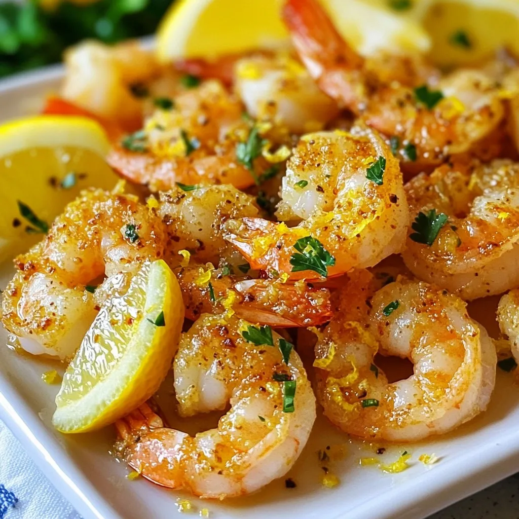 - 1 lb large shrimp, peeled and deveined - 3 tablespoons olive oil - 4 cloves garlic, minced - Zest of 1 lemon - Juice of 1 lemon - 1 teaspoon paprika - 1 teaspoon onion powder - 1 teaspoon dried parsley - Salt and pepper to taste - Lemon wedges for serving When making Lemon Garlic Air Fryer Shrimp, the right ingredients matter. You want large shrimp that are peeled and deveined. This saves time and keeps the dish easy. The olive oil helps the shrimp cook well in the air fryer. Garlic adds a strong flavor that pairs perfectly with the shrimp. The lemon zest and juice brighten the dish. Paprika gives it a slight smoky taste, while onion powder adds depth. Dried parsley not only adds flavor but also looks nice. Don’t forget salt and pepper to enhance all the flavors. - Additional spices (e.g., cayenne pepper, Italian seasoning) - Fresh herbs for garnish If you like a kick, cayenne pepper works well. Italian seasoning can bring more herbs into the mix. Fresh herbs are great for garnishing. They add color and a fresh taste to the dish. {{ingredient_image_1}} - Step 1: Create the marinade In a large bowl, mix the olive oil, garlic, lemon zest, lemon juice, paprika, onion powder, dried parsley, salt, and pepper. This mixture will be your marinade. Make sure it’s well combined. It gives the shrimp a bright, fresh flavor. - Step 2: Marinate the shrimp Add the peeled and deveined shrimp to the marinade. Toss them gently to coat each piece. Let the shrimp sit for at least 15 minutes. This time allows the shrimp to soak up all the tasty flavors. You can also prepare this in advance and let it marinate longer for a stronger taste. - Step 3: Preheat the air fryer Before cooking, preheat your air fryer to 400°F (200°C) for about 5 minutes. Preheating helps the shrimp cook evenly and get that nice crispy texture. - Step 4: Arrange shrimp in air fryer Once preheated, take the marinated shrimp and place them in the air fryer basket. Lay them in a single layer. Avoid crowding them, as this can stop them from cooking properly. You want each shrimp to have enough space to get crispy. - Step 5: Cook the shrimp Cook the shrimp for 8-10 minutes. Shake the basket halfway through cooking. You’ll know they are done when they turn pink and opaque. The outside should be slightly crispy. Keep an eye on them to avoid overcooking. - Step 6: Serving suggestion Once cooked, carefully take the shrimp out of the air fryer. Serve them hot with fresh lemon wedges on the side. For a pretty presentation, you can place the shrimp on a nice platter and garnish with fresh parsley or extra lemon slices. Enjoy your meal with a side of rice or salad for a complete dish. How to avoid overcooking To keep shrimp juicy, pay close attention to cooking time. Overcooked shrimp can turn rubbery. Cook shrimp for 8-10 minutes at 400°F. They should turn pink and opaque. Check them halfway through cooking. Shake the basket gently to ensure even cooking. Importance of marinating time Marinating shrimp is key for flavor. I suggest letting them soak for at least 15 minutes. This time allows the shrimp to absorb all the tasty ingredients. You can marinate longer if you want a stronger flavor. Just don’t go overboard; too long can change the texture. Best sides to pair with the shrimp For a great meal, serve your shrimp with rice or a fresh salad. Both options balance the flavors well. You could also add some crusty bread to soak up the juices. Try pairing with steamed vegetables for a healthy touch. Presentation tips for serving Serve your shrimp on a nice platter. Arrange them neatly for a professional look. Garnish with fresh parsley or lemon slices to add color. This makes your dish pop and look appealing. A beautiful presentation makes any meal feel special! Pro Tips Marinate Longer: For deeper flavor, consider marinating the shrimp for 30 minutes to an hour. This allows the garlic and lemon to infuse the shrimp more thoroughly. Batch Cooking: If cooking for a crowd, cook the shrimp in batches to prevent overcrowding in the air fryer, ensuring they cook evenly and get crispy. Fresh vs. Frozen: If using frozen shrimp, make sure to thaw them completely and pat them dry before marinating to achieve the best texture. Perfect Doneness: Keep an eye on the shrimp; they cook quickly. They are done when they turn pink and opaque—overcooking can make them tough. {{image_2}} Spicy Lemon Garlic Air Fryer Shrimp To kick up the heat, add cayenne pepper or red pepper flakes. Just a pinch will make a big change. Mix it into the marinade with the garlic and lemon. This spicy twist adds a nice balance to the dish. You can also serve it with a spicy dipping sauce for extra flavor. Herb Lemon Garlic Air Fryer Shrimp For a fresh herb taste, try adding fresh thyme or basil. Chop the herbs finely and mix them into the marinade. This gives the shrimp a fragrant twist. You can also use a blend of dried herbs like Italian seasoning for a more complex flavor. It makes the dish feel bright and fresh. Gluten-free adaptation This recipe is naturally gluten-free. All the ingredients are safe for those avoiding gluten. Just make sure any added sauces or seasonings are also gluten-free. This way, everyone can enjoy this tasty shrimp without worry. Low-carb option If you want a low-carb meal, this shrimp fits the bill. Shrimp are naturally low in carbs. Pair them with low-carb veggies like zucchini or cauliflower rice. This keeps the meal light and healthy while still being filling. Enjoy this dish without counting carbs! Store leftover shrimp in the fridge. Place them in an airtight container. They stay fresh for 2 to 3 days. If you want to save them longer, freezing is a great option. To freeze, wrap the shrimp tightly in plastic wrap, then place them in a freezer bag. They can last up to 3 months in the freezer. To reheat shrimp, the best method is using the air fryer. Set it to 350°F (175°C) and cook for 3 to 5 minutes. This keeps them crispy. You can also use a skillet. Heat on medium for a few minutes, stirring gently. Avoid using the microwave; it can make shrimp rubbery. Enjoy your perfectly reheated shrimp! How long do you cook shrimp in an air fryer? You cook shrimp in an air fryer for about 8-10 minutes. The shrimp should turn pink and opaque. I suggest shaking the basket halfway through for even cooking. Can I use frozen shrimp for this recipe? Yes, you can use frozen shrimp. Just make sure to thaw them first. Pat them dry before marinating. This helps the flavors stick. What other seasonings work well with shrimp? Shrimp pair well with many seasonings. You can add cayenne for heat or Italian herbs for a fresh taste. Lemon pepper and chili powder also work great. Is air frying shrimp healthier than frying? Air frying shrimp is generally healthier than deep frying. It uses less oil, reducing fat and calories. You still get crispy shrimp without all the grease. Can I double the recipe in the air fryer? You can double the recipe, but do it in batches. Overcrowding the air fryer can lead to uneven cooking. Make sure each shrimp has space to crisp up. You can make quick and tasty Lemon Garlic Air Fryer Shrimp with simple steps. We covered the main ingredients, cooking methods, and storage tips. Plus, I shared flavor variations so you can customize the dish. Remember to follow marinating times to avoid overcooking. This recipe is easy, healthy, and delicious. Enjoy your shrimp with your favorite sides. Get creative and have fun cooking!