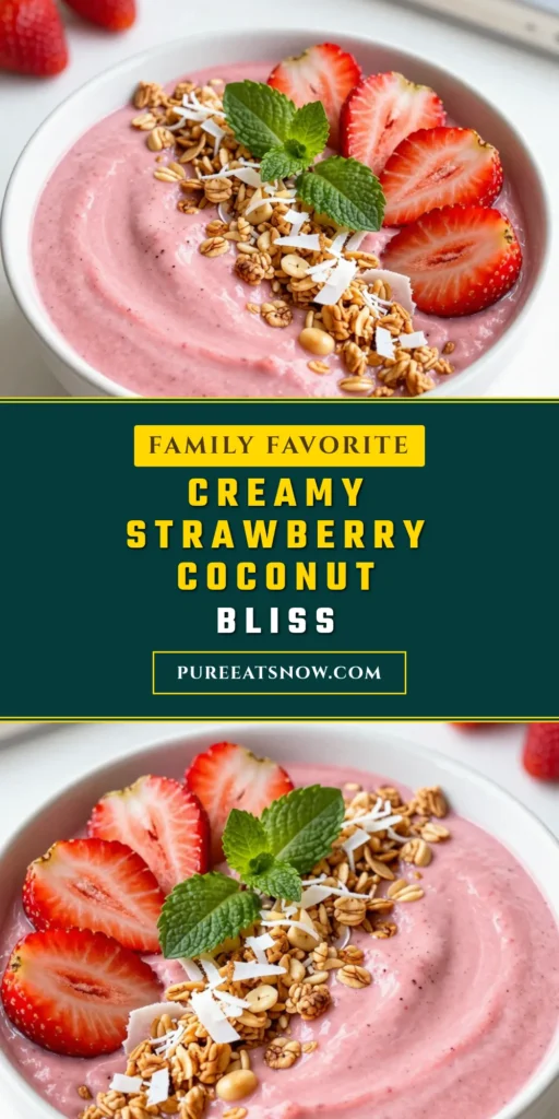 Start your day with this delicious strawberry coconut smoothie bowl! This healthy smoothie bowl recipe combines fresh strawberries and creamy coconut milk, making it the perfect tropical smoothie bowl. Enjoy a refreshing breakfast smoothie that's vegan and full of flavor. It&rsquo;s easy to prepare and perfect for those busy mornings. Try this smoothie bowl today and bring the taste of summer to your table! Don&rsquo;t forget to save this recipe! #SmoothieBowl #HealthyBreakfast #VeganRecipe #TropicalFlavors