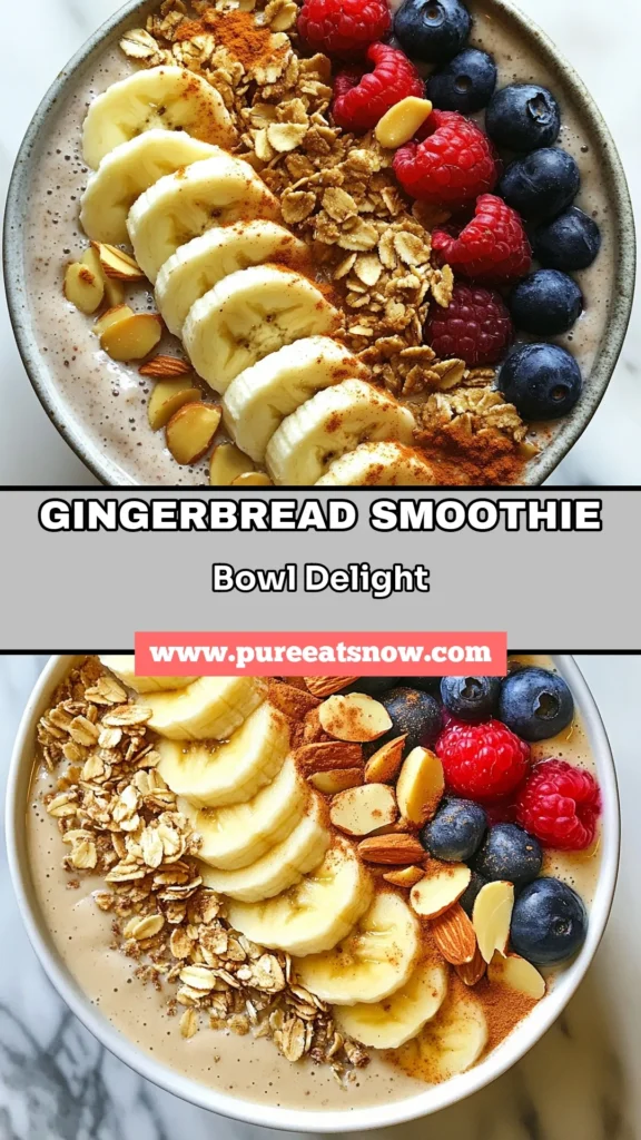 Enjoy the festive flavors this season with a delicious Gingerbread Smoothie Bowl! This healthy smoothie bowl recipe is not only easy to prepare but also plant-based, making it a perfect holiday smoothie bowl for everyone. Blend gingerbread flavored smoothie ingredients like almond milk, frozen banana, and warm spices for a creamy treat. Try it today and elevate your breakfast game! Save this recipe for a tasty holiday treat! #GingerbreadSmoothieBowl #HealthySmoothie #PlantBased #HolidayRecipe