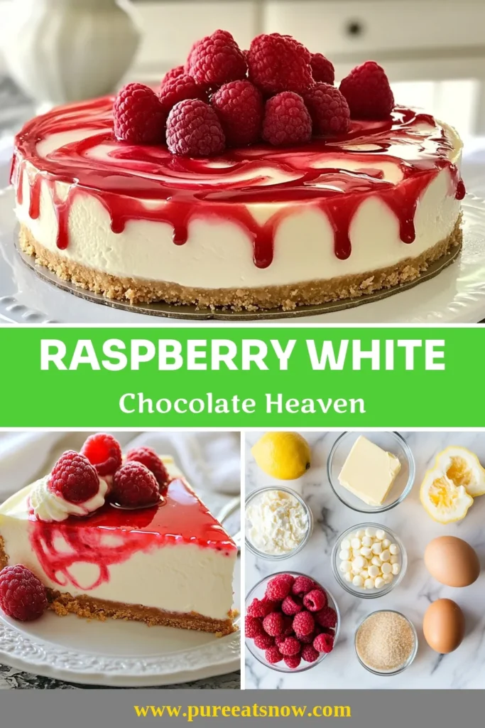 Indulge in the rich flavors of this Raspberry White Chocolate Cheesecake, a creamy cheesecake recipe that's perfect for any occasion. This no-bake cheesecake with raspberries is a delightful addition to your dessert repertoire. Impress your guests with these gourmet cheesecake recipes that blend creamy texture and fruity sweetness seamlessly. Ready to make this luscious raspberry dessert? Save this recipe now! #RaspberryWhiteChocolateCheesecake #CheesecakeRecipe #Desserts #RaspberryDessertIdeas