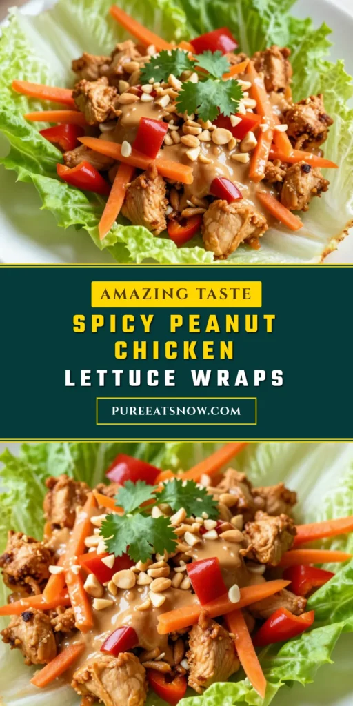 Looking for a delicious quick weeknight dinner? These Spicy Peanut Chicken Lettuce Wraps are the perfect solution! Made with ground chicken, fresh veggies, and a creamy peanut sauce, these healthy lettuce wraps are a tasty addition to your Asian inspired chicken dishes. Enjoy this simple recipe in just 25 minutes. Save it now for an easy and satisfying meal! #SpicyPeanutChickenLettuceWraps #HealthyLettuceWraps #GroundChickenRecipes #QuickDinnerIdeas