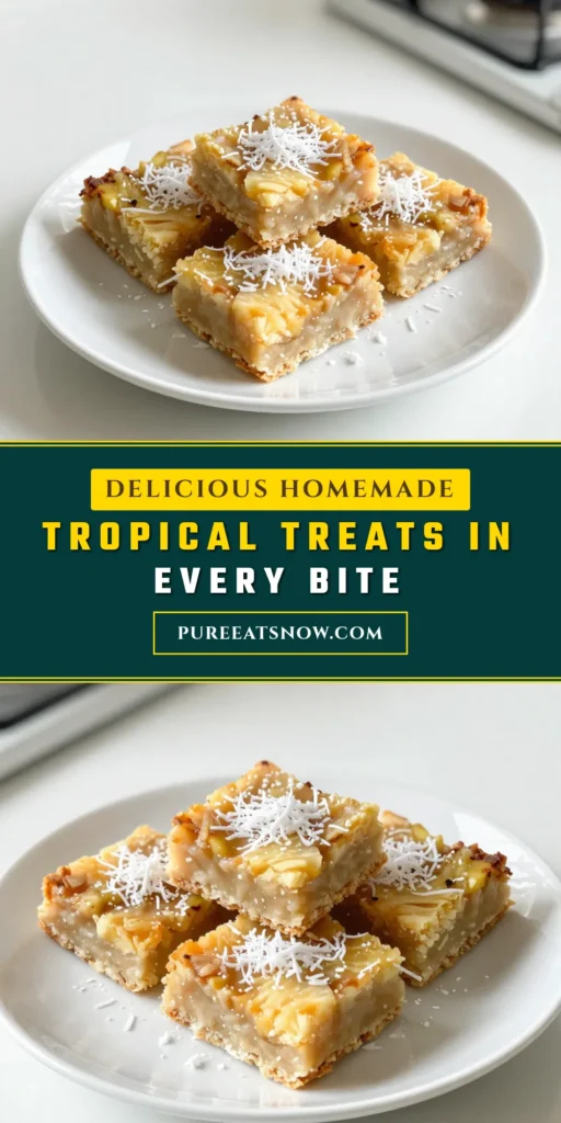 Indulge in these delicious Tropical Pineapple Coconut Bars that will transport your taste buds to paradise! This easy coconut dessert recipe combines crushed pineapple and shredded coconut for the ultimate tropical treat. Perfect for gatherings or a sweet snack, these pineapple coconut treats are a must-try. Bake up your own batch today with this simple coconut pineapple baking recipe! Save for later! #TropicalPineappleCoconutBars #EasyCoconutDessert #TropicalDessertBars #PineappleCoconutTreats