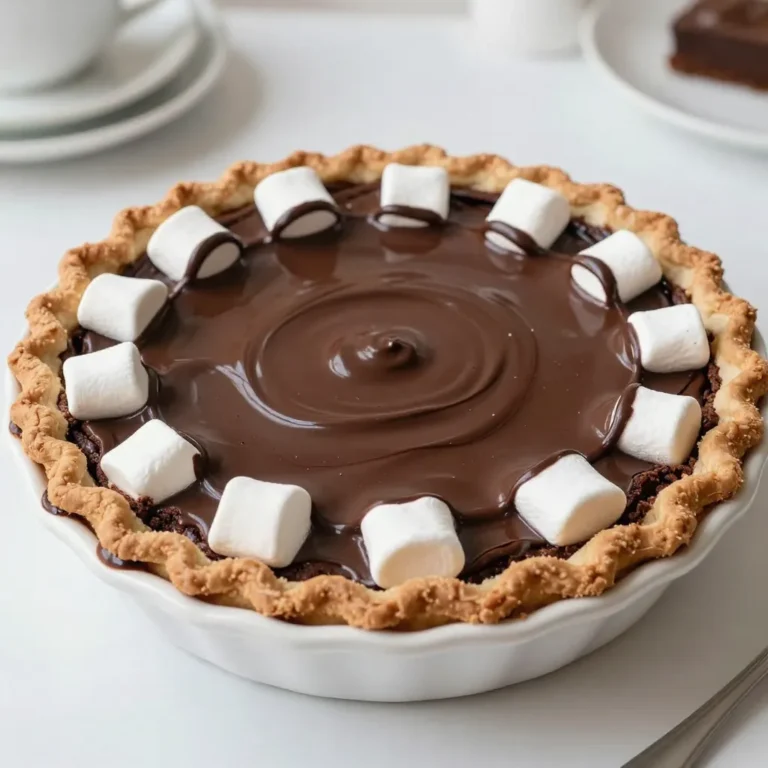 - 1 cup unsalted butter, melted - 2 cups granulated sugar - 4 large eggs - 1 teaspoon vanilla extract - 1 cup all-purpose flour - 1 cup unsweetened cocoa powder - 1/2 teaspoon baking powder - 1/2 teaspoon salt - 1 cup semi-sweet chocolate chips - 1 cup mini marshmallows - 1 cup graham cracker crumbs - 1/2 cup chocolate sauce (for drizzling on top) - Importance of using unsalted butter: Unsalted butter gives you control over the salt in your recipe. You can adjust salt levels to taste. It also lets the sweet flavors shine more. - Benefits of semi-sweet chocolate chips: Semi-sweet chocolate chips balance the sweetness of the brownie pie. They melt well and add rich chocolate flavor. - Alternative ingredients for dietary preferences: You can use coconut oil instead of butter for a dairy-free option. Almond flour works for a gluten-free version. Dark chocolate chips also add a deeper flavor. {{ingredient_image_1}} - Preheat your oven to 350°F (175°C). - Lightly grease a 9-inch pie dish or round pan with butter. - In a large bowl, mix melted butter with granulated sugar until smooth. - Add four large eggs, one at a time. Mix well after each egg. - Stir in one teaspoon of vanilla extract for flavor. - In a separate bowl, whisk together one cup of flour, one cup of cocoa powder, half a teaspoon of baking powder, and half a teaspoon of salt. - Gradually add this dry mixture into the wet mixture. Stir until just combined. - Fold in one cup of semi-sweet chocolate chips. Make sure they spread evenly. - Pour half of the brownie batter into the greased pie dish. Spread it out evenly. - Sprinkle one cup of graham cracker crumbs over the brownie layer. - Next, add one cup of mini marshmallows on top of the crumbs. - Pour the remaining brownie batter over the marshmallows. Smooth it out with a spatula. - Bake in the oven for 30 to 35 minutes. Use a toothpick to check doneness; it should have moist crumbs. - After baking, remove the pie from the oven. Let it cool for ten minutes. - Drizzle half a cup of chocolate sauce on top while still warm. - Cut into slices and serve warm or at room temperature. Enjoy the gooey marshmallows! - Testing doneness with a toothpick: When baking, insert a toothpick into the center of the pie. If it comes out with moist crumbs, the pie is ready. If it has wet batter on it, give it more time in the oven. - How to avoid overmixing: Mix your ingredients just until they combine. Overmixing can make the pie tough. You want a smooth batter, but lumps are okay. - Best ways to drizzle chocolate sauce: Use a squeeze bottle for easy drizzling. Start from one side and move to the other in quick strokes. This gives a nice, even look. - Ideal serving suggestions: Serve warm for the best gooey experience. Pair with vanilla ice cream or whipped cream for extra delight. - How to store leftovers properly: Wrap the pie tightly in plastic wrap. Store it in an airtight container in your fridge. This keeps it fresh for up to three days. - Reheating suggestions to maintain gooeyness: Reheat slices in the microwave for about 10-15 seconds. This keeps the marshmallows soft and gooey. Enjoy it warm for the best taste. Pro Tips Use Quality Chocolate: Opt for high-quality semi-sweet chocolate chips for a richer flavor that enhances the brownie base. Don't Overbake: Keep a close eye on the baking time; removing the pie when there are moist crumbs on the toothpick ensures a fudgy texture. Layering Tips: For an even distribution of flavors, layer marshmallows and graham crackers evenly to ensure every bite has the classic s'mores experience. Serve Warm: For the ultimate indulgence, serve the pie warm with gooey marshmallows and a drizzle of chocolate sauce on top. {{image_2}} You can make this pie even more fun by adding nuts for crunch. Walnuts or pecans work well. They add texture and flavor. You can also try using flavored chocolate chips. Mint chips or peanut butter chips give a new twist. If you need gluten-free options, use a gluten-free flour blend. It works well in this recipe. For dairy-free alternatives, try coconut oil instead of butter. You can also use dairy-free chocolate chips. They melt nicely and taste great. Seasonal fruits can bring fresh flavors to your dessert. Try adding chopped strawberries or raspberries. They add a nice tartness. You can also create themed variations for holidays. For Halloween, use orange sprinkles. For Christmas, add crushed peppermint on top. To keep your S’mores Brownie Pie fresh, use an airtight container. This helps lock in moisture and flavor. If you store it properly, this pie can stay tasty for about four days at room temperature. If you want it to last longer, consider the freezer. To freeze your S’mores Brownie Pie, cut it into slices first. Wrap each slice tightly in plastic wrap. Then, place them in a freezer-safe bag or container. This way, they stay fresh for about three months. When you want a slice, take it out and thaw it in the fridge overnight. If you're in a hurry, you can leave it at room temp for a few hours. To reheat, just pop it in the microwave for about 20 seconds. Enjoy that warm, gooey goodness! How do I know when the S’mores Brownie Pie is done? You can tell the pie is done when a toothpick comes out with moist crumbs. It should not have wet batter. The edges may look set while the center stays soft. Can I make this dessert in advance? Yes, you can make this dessert in advance. Just cool it and cover it well. Store it at room temperature or in the fridge. What if I don’t have chocolate sauce? If you don't have chocolate sauce, use melted chocolate instead. A simple ganache works well too. You can melt chocolate chips with a bit of cream to make it smooth. Can I use white sugar instead of granulated sugar? Yes, you can use white sugar instead of granulated sugar. They are very similar. Just keep the same amount in the recipe. What can I replace mini marshmallows with? You can replace mini marshmallows with large marshmallows, cut into pieces. You can also use a marshmallow fluff if you want a spreadable option. What goes well with S'mores Brownie Pie? This dessert pairs well with vanilla ice cream or whipped cream. You can also serve it with fresh berries for a fruity touch. Can it be served chilled or only warm? You can serve it warm or at room temperature. Warm slices keep the marshmallows gooey, but it tastes great chilled too. This recipe for S'mores Brownie Pie guides you through each step. You learned the key ingredients, from unsalted butter to chocolate chips. The instructions made mixing and baking easy. I shared helpful tips for perfecting your pie and storing leftovers. You can customize this dessert with flavors and dietary options to suit your taste. Enjoy making this gooey treat and delighting your friends and family! Your baking skills will shine with this delicious pie.