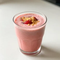 - 1 cup fresh strawberries, hulled and sliced - 1/2 cup cream cheese, softened - 1/2 cup Greek yogurt - 1 cup milk (dairy or non-dairy) - 1 tablespoon honey or maple syrup - 1/2 teaspoon vanilla extract - 1/4 cup graham cracker crumbs - Ice cubes (optional) To create the perfect strawberry cheesecake smoothie, you need fresh ingredients. Fresh strawberries bring a bright flavor and a vibrant color. Make sure they are hulled and sliced for easy blending. Cream cheese adds that rich and creamy texture. I always use softened cream cheese to make blending smoother. Greek yogurt gives the smoothie a nice tang and adds protein. You can use any milk you like, whether it's regular milk or a non-dairy option like almond milk. Honey or maple syrup sweetens the drink just right. I suggest starting with one tablespoon and adjusting to your taste. The vanilla extract adds a lovely warmth. Lastly, graham cracker crumbs give it that cheesecake vibe. You can sprinkle some extra crumbs on top for a fun finish. If you want a thicker smoothie, toss in some ice cubes! {{ingredient_image_1}} - Step 1: Combine ingredients in the blender. In your blender, add 1 cup of fresh strawberries, 1/2 cup of softened cream cheese, 1/2 cup of Greek yogurt, and 1 cup of milk. You can use dairy or non-dairy milk based on your taste. Then, add 1 tablespoon of honey or maple syrup and 1/2 teaspoon of vanilla extract. - Step 2: Blend until smooth. Blend all the ingredients on high speed. Keep blending until the mixture is smooth and creamy. If needed, stop to scrape down the sides of the blender. This helps mix well. - Step 3: Add ice for thickness. If you want a thicker smoothie, add a handful of ice cubes. Blend again until the ice is crushed and mixed in well. This gives the smoothie a nice, chilly texture. - Step 4: Fold in graham cracker crumbs. Once your smoothie is smooth, gently fold in 1/4 cup of graham cracker crumbs. This adds a nice crunch and keeps some texture. - Step 5: Taste and adjust sweetness. After blending, take a small sip of your smoothie. If you want it sweeter, add a little more honey or syrup and blend again. - Step 6: Garnishing with extra crumbs. Pour the smoothie into serving glasses. For a fun touch, sprinkle some extra graham cracker crumbs on top. This makes it look pretty and adds more flavor. Using ripe strawberries makes a big difference. They add natural sweetness and flavor. Always taste your strawberries before using them. If they are not sweet enough, you can adjust the sweetness. Adding more honey or maple syrup can help. Just remember to add a little at a time and taste as you go. Blending well is key to a great smoothie. Start on a low speed to mix the ingredients. Gradually increase to high speed. This helps blend everything smoothly. Don&rsquo;t forget to scrape down the sides of the blender. This ensures all the ingredients mix well. If you want a creamier drink, blend longer. You can change the ingredients to suit your taste. Swap Greek yogurt for regular yogurt or a dairy-free option. For sweeteners, try agave or stevia if you prefer. If you're vegan, use plant-based cream cheese and yogurt. Feel free to experiment with flavors that you love! Pro Tips Use Frozen Strawberries: For a creamier and colder texture, you can substitute fresh strawberries with frozen ones. This will also allow you to skip the ice cubes. Adjust Sweetness to Taste: Depending on the ripeness of your strawberries, the sweetness may vary. Always taste the smoothie before serving and adjust with more honey or maple syrup if needed. Graham Cracker Alternatives: If you want a gluten-free option, try using almond flour or crushed gluten-free cookies instead of graham cracker crumbs. Chill Your Ingredients: For an extra refreshing smoothie, chill your milk and yogurt beforehand, especially on hot days. This will enhance the overall experience. {{image_2}} You can switch up the fruit in your smoothie. Try using blueberries or raspberries instead of strawberries. These berries add a tasty twist. They also bring their own unique flavors and nutrients. For a creamier texture, add a banana. It makes the smoothie smooth and adds natural sweetness. Want to change the taste? You can add chocolate or peanut butter. Both options add richness and depth. A spoonful of cocoa powder gives a chocolatey vibe. Peanut butter adds a nutty flavor that pairs well with the cheesecake base. You could also try spices like cinnamon or nutmeg. Just a pinch can really enhance the flavor profile. If you prefer a smoothie bowl, you can easily transform this recipe. Just use less milk for a thicker mix. Pour it into a bowl and top it with your favorite goodies. Some tasty toppings include sliced fruits, nuts, or granola. You could even sprinkle extra graham cracker crumbs on top for crunch. Enjoy your smoothie in a new way! Store any leftover smoothie in an airtight container. This keeps it fresh and tasty. The smoothie stays good in the fridge for up to two days. Shake or stir before drinking to mix it well again. You can freeze this smoothie for later. Pour it into a freezer-safe container, leaving some space at the top for expansion. It will keep for up to three months. To enjoy it again, thaw the smoothie overnight in the fridge. You can also blend it again if it's too thick. If you have extra cream cheese or yogurt, use them in other recipes. You can make a dip or add them to pancakes. Smoothies can be made ahead of time too. Just blend, store, and enjoy later! To make this smoothie dairy-free, substitute dairy ingredients. Use non-dairy cream cheese and yogurt. Almond milk, oat milk, or coconut milk work well too. These options keep the smoothie creamy and flavorful. You can still enjoy the same delicious taste without dairy. Yes, you can use frozen strawberries instead of fresh ones. They add a nice chill to the smoothie. Just remember to blend longer to break them down fully. Frozen fruit often tastes just as good as fresh, so feel free to swap! To make a thicker smoothie, add ice cubes. You can also add more Greek yogurt or cream cheese. These ingredients make the texture richer and creamier. Blend until you reach your desired thickness. The best way to sweeten the smoothie is with honey or maple syrup. Start with one tablespoon and taste. If it needs more sweetness, add a little more. You can also use agave syrup for a different flavor. The smoothie lasts about 1 to 2 days in the fridge. Store it in an airtight container. Give it a good shake or stir before drinking. However, for the best taste, enjoy it fresh! Now you know how to make a tasty strawberry smoothie with fresh ingredients. You learned the steps to blend, serve, and store it well. With tips for flavor and texture, you can customize it just the way you like. Feel free to try different fruits or toppings whenever you want. This smoothie is easy and fun to make, perfect for any meal. Enjoy your refreshing drink and share it with friends and family!