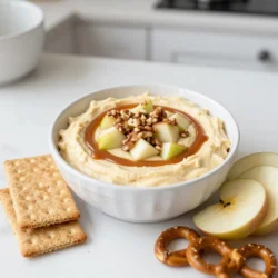 To make the Caramel Apple Cheesecake Dip, you will need: - 1 package (8 oz) cream cheese, softened - 1/2 cup powdered sugar - 1 teaspoon vanilla extract - 1 cup sour cream - 1 cup peeled and diced apples (Granny Smith or Honeycrisp work best) - 1/4 teaspoon cinnamon - 1/2 cup caramel sauce (store-bought or homemade) - 1/4 cup chopped walnuts or pecans (optional) - Assorted dippers: graham crackers, apple slices, pretzels, or vanilla wafers You can swap a few ingredients if needed: - Use Greek yogurt instead of sour cream for a tangy touch. - Swap the cream cheese with a dairy-free version for a vegan option. - If you don&rsquo;t have walnuts or pecans, try almonds or leave them out. - For a sweeter dip, add more powdered sugar. Using good-quality ingredients makes a big difference: - Choose fresh apples for the best flavor and crunch. - Select creamy, full-fat cream cheese for a rich taste. - Go for pure vanilla extract instead of imitation for better depth. - If making caramel sauce, use high-quality sugar for a smooth texture. {{ingredient_image_1}} Making caramel apple cheesecake dip is quick and fun. You only need 15 minutes to prep. This dip tastes best after chilling for 30 minutes. Gather all your ingredients before starting. 1. Beat the cream cheese. In a medium bowl, use an electric mixer to beat the softened cream cheese. Keep mixing until it's smooth and creamy. 2. Add the sugar. Slowly add the powdered sugar. Mix until it&rsquo;s well combined with the cream cheese. 3. Mix in the flavors. Pour in the vanilla extract and sour cream. Keep mixing until the dip is fluffy and smooth. 4. Fold in the apples. Gently add the diced apples and cinnamon. Use a spatula to fold them in carefully. 5. Swirl the caramel. Drizzle in half of the caramel sauce. Swirl it in without mixing fully. This creates a pretty marbled look. 6. Transfer and chill. Move your dip to a serving bowl. Top it with the rest of the caramel sauce and nuts if you want. Chill it in the fridge for at least 30 minutes. - Use softened cream cheese. This makes your dip smoother. If it's too cold, you won't get a creamy texture. - Don't overmix. When you fold in the apples, be gentle. Overmixing can make the dip too runny. - Chill well. Letting the dip chill helps the flavors mix. It also gives it a thicker texture. Enjoy your dip with graham crackers, apple slices, or pretzels! To achieve a super creamy dip, use room-temperature cream cheese. It blends better and creates a smooth texture. Beat it well before adding other ingredients. You can also add an extra 1/4 cup of sour cream. This will enhance the creaminess and flavor. When serving, use a large bowl for the dip. This allows plenty of space for guests to scoop. Drizzle extra caramel sauce on top for a nice look. You can sprinkle chopped nuts around the edges for added crunch. Arrange assorted dippers like graham crackers, apple slices, and pretzels on a platter. This makes it fun and easy for everyone to enjoy. One common mistake is not softening the cream cheese enough. If it&rsquo;s too cold, it won&rsquo;t mix well. Another mistake is over-mixing once you add the apples; this can break them down. Finally, don&rsquo;t skip the chilling step. Chilling helps the flavors blend and makes the dip taste better. Pro Tips Use Room Temperature Cream Cheese: Allow the cream cheese to soften at room temperature for at least 30 minutes before mixing. This will ensure a smooth and creamy dip without lumps. Choose the Right Apples: Granny Smith or Honeycrisp apples are ideal for this dip due to their balance of tartness and sweetness, adding a refreshing crunch. Customize Your Dippers: Feel free to get creative with your dippers! Consider adding cookies, fruit skewers, or even pretzel bites for a fun twist. Drizzle Extra Caramel: For a more decadent treat, drizzle additional caramel sauce on top just before serving to enhance the flavor and presentation. {{image_2}} You can switch up the flavor of this dip easily. Try adding pumpkin spice for a fall twist. Just mix in a teaspoon of pumpkin pie spice for warmth. If you love chocolate, add cocoa powder or mini chocolate chips. This boosts the sweetness and gives a rich taste. Want a lighter version? Use Greek yogurt instead of cream cheese. It keeps the dip creamy but cuts fat. You can also use low-fat sour cream to reduce calories. This way, you enjoy a tasty dip without as much guilt. Seasonal fruits can make this dip shine. In spring, add fresh strawberries or raspberries for a berry burst. In summer, try peaches or cherries to brighten the flavors. For winter, use pears or even cranberries. Each fruit brings a unique taste, making your dip special all year round. To keep your caramel apple cheesecake dip fresh, cover it tightly. Use plastic wrap or an airtight container. This helps prevent the dip from absorbing other smells in the fridge. If you have some dip left, try to separate it from the dippers. This keeps everything crisp and fresh. Your dip stays good in the fridge for about 3 to 5 days. Make sure to check for any signs of spoilage before eating. If it looks or smells off, it&rsquo;s best to throw it out. Trust your senses; they rarely lie. You can freeze the dip if you want to save it for later. Place it in a freezer-safe container. Leave some space at the top, as it will expand. It can last up to 2 months in the freezer. When you&rsquo;re ready to enjoy it, thaw it in the fridge overnight. Stir it well before serving for the best texture. Yes, you can make this dip ahead of time. You should prepare it up to two days in advance. Just store it in an airtight container in the fridge. This helps the flavors blend well. Just remember to give it a good stir before serving. You have many tasty options for dippers! Here are some great ideas: - Graham crackers - Apple slices - Pretzels - Vanilla wafers These choices add fun and crunch to your dip. You can mix and match to find your favorite combo! If your dip is too thick, don&rsquo;t worry! You can fix it easily. Just add a splash of milk or cream. Start with one tablespoon and mix well. Keep adding until it reaches your desired texture. This will make it creamy and easy to scoop. In this blog post, we explored essential ingredients and their quality. We covered step-by-step instructions for making the dish to perfection. Tips and tricks helped you avoid common mistakes while adding your flair. Variations let you experiment with flavors and healthier options, ensuring something for everyone. Lastly, storage info ensured your leftovers stay fresh. Remember, good ingredients and careful prep can elevate any dish. Enjoy your cooking journey and share it with others!