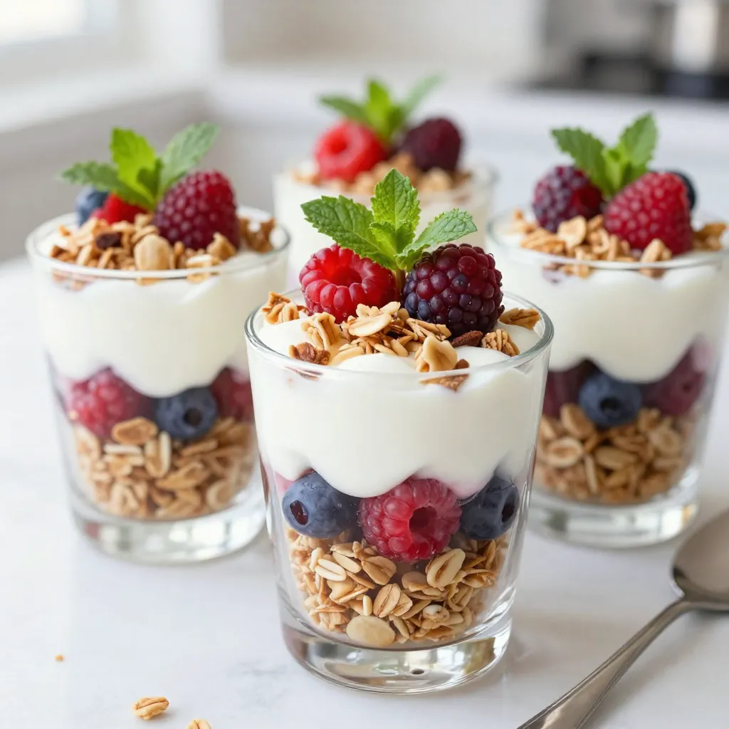 - Greek yogurt options: You can use plain or vanilla Greek yogurt. Plain yogurt gives a tangy taste. Vanilla adds sweetness and flavor. Both options work well in this recipe. - Choice of mixed berries: Use any combination of berries you like. Strawberries, blueberries, and raspberries are great choices. Fresh or frozen berries both taste delicious. Choose ripe berries for the best flavor. - Sweeteners to consider: Honey and maple syrup are popular sweeteners. You can adjust the amount to fit your taste. Use less for a tangier pop, or more for extra sweetness. - Different granola types: Granola adds crunch to the pops. You can use store-bought or homemade granola. Look for nutty or fruity granola for added flavor. - Garnishing options with mint: Fresh mint leaves make a lovely garnish. They add color and a fresh taste. You can sprinkle mint on top before serving for a fun touch. {{ingredient_image_1}} First, grab a mixing bowl. Add 2 cups of Greek yogurt to it. You can use plain or vanilla yogurt. Next, pour in 2 tablespoons of honey or maple syrup. This sweetens the yogurt. Then, add 1 teaspoon of vanilla extract for extra flavor. Use a whisk or spoon to mix well. You want it smooth and creamy. Taste it, and adjust sweetness if needed. Now, take your popsicle molds. Start by adding a layer of the yogurt mixture. Use about 1-2 tablespoons per mold. Next, add a layer of mixed berries. You can use strawberries, blueberries, or raspberries. After that, sprinkle a layer of granola on top. Repeat these layers until you fill the molds. Leave a little space at the top so the pops can expand when freezing. Insert popsicle sticks into each mold. Make sure they stand straight. Tap the molds gently on the counter. This helps settle the mixture and remove air bubbles. Cover the molds with a lid or some foil. Place them in the freezer for at least 4-6 hours. They need to freeze solid. When ready to serve, run warm water over the outside of the mold. This helps release the pops easily. Gently pull them out and enjoy! To make great pops, you need clear layers. Start with a layer of yogurt. Use a spoon to gently spread it. Next, add a layer of mixed berries. Press them down softly. Then, sprinkle granola over the berries. Repeat this process until the molds are full. Leave some space at the top. This helps the pops expand as they freeze. Taking your time with each layer makes a big difference. Getting pops out of the molds can be tricky. To release them easily, run warm water over the outside of the mold. Do this for about five seconds. This warms the mold and helps the pops slide out. Pull the pops gently, and they should come out smoothly. If they stick, try running the water longer. This simple trick saves you time and stress! Want to make your pops even more fun? You can add different flavors and colors. Try using mango, peaches, or even kiwi for a fruity twist. You can mix in some nuts for crunch. You can also drizzle chocolate or add a layer of yogurt on top. Fresh mint leaves make a great garnish. Let your creativity shine with every batch! Pro Tips Use Frozen Berries: If fresh berries are not in season, frozen mixed berries work just as well and can help keep the yogurt mixture cold while layering. Customize Sweetness: Adjust the amount of honey or maple syrup to suit your taste, or substitute with a sugar alternative for a healthier option. Experiment with Flavors: Don’t hesitate to mix in different flavors of yogurt or add spices like cinnamon or nutmeg for a unique twist. Perfect Serving Size: If you prefer smaller treats, consider using ice cube trays instead of traditional popsicle molds for bite-sized parfait pops. {{image_2}} You can change the fruit in your parfait pops. Tropical fruits work great! Try using mangoes, pineapples, or kiwis. Stone fruits like peaches and plums also add a sweet touch. Just chop them into small pieces. Use any mix you like. The goal is to create fun flavors and textures. Each bite will taste like summer. Flavored yogurt can change the taste of your pops. You can use strawberry, peach, or coconut yogurt. Vanilla yogurt is a classic choice and pairs well with fruit. You can even try Greek yogurt with a hint of lemon or lime. This gives a zesty kick. Experiment to find your favorite yogurt flavor. You can adjust the sweetness to fit your taste. Natural sweeteners like honey or maple syrup work well. They add a nice flavor. If you want it sweeter, add more. You can also use agave syrup or stevia for a low-calorie option. Avoid using too much refined sugar. It can mask the fresh fruit taste. Always taste as you mix. To keep your Berry Yogurt Parfait Pops fresh, wrap each one tightly. Use plastic wrap or freezer bags. This helps prevent freezer burn. Store them in a single layer until frozen. After that, you can stack them. Always label your bags with the date. This way, you know when you made them. These pops last up to two months in the freezer. After that, they may lose flavor or texture. It's best to eat them within this time for the best taste. If you notice ice crystals forming, it's time to toss them. Clean your molds after each use. Wash them with warm soapy water. Avoid using harsh scrubbers that can scratch the surface. If they smell, soak them in a mix of baking soda and water. Rinse well before the next use. This will keep your molds in great shape for your next batch. Yes, you can use non-dairy yogurt. Look for options like coconut, almond, or soy. These yogurts work well in this recipe. They add a nice flavor and texture. Just ensure they are plain or lightly sweetened. This change keeps the taste fresh and fun. Kids love fun flavors and colors. You can use different fruits like mango or kiwi. Try adding some colorful sprinkles on top for a pop of fun. You can also blend in some fruit puree into the yogurt for a unique twist. Another idea is to use yogurt with fun flavors, like strawberry or peach. These pops take about 4-6 hours to freeze completely. The time may vary based on your freezer's temperature. If your pops are still soft after 4 hours, give them more time. Check them after an hour or so. The pops should feel firm and icy when ready. This blog post covered how to make berry yogurt popsicles. We discussed the key ingredients like Greek yogurt and berries, plus sweeteners. I shared step-by-step instructions for mixing, layering, and freezing your pops. Tips helped ensure perfect layers and easy popsicle removal. Feel free to explore variations, like using tropical fruits or different yogurt flavors. These pops are not just tasty; they are also easy to customize. Enjoy creating your own cool and healthy treats! Happy freezing!