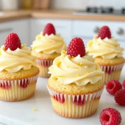 To make these lemon raspberry cupcakes, gather the following items: - 1 cup all-purpose flour - 1 teaspoon baking powder - 1/2 teaspoon baking soda - 1/4 teaspoon salt - 1/2 cup unsalted butter, softened - 1 cup granulated sugar - 2 large eggs - Zest of 1 lemon - 1/4 cup fresh lemon juice - 1/2 cup buttermilk - 1 cup fresh raspberries (plus extra for decoration) - 1 teaspoon vanilla extract Use high-quality ingredients for the best results. Fresh raspberries offer bright flavor. Choose ripe lemons for zest and juice. Unsalted butter gives better control over salt levels. For the flour, all-purpose works well and keeps the texture light. If you can, use fresh buttermilk. It adds richness and moisture to the batter. Always check the expiration dates on your baking powder and soda. You can make some swaps if needed. For flour, a gluten-free blend can work. Instead of buttermilk, mix regular milk with a teaspoon of vinegar or lemon juice for a quick substitute. If you need a dairy-free option, use coconut oil in place of butter. For eggs, try flaxseed meal mixed with water as a vegan alternative. Just remember, each swap may change the final taste or texture. {{ingredient_image_1}} Start by preheating your oven to 350&deg;F (175&deg;C). This step is key for even baking. While the oven heats, line a muffin tin with cupcake liners. This keeps the cupcakes from sticking and makes for easy removal. In a medium bowl, whisk together the dry ingredients. Combine 1 cup of all-purpose flour, 1 teaspoon of baking powder, 1/2 teaspoon of baking soda, and 1/4 teaspoon of salt. Mixing these ingredients first helps the cupcakes rise well. In a large bowl, use an electric mixer to cream together 1/2 cup of softened butter and 1 cup of granulated sugar. Beat them for about 3 to 4 minutes until the mixture looks light and fluffy. This step adds air to the batter, making the cupcakes soft. In another bowl, mix 1/2 cup of buttermilk with 1/4 cup of fresh lemon juice. Let it sit for a minute. This curdling helps add moisture and tang. Next, add 2 large eggs, the zest of 1 lemon, and 1 teaspoon of vanilla extract to the butter mixture. Beat well after adding each egg. Now, it&rsquo;s time to combine the mixtures. Gradually add the dry ingredients to the butter mixture, alternating with the buttermilk mix. Start and end with the dry ingredients. Mix until just combined. Then gently fold in 1 cup of fresh raspberries. Be careful not to crush them while mixing. Divide the batter evenly among the cupcake liners, filling each about two-thirds full. Bake for 18 to 20 minutes. Check for doneness by inserting a toothpick into the center. If it comes out clean, your cupcakes are ready. After baking, let them cool in the pan for 5 minutes. Then, transfer them to a wire rack to cool completely. This cooling step is vital for perfect texture. To get the best texture, focus on mixing. Cream the butter and sugar until light and fluffy. This adds air and makes the cupcakes rise. Don't overmix once you add the flour. Mix just until you see no dry spots. This keeps your cupcakes soft and moist. Lemon buttercream is a perfect match for these cupcakes. It adds a creamy tang that pairs well with the tartness of the lemon. You can also try cream cheese frosting for a richer taste. If you want a lighter option, a whipped cream topping works great too. Don&rsquo;t forget to add a few fresh raspberries on top for a pop of color! Fresh raspberries taste brighter and have a better texture. They hold their shape well in the batter. If you use frozen raspberries, thaw them first and drain excess liquid. This helps prevent a soggy batter. Both options work, but fresh gives you that fresh burst of flavor! Pro Tips Use Room Temperature Ingredients: Ensure that your butter and eggs are at room temperature for better incorporation into the batter, resulting in a lighter texture. Don&rsquo;t Overmix: When combining the wet and dry ingredients, mix just until combined. Overmixing can lead to dense cupcakes. Let the Cupcakes Cool Completely: Allow the cupcakes to cool completely before frosting. This prevents the frosting from melting and ensures a beautiful presentation. Experiment with Flavor: For an extra zing, consider adding a splash of your favorite liqueur or a hint of ginger to the batter. {{image_2}} For a unique twist, try adding lavender. It gives a floral note that pairs well with lemon and raspberry. Use dried culinary lavender. Add one teaspoon to the dry mix. This small change can brighten your cupcakes. The taste becomes refreshing and aromatic, perfect for spring or summer. Making vegan lemon raspberry cupcakes is easy. Swap the butter for coconut oil or vegan butter. Use flax eggs instead of regular eggs. Mix one tablespoon of ground flaxseed with three tablespoons of water. Let it sit for five minutes to thicken. Use almond milk or oat milk for buttermilk. The result remains moist and flavorful. To make gluten-free lemon raspberry cupcakes, use a gluten-free flour blend. This can replace all-purpose flour in equal amounts. Be sure it contains xanthan gum for better texture. If not, add one teaspoon of xanthan gum to the mix. These cupcakes will still be light and fluffy, just like the classic version. Enjoy the bright flavors without any gluten! To keep your lemon raspberry cupcakes fresh, place them in a cool spot. If you have leftovers, cover them well. Use plastic wrap or a lid. This keeps them moist and tasty. If you want to eat them later, consider the fridge. The cold helps them last longer. But, if you plan to enjoy them soon, room temperature works too! The best container for your cupcakes is an airtight one. An airtight container keeps air out. This helps prevent drying. A cupcake carrier is great too! It protects your treats from bumps. Make sure your cupcakes are cool before you store them. Warm cupcakes can make the container foggy. This can lead to soggy tops! You can freeze lemon raspberry cupcakes for later. Start by letting them cool completely. Wrap each cupcake in plastic wrap. This prevents freezer burn. Then, place them in a freezer-safe bag. Be sure to label the bag with the date. They can stay fresh for up to three months. When you want to eat one, take it out and thaw it at room temperature. This way, they taste just as good as fresh! To make lemon raspberry cupcakes from scratch, start by mixing your dry ingredients. Combine 1 cup of all-purpose flour, 1 teaspoon of baking powder, 1/2 teaspoon of baking soda, and 1/4 teaspoon of salt in a bowl. Next, beat 1/2 cup of softened unsalted butter and 1 cup of sugar until fluffy. Add 2 eggs, lemon zest, and 1 teaspoon of vanilla extract. In another bowl, mix 1/4 cup of fresh lemon juice with 1/2 cup of buttermilk. Alternate adding the dry mix and buttermilk mix into the butter mix. Gently fold in 1 cup of fresh raspberries. Bake at 350&deg;F for 18-20 minutes. Yes, you can add other fruits! Strawberries, blueberries, or blackberries work well. Keep the total fruit amount about the same. This way, the cupcakes stay moist and flavorful. Just remember to fold them gently to avoid crushing. Lemon buttercream frosting is the best choice. It adds a creamy finish that complements the tartness of the lemon. To make it, beat together softened butter, powdered sugar, lemon juice, and zest. You can also use cream cheese frosting for a richer taste. These cupcakes will last about 3 days at room temperature. Keep them in an airtight container to maintain moisture. If you store them in the fridge, they can last up to a week. Just bring them back to room temperature before serving. You can use lemon extract, but fresh lemon juice gives better flavor. If you use extract, use about 1 teaspoon. You may want to adjust the sugar since extract is stronger. Fresh juice adds zest and brightness that enhances the cupcakes. You learned about making delicious lemon raspberry cupcakes from scratch. We covered ingredient choices, baking steps, and how to store them well. I hope you feel ready to try this recipe. Remember to use fresh ingredients for the best taste. Don&rsquo;t hesitate to experiment with flavors or toppings. Enjoy your baking journey, and share these treats with family and friends. They&rsquo;ll love them!