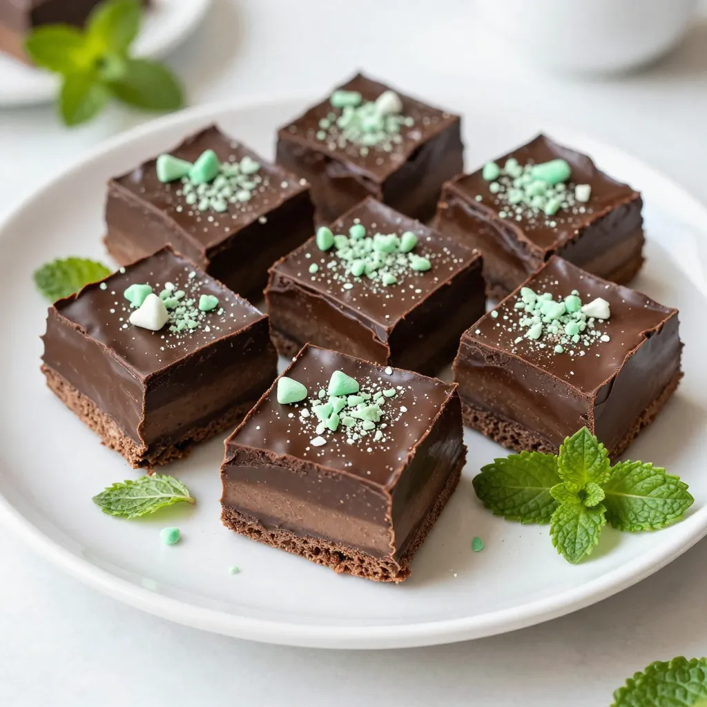 - 2 cups semi-sweet chocolate chips - 1 can (14 oz) sweetened condensed milk - 1/4 cup unsweetened cocoa powder - 1 teaspoon peppermint extract - 1/2 teaspoon vanilla extract - 1/4 teaspoon salt - 1 1/2 cups powdered sugar - 1/4 cup crushed mint candies (like peppermint candies or Andes mints) Each ingredient plays a key role in making choco-mint fudge. The chocolate chips give richness. Sweetened condensed milk adds creaminess and sweetness. Cocoa powder deepens the chocolate flavor. The peppermint extract gives that cool, minty taste. Vanilla extract balances the flavors. Salt enhances the sweetness. Powdered sugar thickens the fudge. Crushed mint candies add a delightful crunch. You can swap semi-sweet chocolate chips for dark chocolate chips if you prefer a richer taste. If you cannot find sweetened condensed milk, you can use evaporated milk mixed with sugar. For a sugar-free option, you can use a sugar substitute in the same amount. If you want a different mint flavor, try using mint extract instead of peppermint. Always adjust amounts to taste! {{ingredient_image_1}} First, grab an 8x8 inch baking dish. Line it with parchment paper. Let the paper hang over the sides. This helps with easy removal later. Set it aside for now. Next, take a medium saucepan. Put it on low heat. Add 2 cups of semi-sweet chocolate chips and 1 can of sweetened condensed milk. Stir constantly. Keep stirring until it melts into a smooth mix. This step is key for a creamy fudge. Once melted, remove the saucepan from heat. Add 1/4 cup of unsweetened cocoa powder. Pour in 1 teaspoon of peppermint extract, 1/2 teaspoon of vanilla extract, and 1/4 teaspoon of salt. Mix well until everything is combined. This blend gives the fudge its rich flavor. Now it's time for the sugar. Gradually sift in 1 1/2 cups of powdered sugar. Stir as you go. The mixture will get thicker and smoother. This step makes your fudge sweet and delightful. Next, fold in 1/4 cup of crushed mint candies. You can use peppermint candies or Andes mints. These add a nice crunch and burst of mint in every bite. Be gentle so you don’t break them too much. Pour the fudge mixture into the prepared baking dish. Spread it out evenly with a spatula. Make sure the top is smooth. Now, refrigerate for at least 2 hours. This time helps the fudge set completely. After chilling, lift the fudge out of the pan using the parchment paper. Cut it into squares. Each piece should be a perfect bite of chocolate and mint. Enjoy your homemade choco-mint fudge! Start with low heat to melt your chocolate. Using a medium saucepan works great. Stir the mixture constantly. This helps prevent burning. If you notice any lumps, keep stirring until smooth. You can also use a double boiler for better control. Just make sure the bowl does not touch the water. This method heats gently and melts chocolate evenly. To get a creamy texture, add sweetened condensed milk right away. This keeps the chocolate smooth. As you mix in the cocoa powder and extracts, keep stirring. This step is crucial for blending flavors well. When you add powdered sugar, do it gradually. This helps to avoid lumps and makes the fudge thick and luscious. The final texture should be rich and velvety. For a special touch, cut the fudge into neat squares. Place them on a colorful or festive plate. Sprinkle some crushed mint candies on top. This adds a pop of color and extra flavor. Pair the fudge with a warm drink, like tea or coffee. This enhances the minty taste. Serve it at parties or as a sweet treat for guests. Your friends and family will love this delicious delight! Pro Tips Use Quality Chocolate: Opt for high-quality semi-sweet chocolate chips for a richer flavor and smoother texture in your fudge. Let It Cool Gradually: After melting the chocolate, allow it to cool slightly before adding the powdered sugar to prevent clumping. Experiment with Flavors: Feel free to add a pinch of sea salt or a splash of orange extract for a unique twist on the classic chocolate-mint combination. Storage Tips: Store the fudge in an airtight container in the refrigerator to maintain its freshness and texture for up to two weeks. {{image_2}} You can make your choco-mint fudge even better by adding nuts. Chopped walnuts or pecans add crunch and flavor. You can also mix in a bit of espresso powder for a coffee kick. This gives a great depth to the taste. Try adding a pinch of sea salt on top for a sweet and salty twist. If you want a twist on mint, try using spearmint extract instead of peppermint. This gives a milder flavor. You can also use fresh mint leaves. Just chop them finely and mix them in. They add a fresh, bright taste to your fudge. Looking for a healthier version? Use dark chocolate chips instead of semi-sweet. You can also substitute coconut milk for sweetened condensed milk. This makes the fudge dairy-free and adds a nice flavor. Use a sugar substitute like monk fruit or stevia to cut down on sugar. These swaps keep the fudge tasty while making it a bit healthier. To keep your choco-mint fudge fresh, store it in an airtight container. Line the container with parchment paper, if possible. This helps to absorb moisture and keep the fudge from sticking. Place a layer of wax paper between fudge layers to prevent sticking. Make sure to keep the container in a cool, dry place away from sunlight. When stored correctly, choco-mint fudge lasts about two weeks at room temperature. If you refrigerate it, it can stay fresh for up to one month. The cold can make it firmer, but it still tastes great. Just remember to let it sit for a few minutes at room temperature before serving. You can freeze choco-mint fudge for longer storage. Wrap individual squares in plastic wrap, then place them in a freezer bag. This keeps them fresh for up to three months. To thaw, simply take out what you need and let it sit on the counter for about 30 minutes. Enjoy your treat once it's soft again! Yes, you can use dark chocolate. It will make the fudge richer and less sweet. Just keep in mind that the flavor will change. Dark chocolate has a stronger taste, which some may love. You can use coconut milk with sugar. This mix has a creamy texture. Another option is homemade condensed milk made from milk and sugar. It takes a bit more time, but it works well. This recipe is naturally gluten-free. Just check all your ingredients for any gluten content. Most chocolate chips and candies are safe, but it’s best to confirm. You can find pre-made choco-mint fudge at local candy shops or specialty stores. Online retailers also offer it, and you can check sites like Amazon or Etsy. Some popular brands include Hammond's, Fudge Factory, and See's Candies. These brands often have great flavors and quality. You can find them in stores or online. This blog post covered all you need to know about making choco-mint fudge. We explored the key ingredients, how to prepare and store your fudge, and creative variations. With these easy steps, you can make a tasty treat. Keep these tips in mind for the best results. Fudge is fun to make and share. Enjoy your sweet creation!