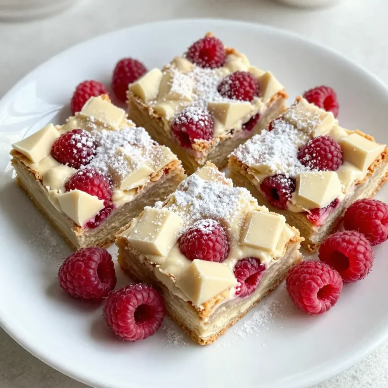 In this section, we will explore the key ingredients that make Raspberry White Chocolate Blondies a treat you cannot resist. Each component plays a vital role in creating that perfect blend of flavors and textures. - 1 cup (2 sticks) unsalted butter, melted - 1 cup brown sugar - 1/2 cup granulated sugar - 2 large eggs - 2 teaspoons vanilla extract - 2 cups all-purpose flour - 1 teaspoon baking powder - 1/2 teaspoon baking soda - 1/4 teaspoon salt - 1 cup white chocolate chips - 1 cup fresh raspberries (plus extra for garnish) Let’s break down these ingredients. Unsalted butter adds richness and moisture. It also helps the sugars blend well. Brown sugar gives a hint of caramel flavor, while granulated sugar adds sweetness. Eggs bind everything together and help the blondies rise. Vanilla extract enhances the overall flavor, making each bite more enjoyable. All-purpose flour is the base of our blondies. It gives them structure. Baking powder and baking soda help with leavening, ensuring the blondies are light and fluffy. Salt balances the sweetness and enhances other flavors. White chocolate chips add creamy sweetness, while fresh raspberries provide a burst of tartness. These two flavors create a delightful contrast that keeps you coming back for more. Now that you know what goes into these blondies, you can see how each ingredient contributes to the overall delight of this dessert. {{ingredient_image_1}} 1. Preheat the oven and prepare the pan. Set your oven to 350°F (175°C). Grease a 9x13 inch baking pan or line it with parchment paper. This will help with easy removal later. 2. Mixing wet ingredients. In a large bowl, combine 1 cup of melted unsalted butter, 1 cup of brown sugar, and 1/2 cup of granulated sugar. Stir well until the mixture is smooth and blended. 3. Combining dry ingredients. In another bowl, whisk together 2 cups of all-purpose flour, 1 teaspoon of baking powder, 1/2 teaspoon of baking soda, and 1/4 teaspoon of salt. This step helps to ensure even mixing. 1. Incorporating white chocolate and raspberries. Add 2 large eggs to the wet mixture, one at a time, mixing well after each. Stir in 2 teaspoons of vanilla extract. Gradually add the dry mix to the wet mix, stirring until just combined. Gently fold in 1 cup of white chocolate chips and 1 cup of fresh raspberries. Be careful not to squish the raspberries too much. 2. Pouring batter into the pan. Pour the batter into the prepared baking pan. Use a spatula to spread it evenly across the pan. 3. Baking time and checking for doneness. Place the pan in the oven. Bake for 25-30 minutes. Check the blondies by inserting a toothpick into the center. It should come out clean or with a few moist crumbs. 1. Allowing blondies to cool. Once done, take the pan out of the oven. Let the blondies cool in the pan on a wire rack for at least 10 minutes. This helps set them. 2. Cutting and serving suggestions. After cooling, cut the blondies into squares. For a lovely touch, dust with powdered sugar and top with extra fresh raspberries. Enjoy them as they are, or pair them with a scoop of vanilla ice cream for a sweet treat! To get the best blondies, you want them to bake evenly. Here are some quick tips: - Ensure even baking: Always preheat your oven to 350°F (175°C). This helps your blondies cook through. Use a light-colored pan to avoid burning the bottom. - Checking for doneness: Use a toothpick to test. Insert it in the center. If it comes out clean with a few moist crumbs, your blondies are ready. Want to boost the flavor of your blondies? Try these ideas: - Adding vanilla or almond extract: A teaspoon of almond extract adds a lovely twist. Vanilla also enhances the sweet flavors. Just mix it in with your wet ingredients. - Adjusting sweetness: If you like things sweeter, add a little more sugar. Taste the batter before baking to find your perfect balance. Making your blondies look great is easy. Here’s how: - Garnishing with powdered sugar and raspberries: Dust some powdered sugar on top for a pretty finish. Add a few fresh raspberries for color. - Serving suggestions with ice cream: Serve your blondies warm with a scoop of vanilla ice cream. The cold ice cream pairs well with the warm, gooey blondies. Pro Tips Use Room Temperature Eggs: Ensure your eggs are at room temperature for better emulsification, which helps create a smooth batter. Don’t Overmix: Gently fold in the raspberries and white chocolate chips to maintain the blondie’s tender texture. Check for Doneness: To avoid overbaking, start checking for doneness a few minutes early; the center should be set but still slightly moist. Cool Completely: Allow blondies to cool completely in the pan before cutting to ensure clean edges and prevent crumbling. {{image_2}} You can change the chocolate for a new taste. Try dark chocolate or milk chocolate chips. Both options add a rich flavor. You can also swap out raspberries. Use blueberries, strawberries, or even chopped peaches. Each fruit gives a different twist to your blondies. If you need gluten-free blondies, use almond or coconut flour instead of all-purpose flour. These flours work well and keep the texture light. For a vegan version, use plant-based butter and substitute eggs with flaxseed meal or applesauce. This way, everyone can enjoy these treats! Want to add some crunch? Toss in chopped nuts like walnuts or pecans. They provide a nice texture and flavor. You can also sprinkle in some cinnamon or nutmeg for warmth. For a bright, zesty touch, add lemon or orange zest. This gives the blondies a fresh and fun kick! To keep your raspberry white chocolate blondies fresh, store them in an airtight container. Make sure to place parchment paper between layers to avoid sticking. Keep them in a cool, dry place. They stay best at room temperature for about three days. For longer storage, you can refrigerate them. In the fridge, they can last up to a week. If you want to enjoy them later, freezing is a great option. To freeze blondies, first, let them cool completely. Cut them into squares, then wrap each piece tightly in plastic wrap. Place wrapped blondies in a freezer bag. They can stay frozen for up to three months. When you’re ready to enjoy them, take out the desired amount. Thaw them in the fridge overnight for best results. You can also let them sit at room temperature for a few hours. These blondies are best when eaten within a week. If stored properly, they can last up to seven days in the fridge. Check for signs of spoilage. If you see mold or if they smell off, it’s time to toss them. Enjoy your blondies while they are fresh for the best flavor! To keep your blondies moist, use melted butter. This adds richness. Make sure not to overmix the batter. Overmixing can lead to dry blondies. Also, check your baking time. If you bake them too long, they dry out. Yes, you can use frozen raspberries. They work well in this recipe. Just remember to thaw them first. Drain excess moisture to avoid a soggy mix. Frozen berries may break apart more than fresh ones. This can change the texture slightly. To check if they are done, insert a toothpick in the center. If it comes out clean or with a few moist crumbs, they are ready. If there's wet batter on the toothpick, keep baking. Start checking around 25 minutes for best results. Yes, you can make them ahead of time. They stay fresh for a few days. Store them in an airtight container at room temperature. For longer storage, freeze them. Just wrap them well before freezing. If you need an egg substitute, try using applesauce. Use 1/4 cup of applesauce for each egg. You can also use mashed banana or yogurt. These options work well and keep the blondies moist. In this post, we explored the key ingredients for making delicious blondies, including butter, sugars, eggs, and raspberries. I shared step-by-step instructions to help you bake these tasty treats perfectly. We also covered tips to enhance flavor, storage, and variations for special diets. Remember, blondies are fun to make and enjoy. With these easy recipes and ideas, you can create your own unique version. Happy baking!