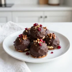 - 8 oz cream cheese - 1/2 cup powdered sugar - 1 teaspoon vanilla extract - 1 cup crushed graham crackers - 1/2 cup dried cranberries, chopped - 1/4 cup white chocolate chips, melted - 1/2 cup dark chocolate, for coating - Optional: crushed pecans or pistachios To make these delightful truffles, you need simple ingredients. Each one adds to the creamy, sweet flavor. Cream cheese is the base. It gives the truffles a rich, smooth texture. Make sure it is softened for easy mixing. Powdered sugar adds sweetness. It mixes well and gives a nice finish. Vanilla extract enhances the flavor. It brings warmth to the truffles. Crushed graham crackers add crunch. They help bind the mixture together. Dried cranberries provide a tart kick. They balance the sweetness and add color. White chocolate chips give a creamy layer. You will melt them for mixing. Dark chocolate coats the truffles. It adds a rich taste and a nice crunch. You can also use crushed pecans or pistachios for garnish. They add extra flavor and texture on top. Gather these ingredients before you start. It makes the process smooth and fun! {{ingredient_image_1}} - In a large mixing bowl, combine 8 oz of softened cream cheese, 1/2 cup powdered sugar, and 1 teaspoon vanilla extract. Use an electric mixer to blend until smooth and creamy. This mixture should feel light and fluffy. - Stir in 1 cup of crushed graham crackers and 1/2 cup of chopped dried cranberries. Mix until everything is well combined. The mixture should be thick enough to hold its shape. - Scoop out small portions of the mixture with your hands. Roll them into balls about 1 inch in diameter. Place the truffles onto a parchment-lined baking sheet. - Freeze the truffles for about 30 minutes, or until they are firm. This step helps the truffles hold their shape when coated. - While the truffles are freezing, melt 1/2 cup of dark chocolate in a microwave-safe bowl. Do this in 30-second intervals, stirring in between, until fully melted and smooth. - Dip each frozen truffle into the melted dark chocolate. Allow excess chocolate to drip off. Return the coated truffles to the parchment-lined baking sheet. - If you like, sprinkle crushed pecans or pistachios on top of the truffles before the chocolate sets. This adds a nice crunch and flavor. - Allow the chocolate to harden fully at room temperature or in the refrigerator. This may take about 20 to 30 minutes. These steps will lead you to delightful cranberry cheesecake truffles that are simple to make and hard to resist! When making cranberry cheesecake truffles, it&rsquo;s easy to make mistakes. Here are two common ones: - Overmixing or undermixing the ingredients: Mix just until you see no lumps. Overmixing makes the truffles too soft. Undermixing leaves clumps. - Incorrect melting of chocolate: Melt chocolate in short bursts of 30 seconds. Stir after each burst. This helps prevent burning. Getting the right texture is key to great truffles. Here are my tips: - Start with softened cream cheese. This makes it easy to blend. - When adding graham crackers, make sure they are crushed fine. This helps hold the truffles together. - If the mixture feels too wet, add more graham crackers. If too dry, add a splash of cream cheese. Cranberry cheesecake truffles are a treat for any occasion. Here&rsquo;s how to serve them: - Pair with hot cocoa or coffee. The rich flavors complement each other well. - Arrange them on a festive platter. Add some fresh cranberries or mint leaves for color. - For a fun twist, serve alongside a scoop of vanilla ice cream. It adds a creamy contrast. Pro Tips Chill the Mixture: For easier rolling, chill the cream cheese mixture in the refrigerator for about 10-15 minutes before forming the truffles. Use Quality Chocolate: Opt for high-quality dark chocolate for coating. It makes a significant difference in flavor and texture. Experiment with Flavors: Feel free to add a splash of orange zest or almond extract for a unique twist on the classic cheesecake flavor. Store Properly: Keep the truffles in an airtight container in the refrigerator to maintain their freshness and firmness. {{image_2}} You can change the taste of cranberry cheesecake truffles by swapping some ingredients. Use different cream cheeses, like flavored ones, for a fun twist. Try adding crushed ginger snaps instead of graham crackers. For a unique flavor, mix in spices like cinnamon or nutmeg. You can also add different nuts, such as walnuts or almonds, for a crunchy bite. The goal is to find flavors you love. Making these truffles fit your diet is easy. For a gluten-free option, use gluten-free graham crackers. You can also swap regular chocolate for dairy-free chocolate to make it vegan. Substitute cream cheese with a vegan cream cheese option to keep the flavor but meet dietary needs. This way, everyone can enjoy these tasty treats. You can create holiday-themed versions of these truffles. For Christmas, add peppermint extract for a festive flavor. Roll them in crushed candy canes for a fun touch. Around Thanksgiving, use pumpkin spice to give a warm flavor. During spring, add lemon zest for a fresh taste. These ideas can make your truffles stand out at any event. To keep your cranberry cheesecake truffles fresh, store them in airtight containers. This helps prevent moisture and keeps them tasty. I recommend placing parchment paper between layers of truffles. This way, they won't stick together. Always keep them in the fridge. This will keep the cream cheese from spoiling. Cranberry cheesecake truffles can last up to one week in the fridge. If you want them to last longer, you can freeze them. In the freezer, they can stay good for about three months. Just make sure to wrap them well to avoid freezer burn. Yes, you can refreeze the truffles if they have not been thawed completely. If they are already thawed, it's best to eat them. Refreezing can change their texture, making them less creamy. Always keep an eye on how long they have been out. Enjoy your truffles fresh for the best flavor! Cranberry cheesecake truffles are small, bite-sized treats. They combine rich cream cheese and sweet cranberries. The truffles are easy to make and need no baking. You start with a mix of softened cream cheese, powdered sugar, and vanilla. Then, you add crushed graham crackers and chopped dried cranberries. This mix forms a thick and creamy base. You shape the mixture into small balls and chill them. Finally, you coat these balls in melted dark chocolate. They have a creamy inside and a crunchy chocolate shell. You can use fresh cranberries, but they change the texture. Fresh cranberries are juicy and tart. This can make your truffles more watery. The dried cranberries work better for this recipe. They add sweetness and chewiness without extra moisture. If you want to use fresh cranberries, chop them finely. You may need to adjust the sugar to balance the tartness. To boost flavor, you can add spices or extracts. A pinch of cinnamon or nutmeg can add warmth. You might stir in a splash of orange extract for a fruity twist. Almond extract also pairs well with cream cheese. These small changes can elevate your truffles. Always taste the mixture before shaping the truffles. Adjust the flavors as needed for a delightful finish. You learned how to make delicious cranberry cheesecake truffles. This recipe combines cream cheese, cranberries, and chocolate for a sweet treat. I shared tips to avoid common mistakes and ideas for customizing flavors. Don&rsquo;t forget the best storage methods to keep them fresh. Now, you can make these tasty truffles for any occasion! Enjoy creating your own version and sharing it with friends. Happy cooking!