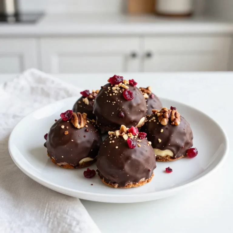 - 8 oz cream cheese - 1/2 cup powdered sugar - 1 teaspoon vanilla extract - 1 cup crushed graham crackers - 1/2 cup dried cranberries, chopped - 1/4 cup white chocolate chips, melted - 1/2 cup dark chocolate, for coating - Optional: crushed pecans or pistachios To make these delightful truffles, you need simple ingredients. Each one adds to the creamy, sweet flavor. Cream cheese is the base. It gives the truffles a rich, smooth texture. Make sure it is softened for easy mixing. Powdered sugar adds sweetness. It mixes well and gives a nice finish. Vanilla extract enhances the flavor. It brings warmth to the truffles. Crushed graham crackers add crunch. They help bind the mixture together. Dried cranberries provide a tart kick. They balance the sweetness and add color. White chocolate chips give a creamy layer. You will melt them for mixing. Dark chocolate coats the truffles. It adds a rich taste and a nice crunch. You can also use crushed pecans or pistachios for garnish. They add extra flavor and texture on top. Gather these ingredients before you start. It makes the process smooth and fun! {{ingredient_image_1}} - In a large mixing bowl, combine 8 oz of softened cream cheese, 1/2 cup powdered sugar, and 1 teaspoon vanilla extract. Use an electric mixer to blend until smooth and creamy. This mixture should feel light and fluffy. - Stir in 1 cup of crushed graham crackers and 1/2 cup of chopped dried cranberries. Mix until everything is well combined. The mixture should be thick enough to hold its shape. - Scoop out small portions of the mixture with your hands. Roll them into balls about 1 inch in diameter. Place the truffles onto a parchment-lined baking sheet. - Freeze the truffles for about 30 minutes, or until they are firm. This step helps the truffles hold their shape when coated. - While the truffles are freezing, melt 1/2 cup of dark chocolate in a microwave-safe bowl. Do this in 30-second intervals, stirring in between, until fully melted and smooth. - Dip each frozen truffle into the melted dark chocolate. Allow excess chocolate to drip off. Return the coated truffles to the parchment-lined baking sheet. - If you like, sprinkle crushed pecans or pistachios on top of the truffles before the chocolate sets. This adds a nice crunch and flavor. - Allow the chocolate to harden fully at room temperature or in the refrigerator. This may take about 20 to 30 minutes. These steps will lead you to delightful cranberry cheesecake truffles that are simple to make and hard to resist! When making cranberry cheesecake truffles, it’s easy to make mistakes. Here are two common ones: - Overmixing or undermixing the ingredients: Mix just until you see no lumps. Overmixing makes the truffles too soft. Undermixing leaves clumps. - Incorrect melting of chocolate: Melt chocolate in short bursts of 30 seconds. Stir after each burst. This helps prevent burning. Getting the right texture is key to great truffles. Here are my tips: - Start with softened cream cheese. This makes it easy to blend. - When adding graham crackers, make sure they are crushed fine. This helps hold the truffles together. - If the mixture feels too wet, add more graham crackers. If too dry, add a splash of cream cheese. Cranberry cheesecake truffles are a treat for any occasion. Here’s how to serve them: - Pair with hot cocoa or coffee. The rich flavors complement each other well. - Arrange them on a festive platter. Add some fresh cranberries or mint leaves for color. - For a fun twist, serve alongside a scoop of vanilla ice cream. It adds a creamy contrast. Pro Tips Chill the Mixture: For easier rolling, chill the cream cheese mixture in the refrigerator for about 10-15 minutes before forming the truffles. Use Quality Chocolate: Opt for high-quality dark chocolate for coating. It makes a significant difference in flavor and texture. Experiment with Flavors: Feel free to add a splash of orange zest or almond extract for a unique twist on the classic cheesecake flavor. Store Properly: Keep the truffles in an airtight container in the refrigerator to maintain their freshness and firmness. {{image_2}} You can change the taste of cranberry cheesecake truffles by swapping some ingredients. Use different cream cheeses, like flavored ones, for a fun twist. Try adding crushed ginger snaps instead of graham crackers. For a unique flavor, mix in spices like cinnamon or nutmeg. You can also add different nuts, such as walnuts or almonds, for a crunchy bite. The goal is to find flavors you love. Making these truffles fit your diet is easy. For a gluten-free option, use gluten-free graham crackers. You can also swap regular chocolate for dairy-free chocolate to make it vegan. Substitute cream cheese with a vegan cream cheese option to keep the flavor but meet dietary needs. This way, everyone can enjoy these tasty treats. You can create holiday-themed versions of these truffles. For Christmas, add peppermint extract for a festive flavor. Roll them in crushed candy canes for a fun touch. Around Thanksgiving, use pumpkin spice to give a warm flavor. During spring, add lemon zest for a fresh taste. These ideas can make your truffles stand out at any event. To keep your cranberry cheesecake truffles fresh, store them in airtight containers. This helps prevent moisture and keeps them tasty. I recommend placing parchment paper between layers of truffles. This way, they won't stick together. Always keep them in the fridge. This will keep the cream cheese from spoiling. Cranberry cheesecake truffles can last up to one week in the fridge. If you want them to last longer, you can freeze them. In the freezer, they can stay good for about three months. Just make sure to wrap them well to avoid freezer burn. Yes, you can refreeze the truffles if they have not been thawed completely. If they are already thawed, it's best to eat them. Refreezing can change their texture, making them less creamy. Always keep an eye on how long they have been out. Enjoy your truffles fresh for the best flavor! Cranberry cheesecake truffles are small, bite-sized treats. They combine rich cream cheese and sweet cranberries. The truffles are easy to make and need no baking. You start with a mix of softened cream cheese, powdered sugar, and vanilla. Then, you add crushed graham crackers and chopped dried cranberries. This mix forms a thick and creamy base. You shape the mixture into small balls and chill them. Finally, you coat these balls in melted dark chocolate. They have a creamy inside and a crunchy chocolate shell. You can use fresh cranberries, but they change the texture. Fresh cranberries are juicy and tart. This can make your truffles more watery. The dried cranberries work better for this recipe. They add sweetness and chewiness without extra moisture. If you want to use fresh cranberries, chop them finely. You may need to adjust the sugar to balance the tartness. To boost flavor, you can add spices or extracts. A pinch of cinnamon or nutmeg can add warmth. You might stir in a splash of orange extract for a fruity twist. Almond extract also pairs well with cream cheese. These small changes can elevate your truffles. Always taste the mixture before shaping the truffles. Adjust the flavors as needed for a delightful finish. You learned how to make delicious cranberry cheesecake truffles. This recipe combines cream cheese, cranberries, and chocolate for a sweet treat. I shared tips to avoid common mistakes and ideas for customizing flavors. Don’t forget the best storage methods to keep them fresh. Now, you can make these tasty truffles for any occasion! Enjoy creating your own version and sharing it with friends. Happy cooking!