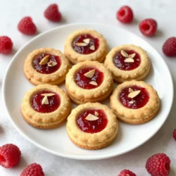 To make Raspberry Almond Thumbprint Cookies, you need a few key ingredients. Here&rsquo;s what you will need: - 1 cup unsalted butter, softened - 3/4 cup granulated sugar - 2 cups all-purpose flour - 1/2 cup almond flour - 1/4 teaspoon salt - 1 teaspoon almond extract - 1/2 teaspoon vanilla extract - 1/2 cup raspberry jam - Sliced almonds for garnish These ingredients combine to create a soft and tasty cookie. The almond flour gives it a unique flavor and texture. The raspberry jam adds a sweet and tart filling that makes each bite special. If you want to take your cookies to the next level, consider these options: - A dusting of powdered sugar for sweetness. - Fresh raspberries for a pop of color. - A drizzle of melted chocolate for extra richness. Adding these garnishes makes your cookies look even more appealing. They also add different flavors that can surprise your taste buds. To create your cookies, gather these tools: - Mixing bowls for combining ingredients. - Measuring cups and spoons for accuracy. - A baking sheet lined with parchment paper. - A wire rack for cooling the cookies. Having the right tools makes baking easier. You&rsquo;ll enjoy the process and feel like a pro in your kitchen. {{ingredient_image_1}} Start by clearing your counter space. Gather all your tools and ingredients. This makes the process smooth and fun. Grab a baking sheet and line it with parchment paper. Preheat your oven to 350&deg;F (175&deg;C). This step is key; a hot oven helps the cookies bake evenly. In a large bowl, cream together 1 cup of softened unsalted butter and 3/4 cup of granulated sugar. Do this until the mix is light and fluffy. Next, add 1 teaspoon of almond extract and 1/2 teaspoon of vanilla extract. Mix until well combined. In another bowl, whisk together 2 cups of all-purpose flour, 1/2 cup of almond flour, and 1/4 teaspoon of salt. Slowly add this dry mix to your butter-sugar mix. Keep mixing until a soft dough forms. Scoop tablespoon-sized portions of dough and roll them into balls. Place the balls on your lined baking sheet, leaving about 2 inches between each cookie. Now, make a small indent in the center of each ball using your thumb or the back of a teaspoon. This is where the raspberry jam will go. Fill each indent with about 1/2 teaspoon of raspberry jam. For added texture, sprinkle a few sliced almonds around the edge of each thumbprint. Bake the cookies in your preheated oven for 12-15 minutes. Watch for the edges to turn lightly golden. Once baked, remove the cookies from the oven. Let them cool on the baking sheet for 5 minutes before moving them to a wire rack. This cooling step helps them set perfectly. Enjoy the lovely aroma while they cool! To get that ideal texture, you want a soft and tender cookie. Start with soft butter. This helps mix in the sugar well. Cream the butter and sugar until it looks light and fluffy. This step makes your cookies airy. Don&rsquo;t skip the almond extract; it adds flavor. When you mix the dry ingredients, do it gently. Over-mixing can make cookies tough. Aim for a soft dough, not a hard one. Be careful not to pack the flour tightly. This can make your cookies dry. Use a spoon to fluff it up and then scoop. Another mistake is not letting the cookies cool. If you move them too soon, they can break. Also, pay attention to the baking time. Keep an eye on them as they bake. You want the edges to be just golden, not dark brown. Always measure your ingredients well. Use measuring cups and spoons for accuracy. When mixing, start slow to avoid flour clouds. Use a spatula to scrape down the sides of the bowl. This ensures everything mixes evenly. Don&rsquo;t rush this step; take your time. It really makes a difference in the final cookie. Enjoy the process, and trust your instincts! Pro Tips Chill the Dough: Refrigerate the cookie dough for 30 minutes before baking to help maintain their shape and prevent spreading. Use High-Quality Jam: Opt for a good quality raspberry jam for better flavor and a more vibrant color in the thumbprint. Experiment with Nuts: Try using different nuts, like pistachios or hazelnuts, for a unique twist on the flavor and texture. Store Properly: Keep cookies in an airtight container at room temperature for up to a week to maintain freshness. {{image_2}} You can change flavors easily in these cookies. Swap almond extract for vanilla or hazelnut. This gives a different taste. You can also use a mix of all-purpose flour and oat flour. This adds a nice texture. If you like a sweeter note, try adding a little honey or maple syrup to the dough. Just remember to adjust the sugar. Raspberry jam is great, but other jams work too. Strawberry or apricot jam can add fun flavors. You can even try lemon curd for a zesty touch. For a berry mix, use blackberry or blueberry jam. Each jam gives a unique taste. Choose what you love best! Making these cookies gluten-free is simple. Use a gluten-free flour blend in place of all-purpose flour. For a vegan version, swap butter with coconut oil or vegan butter. Use a flax egg instead of regular eggs. This means mixing one tablespoon of flaxseed meal with three tablespoons of water. Let it sit until it thickens. Replace the jam with a fruit spread that has no animal products. Enjoy these treats with your own twist! To keep your baked raspberry almond thumbprint cookies fresh, use an airtight container. Place layers of cookies between parchment paper to avoid sticking. Store them at room temperature for up to five days. If you want to keep them longer, consider refrigerating them. Chilling can help maintain their texture and flavor. Freezing unbaked cookie dough is a great way to save time. After you form the balls of dough, place them on a baking sheet. Freeze the dough for about one hour until firm. Then, transfer the balls to a freezer-safe bag. They can stay frozen for up to three months. When you're ready, bake them straight from the freezer, adding a few extra minutes to the bake time. The shelf life of these cookies is around one week at room temperature. If you store them in the fridge, they can last up to two weeks. For longer storage, freezing is best. Remember that the texture may change slightly after freezing, but the taste will remain delicious. Yes, you can use different nuts. Walnuts or pecans work well. They add a nice crunch. Just chop them finely and mix them into the dough. You can replace almond flour with regular flour. Use an extra half cup of all-purpose flour. This keeps the texture light and fluffy. You can use any fruit jam you like. Strawberry or blueberry jam are great options. They bring new flavors and still taste delicious. These cookies stay fresh for about one week. Store them in an airtight container. You can also freeze them for up to three months. Raspberry almond thumbprint cookies are fun to make and taste great. We covered the key ingredients, simple steps, and helpful tips. I shared variations for allergies and preferences. Proper storage keeps your cookies fresh longer. Remember, your kitchen can be a place of joy and creativity. Enjoy baking and sharing these tasty treats!