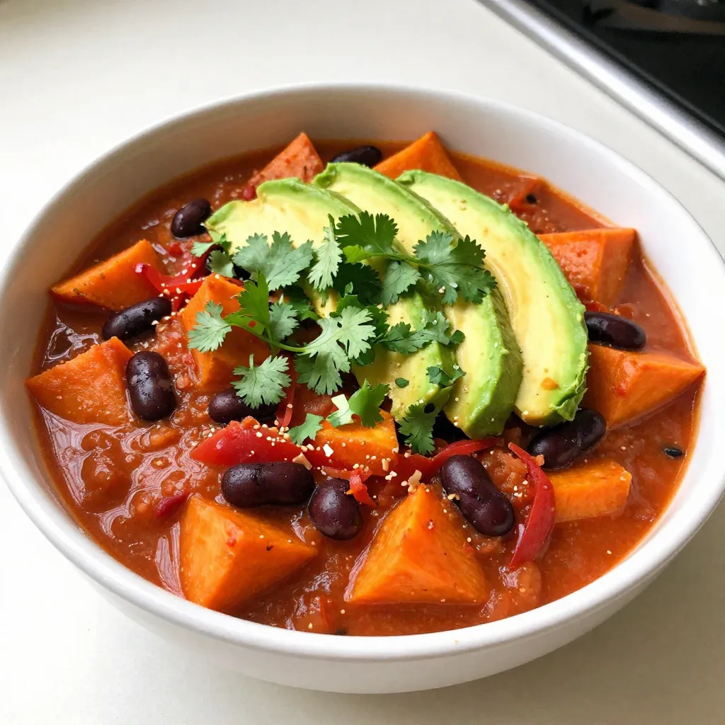 - 2 medium sweet potatoes, peeled and diced - 1 can (15 oz) black beans, rinsed and drained - 1 can (15 oz) kidney beans, rinsed and drained - 1 can (28 oz) crushed tomatoes - 1 cup vegetable broth - 1 onion, chopped - 3 cloves garlic, minced - 1 red bell pepper, chopped - 1 green bell pepper, chopped - 2 tablespoons chili powder - 1 teaspoon cumin - 1 teaspoon smoked paprika - 1/2 teaspoon cayenne pepper (optional) - Salt and black pepper to taste - 2 tablespoons olive oil - Fresh cilantro, for garnish - Avocado slices, for serving To make this dish, you need to prepare your ingredients. Start by peeling and dicing the sweet potatoes. Chop the onion, garlic, and bell peppers. Rinsing the beans removes excess sodium, so do that before adding them to the pot. Use a large pot for cooking. This recipe serves six people and takes about one hour from start to finish. This vegan sweet potato chili is hearty and packed with nutrients. Sweet potatoes add fiber and vitamins A and C. Black beans and kidney beans provide protein and iron. Each serving contains approximately: - Calories: 300 - Protein: 12g - Carbohydrates: 54g - Fiber: 14g - Fat: 7g This chili is healthy and filling, perfect for any meal! {{ingredient_image_1}} Start by gathering your ingredients. You need sweet potatoes, beans, tomatoes, broth, onion, garlic, and peppers. Chop the onion, garlic, and bell peppers. Peel and dice the sweet potatoes. This should take about 15 minutes. 1. Heat olive oil in a large pot over medium heat. Add the chopped onion. Cook until it looks clear, about 5 minutes. 2. Next, add minced garlic, red bell pepper, and green bell pepper. Cook for 3-4 minutes until soft. 3. Now, stir in diced sweet potatoes, chili powder, cumin, smoked paprika, cayenne pepper, salt, and black pepper. Cook for 2-3 minutes to bring out the spice flavors. 4. Pour in crushed tomatoes and vegetable broth. Mix it all well. Bring to a boil, then reduce the heat to low. 5. Cover the pot and let it simmer for 25-30 minutes. The sweet potatoes should be soft. 6. Add black beans and kidney beans. Simmer for another 10 minutes to warm them. 7. Taste your chili and adjust the seasoning if needed. Keep an eye on the heat. Medium heat works best for the first steps. Lower the heat to simmer gently. This keeps the flavors rich and deep. Make sure the sweet potatoes cook until tender. Check them with a fork; they should be soft but not mushy. You can make this chili your own. Start with the sweet potatoes. You can swap them for butternut squash or even pumpkin. This adds a nice twist. You may also add corn for a sweet crunch. For a heartier chili, try adding lentils. They cook well and boost protein. Want more heat? Toss in extra cayenne pepper or add chopped jalapeños. If you like sweet flavors, add a touch of maple syrup. It works great with the spices. You can also sprinkle in smoked salt for a deeper flavor. Each choice adds a new layer to your chili. Cook the onions until they are soft. This brings out their natural sweetness. Toast the spices before adding the other ingredients. It boosts their taste. Let the chili simmer longer for richer flavors. Taste as you go, and adjust the seasoning to your liking. Pro Tips Use Fresh Spices: Fresh spices enhance the flavor significantly. Consider buying whole spices and grinding them yourself for maximum freshness. Adjust Heat Levels: If you prefer a milder chili, omit the cayenne pepper. You can also serve hot sauce on the side for those who like it spicy. Make Ahead: This chili tastes even better the next day! Make a batch in advance and store it in the fridge for a quick meal. Garnish Creatively: Experiment with different garnishes like lime wedges, diced red onion, or vegan cheese to elevate your chili presentation. {{image_2}} You can switch out sweet potatoes for regular potatoes if needed. Carrots or squash work well too. For a creamier texture, try using canned coconut milk instead of vegetable broth. You can also use olive oil for any neutral oil like canola or avocado oil. If you want a low-sodium option, use low-sodium broth or canned beans. Black and kidney beans add great texture and protein. You can also use pinto beans or chickpeas. If you like a lighter chili, try adding lentils. They will cook faster and add fiber. Mix and match beans to find your favorite combination. Toppings make your chili more fun. Fresh cilantro brightens the dish. Avocado slices add creaminess. You could also use lime wedges for a zesty kick. For crunch, try tortilla chips or crushed crackers. If you want a bit more heat, add jalapeños or hot sauce. Vegan sour cream or nutritional yeast can give it a cheesy flavor. Enjoy exploring different toppings! After you make this chili, let it cool first. Once cool, transfer it to airtight containers. This will help keep it fresh. Store the chili in the fridge for up to five days. If you want to eat it later, freezing is a great option. To freeze the chili, use freezer-safe containers or bags. Leave some space at the top to allow for expansion. Label the bags with the date. You can freeze it for up to three months. When you're ready to eat, thaw it overnight in the fridge. Reheat the chili in a pot over medium heat. Stir it often to make sure it heats evenly. You can also use the microwave. Heat it in a bowl for about two to three minutes. Make sure it's hot all the way through before serving. Add a little water or broth if it seems too thick. Enjoy your hearty and healthy delight! Yes, you can make this chili in a slow cooker. Start by sautéing the onion and garlic in a pan. Then, add all the ingredients to the slow cooker. Cook on low for six to eight hours. This method makes the flavors deeper and richer. Sweet potatoes are very healthy. They are high in fiber, which helps digestion. They also have a lot of vitamins, like vitamin A, which is good for your eyes. Plus, they contain antioxidants that help protect your body from damage. Yes, this recipe is gluten-free. All the ingredients used, like beans and vegetables, do not contain gluten. You can enjoy this chili if you are gluten-sensitive or have celiac disease. The chili can be mild or spicy. It depends on how much cayenne pepper you add. If you want it less spicy, skip the cayenne. If you love heat, add more cayenne to bring the spice level up. Absolutely! You can add many vegetables to this chili. Corn, zucchini, or carrots work well. Feel free to get creative and use what you have in your kitchen. This makes the dish even more colorful and nutritious. We covered the key ingredients and how to prepare them for your chili. I shared steps for cooking and timing, along with tips to enhance flavor. You now know how to customize your chili, try different beans, and consider various toppings. Lastly, I provided smart storage tips for leftovers. This chili recipe is flexible and full of flavor. Enjoy many meals from this easy dish!