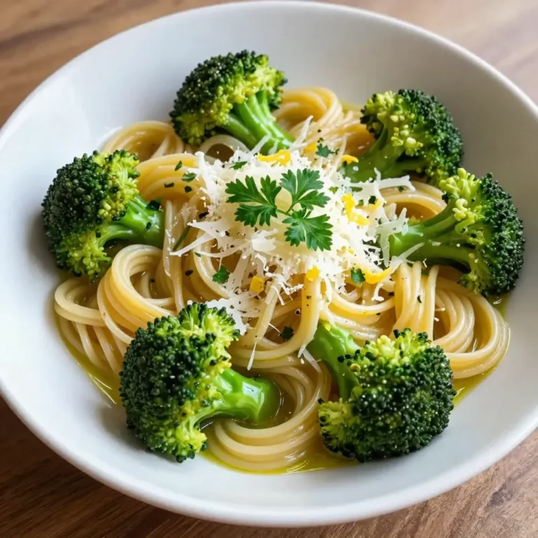 To make Lemon Garlic Broccoli Pasta, gather these items: - 8 ounces pasta (spaghetti or fettuccine works well) - 2 cups fresh broccoli florets - 4 cloves garlic, minced - 1/4 cup olive oil - Zest of 1 lemon - 2 tablespoons lemon juice - 1/2 teaspoon red pepper flakes (optional for spice) - Salt and pepper to taste - Freshly grated Parmesan cheese (for serving) - Fresh parsley, chopped (for garnish) Each ingredient plays a key role in creating a fresh and zesty flavor. If you don't have all the ingredients, here are some swaps: - Use whole wheat pasta for a healthier option. - Swap broccoli for green beans or asparagus for a different crunch. - Try garlic powder if you are out of fresh garlic. - Replace olive oil with avocado oil for a different taste. - Use nutritional yeast instead of Parmesan for a vegan twist. These alternatives keep the dish tasty while catering to your pantry. Using fresh ingredients can make a big difference. - Choose vibrant green broccoli. It should feel firm and look fresh. - Select good quality olive oil. It adds depth to the dish. - Fresh garlic is best. It has a stronger flavor than pre-minced options. - Use ripe lemons for the best zest and juice flavor. Quality ingredients lead to a better taste and overall experience. {{ingredient_image_1}} Start by boiling a large pot of salted water. Use about 8 ounces of pasta, like spaghetti or fettuccine. Cook it according to the package instructions. When there are just 2 to 3 minutes left, add 2 cups of fresh broccoli florets to the pot. This helps the broccoli stay bright and tender. Once done, drain both the pasta and broccoli. Save about 1/2 cup of pasta water for later. Set them aside while you make the garlic oil. In a large skillet, pour in 1/4 cup of olive oil. Heat it over medium heat until it shimmers. Then, add 4 cloves of minced garlic. Sauté the garlic for about 30 seconds. Watch it closely so it doesn’t burn. If you like a bit of heat, add 1/2 teaspoon of red pepper flakes and cook for another 10 seconds. The kitchen will smell amazing! Now, it’s time to mix everything together. Add the cooked pasta and broccoli to your skillet with the garlic oil. Toss everything well so the pasta and broccoli are coated in the oil. Pour in the zest of 1 lemon and 2 tablespoons of lemon juice. If the pasta looks dry, use the reserved pasta water to make it creamy. Season with salt and pepper to taste. Toss again to blend the flavors. Serve right away, topped with freshly grated Parmesan cheese and a sprinkle of chopped parsley for a fresh touch. Enjoy your meal! To keep your broccoli bright and crunchy, add it to the boiling water only in the last few minutes. This method gives it a nice green color and keeps it from getting mushy. Start cooking the pasta first, then add the broccoli florets two to three minutes before draining. This way, they cook perfectly together, and you save time. You can make this dish even better by adding more tasty ingredients. Here are some ideas: - Cherry tomatoes: Add them for a burst of sweetness. - Lemon zest: Extra zest boosts that fresh lemon flavor. - Nuts: Toss in pine nuts or walnuts for crunch. - Herbs: Fresh basil or oregano adds a nice twist. Feel free to mix and match these options to find your perfect flavor profile. While spaghetti and fettuccine work well, you can use other pasta types too. Consider these options: - Penne: Its shape holds sauce well. - Fusilli: The twists catch bits of garlic and broccoli. - Orzo: This small pasta offers a fun texture. Choose the pasta you like best, and enjoy your Lemon Garlic Broccoli Pasta! Pro Tips Fresh Broccoli Matters: Using fresh broccoli florets will enhance the flavor and texture of your dish. Frozen broccoli can become mushy when cooked. Perfect Pasta Cooking: To avoid overcooked pasta, set a timer and taste a strand a minute or two before the package's suggested cooking time. Adjusting Sauce Consistency: If the pasta feels dry after adding the lemon juice and zest, gradually incorporate the reserved pasta water until you reach your desired creaminess. Garnish for Flavor: Fresh parsley not only adds a pop of color but also a fresh flavor that complements the lemon and garlic beautifully. Don't skip it! {{image_2}} You can easily add protein to this dish. Chicken, shrimp, or tofu work well. Just cook your protein in the skillet before adding garlic. For chicken, use diced breast and cook until golden. For shrimp, toss them in when the garlic is fragrant. For tofu, cube it and sauté until crispy. Each option adds flavor and makes the meal heartier. To make this dish vegan, skip the Parmesan cheese. You can replace it with nutritional yeast for a cheesy flavor. Another option is to use vegan cheese. Make sure to check the labels for dairy-free versions. This way, everyone can enjoy the meal without losing taste. Feel free to add seasonal veggies to your pasta. In spring, peas or asparagus are great choices. In summer, try zucchini or bell peppers. In fall, add roasted butternut squash or kale. Each vegetable brings a new taste and texture. Plus, this keeps your meals fresh and exciting throughout the year. You can store leftover Lemon Garlic Broccoli Pasta in an airtight container. Let the pasta cool first. Place it in the fridge for up to three days. This dish keeps its flavor well, but the broccoli may lose some crunch. To reheat, use a skillet on medium heat. Add a splash of olive oil to keep it moist. Stir often to heat evenly. You can also use a microwave. Just cover the bowl with a lid or plastic wrap. Heat in short bursts to avoid overcooking. If you want to freeze this dish, do so without the cheese. Let it cool completely first. Place it in a freezer-safe bag or container. It can last up to three months in the freezer. When ready to eat, thaw it in the fridge overnight before reheating. Yes, you can use frozen broccoli. It saves time and is still nutritious. Just cook it until tender, similar to fresh broccoli. You may want to add it to the pasta for the last 4-5 minutes to heat through. Frozen broccoli can be softer, so adjust cooking time as needed. Spaghetti or fettuccine are both great choices. They hold the sauce well. You can also try penne or linguine for a fun twist. Choose any pasta you enjoy, but keep the cooking time in mind. Follow package instructions for perfect texture. To make this dish gluten-free, choose gluten-free pasta. There are many tasty options available now. You can find them made from rice, corn, or chickpeas. Just cook as directed on the package. The rest of the ingredients are already gluten-free, so you're set! This blog post covered key ingredients for Lemon Garlic Broccoli Pasta, including quality tips and alternatives. I shared step-by-step cooking methods, from preparing the pasta and broccoli to making garlic oil. Helpful tips on avoiding overcooked broccoli and selecting the best pasta type enhance your dish. We also explored tasty variations and storage tips for leftovers. In my view, trying new ingredients makes cooking fun and delicious. Enjoy experimenting with this simple recipe.