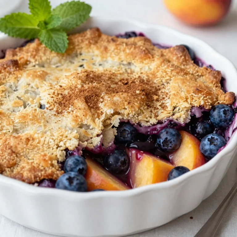 - 2 cups fresh or frozen blueberries - 2 ripe peaches, peeled and sliced - 1 cup granulated sugar (divided) - 1 cup all-purpose flour - 1 teaspoon baking powder - 1/2 teaspoon baking soda - 1/4 teaspoon salt - 1/2 cup unsalted butter, melted - 1/2 cup buttermilk - 1 teaspoon vanilla extract - 1 teaspoon lemon juice To make a perfect blueberry peach cobbler, you need fresh, ripe fruit. Blueberries add sweetness, while peaches bring juicy flavor. Using both gives a lovely balance. Stick with two cups of blueberries and two peaches for the best mix. You will also need sugar. I use a full cup of sugar, but you can adjust if needed. Keep half for the fruit and half for the dough. For your dry mix, gather a cup of flour. Add a teaspoon of baking powder, half a teaspoon of baking soda, and a quarter teaspoon of salt. These create the texture of the cobbler. Next, for the wet ingredients, melt half a cup of unsalted butter. Mix it with half a cup of buttermilk. Add a teaspoon of vanilla extract and a teaspoon of lemon juice for flavor. This will make your cobbler rich and tasty. Gather these ingredients and you are ready to bake! {{ingredient_image_1}} - Preheat the oven to 350°F (175°C). - Grease a 9x13-inch baking dish. Combine 2 cups of blueberries and 2 sliced peaches in a bowl. Add 1/2 cup of sugar and 2 tablespoons of cornstarch. Mix in 1 teaspoon of vanilla extract and 1 teaspoon of lemon juice. Stir gently to coat the fruit. Let this sit for about 10 minutes to draw out the juices. In a separate bowl, whisk together 1 cup of flour, 1 teaspoon of baking powder, 1/2 teaspoon of baking soda, 1/4 teaspoon of salt, and the remaining 1/2 cup of sugar. In another bowl, mix 1/2 cup of melted butter with 1/2 cup of buttermilk. Pour this into the dry mix. Stir until just combined, but don’t overmix. Pour the fruit mixture into the greased baking dish. Spread it evenly across the bottom. Use a spoon to drop dollops of dough over the fruit. Try to cover as much of the fruit as you can. Sprinkle 1 teaspoon of cinnamon on top of the dough. Place the dish in the oven and bake for 40-45 minutes. The top should be golden brown, and a toothpick should come out clean when inserted. After baking, let the cobbler cool slightly before serving. How to avoid a soggy bottom To keep the bottom crisp, use a hot baking dish. Grease it well before adding the fruit. You can also sprinkle a little flour on the bottom. This helps soak up extra juice. Checking for doneness To check if your cobbler is done, look for a golden top. Insert a toothpick into the dough. If it comes out clean, your cobbler is ready. The fruit should be bubbling around the edges. Serving warm with ice cream or whipped cream For a special treat, serve your cobbler warm. A scoop of vanilla ice cream or a dollop of whipped cream makes it even better. The cold cream melts into the warm cobbler. Garnishing with fresh mint leaves Add a few fresh mint leaves on top for color. They also add a nice touch of flavor. This makes your dessert look fancy and inviting. Using ripe fruit for better taste Choose ripe peaches and blueberries for the best flavor. They will be sweeter and juicier. This makes your cobbler taste fresh and delicious. Adjusting sugar levels to personal preference You can change the sugar amount based on your taste. If you like it sweeter, add a bit more. If you prefer less sugar, cut back a little. Tweak it to suit your sweet tooth. Pro Tips Choose the Right Peaches: Opt for ripe, juicy peaches for the best flavor. If using frozen fruit, ensure they are unsweetened to control the sugar content. Don’t Overmix the Batter: Mix the dough just until combined to keep it light and fluffy. Overmixing can lead to a dense cobbler. Let It Rest: Allow the cobbler to cool slightly after baking. This helps the juices thicken and makes for a better slice. Experiment with Spices: Feel free to add nutmeg or allspice along with the cinnamon for a more complex flavor profile. {{image_2}} If you need a gluten-free option, swap all-purpose flour for gluten-free flour. Many brands offer blends that work well in baking. Just make sure to check the package for the right measurement. This change keeps the cobbler tasty and safe for those with gluten issues. Want a vegan cobbler? Replace unsalted butter with coconut oil or vegan butter. Use plant-based milk instead of buttermilk. Almond milk or oat milk are great choices. These swaps keep the flavor rich and delicious while being dairy-free. Feel free to mix up the fruits! Use strawberries, raspberries, or blackberries in place of peaches and blueberries. Seasonal fruits add unique flavors. You can create new combinations based on what you find fresh at the market. To keep your cobbler fresh, store it in the fridge. First, let it cool down. Then, cover it tightly with plastic wrap or aluminum foil. This helps prevent it from drying out. Your cobbler can last up to 3 days in the fridge. After that, it may lose its great taste and texture. You have two great options for reheating: the oven or the microwave. If you want a crispy top, use the oven. Preheat it to 350°F (175°C) and place your cobbler in for about 15 minutes. This keeps the texture nice. If you’re in a hurry, the microwave works too. Heat it for 30 seconds to 1 minute, but it may get a bit soggy. To keep some texture, add a paper towel over it when microwaving. Freezing is a smart way to save your cobbler. Start by cutting it into individual portions. Place each piece in a freezer bag. Be sure to remove as much air as possible. Label the bags with the date. Your cobbler will stay fresh for about 2 months in the freezer. When you’re ready to enjoy, thaw it overnight in the fridge. To reheat, use the oven method for the best results or the microwave if you’re short on time. Yes, you can use frozen peaches in this cobbler. Just make sure to thaw them first. Drain any excess liquid to avoid a soggy cobbler. You can also use frozen blueberries if you like. Frozen fruit works well and saves time. Look for a golden brown top. A toothpick inserted into the dough should come out clean. The filling should bubble slightly around the edges. If these signs are there, your cobbler is ready to enjoy! I recommend serving it warm with vanilla ice cream. Whipped cream is also a great choice. For a fresh touch, add mint leaves on top. You can even drizzle caramel sauce for extra sweetness! In this blog post, we covered how to make a delicious blueberry peach cobbler. We discussed the main ingredients, step-by-step instructions, and helpful tips. I shared variations for gluten-free and vegan options, along with storage advice. Remember, using ripe fruit and adjusting sugar can really enhance flavor. This cobbler is best served warm with ice cream. Enjoy creating this treat and share it with friends and family! Simple steps lead to a tasty dessert everyone will love.