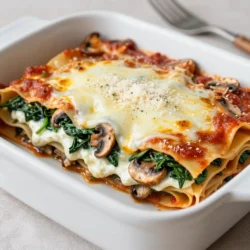 To make creamy spinach mushroom lasagna, you'll need a few key ingredients. Here&rsquo;s the list: - 9 lasagna noodles - 2 cups fresh spinach, roughly chopped - 1 cup mushrooms, sliced - 1 small onion, diced - 2 cloves garlic, minced - 2 cups ricotta cheese - 1 cup shredded mozzarella cheese - 1 cup grated Parmesan cheese - 2 cups marinara sauce - 1 cup heavy cream - 1 teaspoon Italian seasoning - Salt and pepper to taste - 2 tablespoons olive oil Each ingredient plays an important role. The lasagna noodles provide structure. The spinach and mushrooms add flavor and nutrients. The cheeses create that creamy texture we all love. You can customize this dish to suit your taste. Here are some options: - Add cooked chicken or sausage for extra protein. - Use different cheeses like goat cheese or feta. - Throw in other veggies like zucchini or bell peppers. - Swap marinara sauce for pesto or Alfredo sauce. - Try adding spices like red pepper flakes for heat. These options can elevate your lasagna and make it unique. You want the best ingredients for your lasagna. Here are some tips on where to find them: - Fresh Produce: Local farmers' markets often have fresh spinach and mushrooms. - Grocery Stores: Look for organic options at your local grocery store. - Cheese: Specialty cheese shops usually have high-quality ricotta, mozzarella, and Parmesan. - Online: If you can't find something in-store, consider online grocery delivery services. Quality ingredients make a big difference in your dish. When you use fresh and flavorful items, your lasagna will shine. {{ingredient_image_1}} To start, boil a large pot of salted water. Once it bubbles, add 9 lasagna noodles. Cook them as the package says, usually about 8-10 minutes. When they are done, drain the noodles. Lay them flat on parchment paper. This keeps them from sticking together. Next, grab a large skillet. Heat 2 tablespoons of olive oil over medium heat. Add 1 small diced onion. Cook it for 2-3 minutes until it gets soft. Then, toss in 2 minced garlic cloves and 1 cup of sliced mushrooms. Saut&eacute; for about 5 minutes until the mushrooms become brown. Finally, stir in 2 cups of chopped spinach. Cook it until it wilts, then season with salt, pepper, and 1 teaspoon of Italian seasoning. Remove this mix from heat. In a medium bowl, combine 2 cups of ricotta cheese, 1 cup of heavy cream, and half of the grated Parmesan cheese (1/2 cup). Use a spoon or spatula to mix well. Add salt and pepper to taste. This sauce adds creaminess to our lasagna. Now it&rsquo;s time to layer! In a 9x13 inch baking dish, spread a thin layer of marinara sauce on the bottom. Place 3 lasagna noodles on top. Spread half of the ricotta mixture over the noodles. Next, add half of the saut&eacute;ed vegetables you made. Spoon 1/3 of the marinara sauce on top and sprinkle with a third of the mozzarella cheese. Repeat this layering: noodles, ricotta, vegetables, and sauce. End with a final layer of noodles on top. Preheat your oven to 375&deg;F (190&deg;C). Spread the rest of the marinara sauce over the last layer of noodles. Sprinkle the remaining mozzarella cheese and Parmesan cheese on top. Cover the dish with aluminum foil. Bake it for 25 minutes. After that, remove the foil and bake for another 15 minutes until the cheese is bubbly and golden. After baking, let the lasagna cool for 10 minutes. This makes it easier to slice. Serve it warm. You can enjoy it with a simple salad or some garlic bread. This creamy spinach mushroom lasagna is a hit for any dinner! To stop noodles from sticking, cook them in a large pot. Use plenty of water and add salt to the water. When the noodles are done, drain them well. Place the noodles on a parchment-lined sheet. Spread them out so they do not touch each other. Start by heating olive oil in a skillet over medium heat. Add diced onion first and saut&eacute; for about two to three minutes until it looks clear. Next, add minced garlic and sliced mushrooms. Cook until the mushrooms turn golden brown. Add chopped spinach last and stir until it wilts down. This method keeps the flavors bright and fresh. For a creamy lasagna, mix ricotta cheese with heavy cream in a bowl. This combo makes the filling smooth and rich. Add a pinch of salt and pepper to taste. Mixing in some grated Parmesan cheese also helps to enhance the creamy texture. You can prepare this lasagna ahead of time. Assemble the layers and cover the dish with foil. Store it in the fridge for up to two days. When ready to bake, just add a few extra minutes to the cooking time. This makes it easy for busy days! Pro Tips Perfectly Cooked Noodles: Ensure that the lasagna noodles are al dente when cooking. They will absorb moisture from the sauce while baking, so you want them slightly firm to avoid mushiness. Layering Technique: For even distribution, alternate the layers of ricotta and vegetable mixtures. This ensures every slice has a balanced flavor and texture. Cheese Variations: Feel free to mix different cheeses like goat cheese or feta for a tangy twist. This can elevate the flavor profile of your lasagna. Resting Time: Allow the lasagna to rest for at least 10 minutes after baking. This helps the layers set and makes for cleaner slices when serving. {{image_2}} You can easily make this lasagna vegetarian. Just keep the mushrooms and spinach. Add more veggies like zucchini or bell peppers. You can also add roasted eggplant. This boosts flavor and texture. Use a mix of cheeses, like goat cheese or feta, to change the taste. It makes every bite unique. For a vegan version, swap out the ricotta cheese. Use tofu blended with lemon juice and nutritional yeast. This gives a creamy base. Replace mozzarella with vegan cheese. You can also skip the heavy cream and use coconut milk instead. It adds a nice sweetness. Ensure your marinara sauce is vegan-friendly too. To make this lasagna gluten-free, use gluten-free lasagna noodles. Many brands offer great options now. Check the package for cooking instructions. You can also layer in thin slices of zucchini or eggplant instead of noodles. This adds flavor and keeps it light. Enjoy every delicious bite without the gluten! After enjoying your creamy spinach mushroom lasagna, you will want to save any leftovers. Let the lasagna cool completely at room temperature. Once cooled, cover it tightly with plastic wrap or aluminum foil. You can also store it in an airtight container. This way, it stays fresh for up to three days in the fridge. If you want to save the lasagna for longer, freezing is a great option. First, let the lasagna cool fully. Then, cut it into individual portions. Wrap each piece tightly in plastic wrap, then in aluminum foil. This double wrapping prevents freezer burn. You can store the lasagna in the freezer for up to three months. When you're ready to eat, just thaw it in the fridge overnight. To reheat your lasagna, preheat your oven to 350&deg;F (175&deg;C). Place the portioned lasagna in an oven-safe dish. Add a splash of marinara sauce to keep it moist. Cover it with foil to prevent the cheese from burning. Heat for about 20-25 minutes until hot. If you want a bubbly top, remove the foil for the last 5 minutes of heating. Enjoy your delicious leftovers! Yes, you can use no-boil lasagna noodles. They save time and effort. Just layer them directly in the dish. The moisture from the sauce will cook them as the lasagna bakes. Keep an eye on the baking time, as it may change slightly. If you need a substitute for ricotta cheese, try cottage cheese. It has a similar texture. You can also use cream cheese mixed with yogurt. This mix will give a creamy finish. Aim for a smooth consistency for best results. The lasagna will last about 3 to 5 days in the refrigerator. Make sure it's in an airtight container. If you want to save it longer, freeze it. It can last for up to 3 months in the freezer. Absolutely! You can add other vegetables like zucchini or bell peppers. They will add color and flavor. Just saut&eacute; them along with the spinach and mushrooms. This makes the dish even more nutritious. Yes, this recipe is great for meal prep. You can make it ahead of time and store it. Just bake it when you're ready to eat. This makes weeknight dinners easy and delicious. This blog post shared key tips for making creamy spinach mushroom lasagna. We covered essential ingredients and steps for a perfect dish. You learned how to customize your recipe, store leftovers, and address common questions. My final thought is simple: this lasagna is easy and fun to make. Enjoy the process and tweak it to your taste. You'll impress family and friends with your skills and delicious meals. Happy cooking!