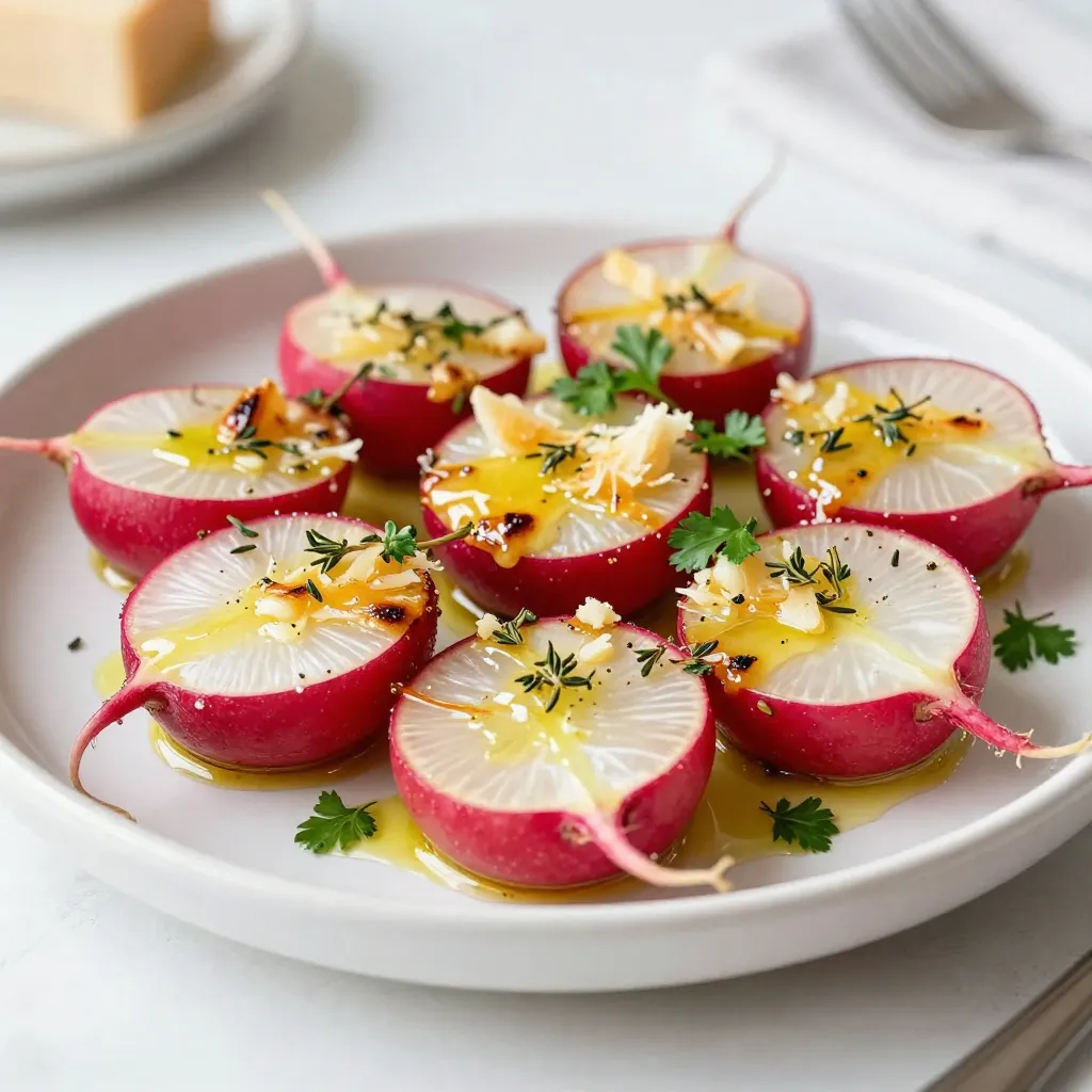 - Fresh radishes - Olive oil - Garlic - Dried thyme - Seasonings (salt and pepper) - Parmesan cheese - Fresh parsley (for garnish) Garlic Parmesan Roasted Radishes need simple and fresh ingredients. First, use fresh radishes. They should be plump and firm. Next, olive oil adds richness and helps in roasting. Garlic brings a tasty punch. I love using four cloves, minced finely. Dried thyme adds depth to the dish. You can also use other herbs if you want. Season with salt and black pepper to taste. Don't forget the star ingredient: Parmesan cheese! It gives a nice, cheesy crust. Finally, fresh parsley adds a pop of color. It also gives a fresh taste when you sprinkle it on top. Gather these ingredients before you start to make the cooking process smooth and easy. {{ingredient_image_1}} First, trim the tops and tails of the radishes. This makes them look nice. Then, cut each radish in half. This helps them cook evenly. Next, prepare the seasoning mix. In a large bowl, combine olive oil, minced garlic, dried thyme, salt, and black pepper. Stir until it is well mixed. Now, coat the halved radishes in the seasoning mix. Add the radishes to the bowl. Toss them until they are fully covered in the oil and spices. This step adds great flavor. Preheat your oven to 425°F (220°C). This temperature helps the radishes roast well. Spread the seasoned radishes in a single layer on a baking sheet lined with parchment paper. This makes cleanup easy. Roast the radishes in the oven for 20 to 25 minutes. Check them halfway through and stir. This ensures they cook evenly. The radishes should be tender and slightly caramelized when done. After 20 to 25 minutes, sprinkle the grated Parmesan cheese over the radishes. This is where the magic happens. Return the baking sheet to the oven for another 5 minutes. Watch closely to see that the cheese melts and turns golden. This adds a rich flavor and a nice texture. Once done, remove the radishes from the oven. Let them cool for a few minutes. Garnish with chopped parsley before serving. Enjoy your Garlic Parmesan Roasted Radishes! To get crispy roasted radishes, you need to follow a few simple tips: - Use enough oil: Three tablespoons of olive oil helps keep radishes from drying out. - Don’t crowd the pan: Space out the radishes on the baking sheet. This allows hot air to circulate and makes them crispier. - Stir halfway: Stir the radishes halfway through roasting. This helps them cook evenly. For tossing and mixing, I recommend using a large mixing bowl. A sturdy spatula also works well. Both tools let you coat the radishes fully with oil and spices. To boost the flavor, you can add some herbs and spices: - Herbs: Try adding fresh rosemary or oregano for a different taste. - Cheese options: While Parmesan is great, you can use Pecorino Romano or even a vegan cheese for a twist. - Pairing ideas: Garlic Parmesan roasted radishes go well with grilled chicken, fish, or a hearty steak. They also taste great with a fresh salad. These small changes can transform your dish from good to great! Pro Tips Use Fresh Radishes: The fresher the radishes, the better the flavor and texture. Look for firm, smooth radishes with vibrant color. Don't Overcrowd the Baking Sheet: Make sure to spread the radishes in a single layer to ensure they roast evenly and get that delicious caramelized finish. Experiment with Seasonings: Feel free to customize the herbs and spices based on your preference. Rosemary or oregano can be nice alternatives to thyme. Garnish for Extra Flavor: Adding fresh herbs like parsley not only enhances the visual appeal but also adds a burst of fresh flavor to the dish. {{image_2}} You can change the radishes for other root veggies. Try using turnips or parsnips. They add a nice twist. You can also mix them together for a colorful dish. For flavor, swap dried thyme with fresh herbs like rosemary or parsley. Fresh herbs give a brighter taste. You could also use herbs like oregano or basil for a different flavor profile. You can cook radishes in many ways. Air frying them gives a crispy texture. It takes less time, too. Simply toss your radishes with oil and spices, then place them in the air fryer. Cook at 400°F for about 15 minutes. Grilling radishes adds a smoky flavor. Cut them into quarters and coat them with oil. Grill for about 10-12 minutes until they are tender. This method brings out their natural sweetness. To keep your Garlic Parmesan Roasted Radishes fresh, you should store them in the fridge. Place leftovers in an airtight container. This will stop moisture from getting in and keep them tasty. Make sure the radishes cool down first before sealing the container. They will last about 3-4 days in the fridge. When it comes to reheating, the oven is your best friend. Preheat your oven to 350°F (175°C). Spread the radishes out on a baking sheet. Heat them for about 10-15 minutes. This will help regain their crisp texture. Avoid using the microwave if you want to keep them crispy. The microwave makes them soft and soggy. If you must use it, heat in short bursts. Check often to prevent overcooking. To make Garlic Parmesan Roasted Radishes vegan, you can substitute the cheese. Use nutritional yeast for a cheesy flavor without dairy. Another option is to use a vegan cheese that melts well. For seasoning, try adding lemon juice or smoked paprika to enhance the flavor. You can also increase the herbs like thyme or add fresh basil. Radishes are low in calories. One cup has about 19 calories. They are rich in vitamin C, which helps your immune system. Radishes are high in water content too, which keeps you hydrated. Garlic has many benefits as well; it can boost heart health and has anti-inflammatory properties. Olive oil adds healthy fats and antioxidants to your dish. Yes, you can prepare radishes in advance. Trim and halve the radishes a day before. Store them in a sealed bag in the fridge to keep them fresh. For the best taste, combine them with olive oil and spices just before roasting. This keeps the flavors bright and the radishes crunchy. In this post, we covered how to prepare tasty Garlic Parmesan Roasted Radishes. We discussed the ingredients, step-by-step instructions, and handy tips to ensure a perfect dish. Remember, roasting enhances radish flavor and texture. Try different herbs or cooking methods for fun twists. You can store leftovers for later or even adapt this recipe to fit your diet. Enjoy this healthy, easy side dish that can complement any meal!