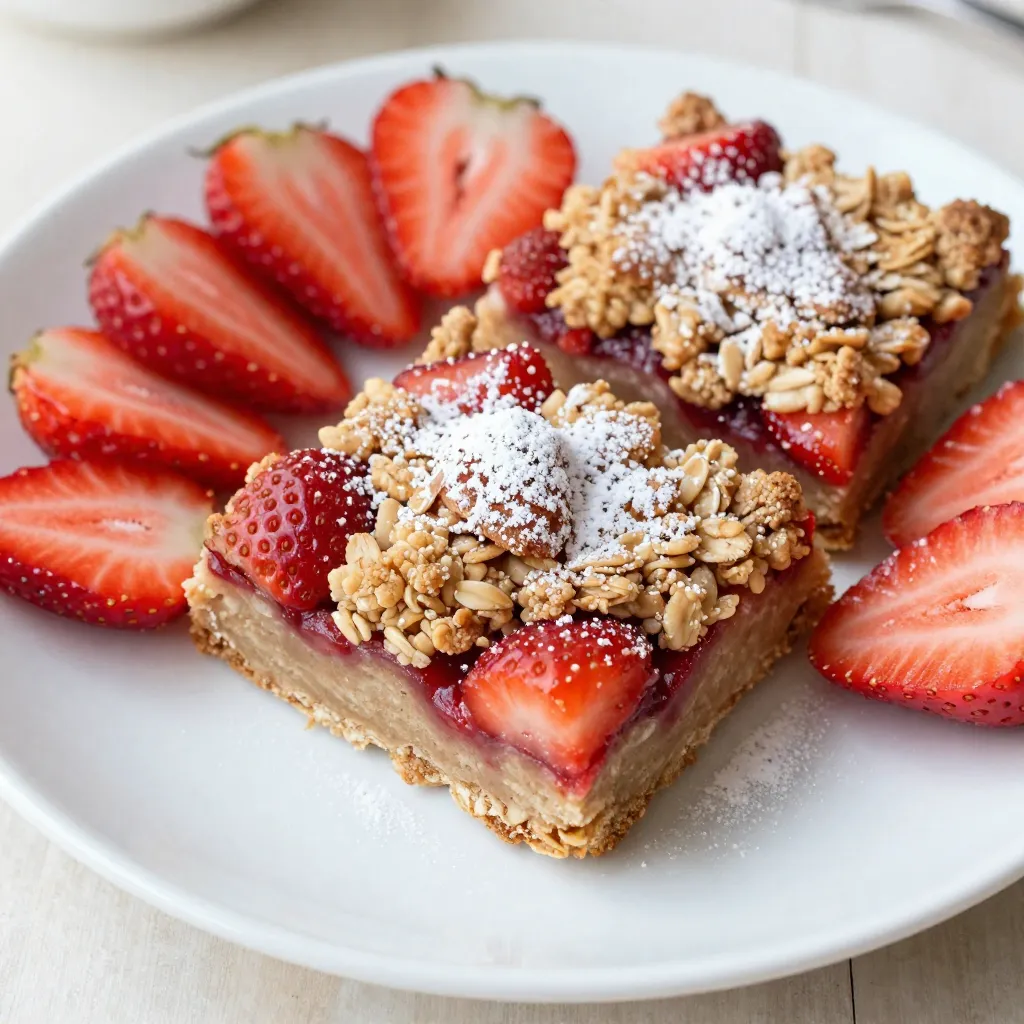 To make delicious Strawberry Oatmeal Crumble Bars, gather these simple ingredients: - 2 cups rolled oats - 1 cup all-purpose flour - 1/2 cup brown sugar, packed - 1/4 cup granulated sugar - 1/2 teaspoon salt - 1/2 teaspoon baking powder - 1/2 cup unsalted butter, melted - 1 teaspoon vanilla extract - 2 cups fresh strawberries, hulled and sliced - 2 tablespoons cornstarch - 2 tablespoons lemon juice - 1 tablespoon honey You can swap ingredients if needed: - Use whole wheat flour instead of all-purpose flour for a healthier option. - Replace brown sugar with coconut sugar for a different flavor. - Try maple syrup instead of honey for a vegan option. - If you don’t have fresh strawberries, frozen ones work too. Just thaw and drain excess juice. These bars are a tasty treat with good nutrition: - Serving Size: 1 bar - Calories: Approximately 220 - Total Fat: 10g - Saturated Fat: 5g - Cholesterol: 15mg - Sodium: 100mg - Total Carbohydrates: 31g - Dietary Fiber: 3g - Sugars: 10g - Protein: 3g These bars blend oats and strawberries for a sweet, satisfying snack. The oats give fiber, while strawberries add vitamins. Enjoy these as a wholesome dessert or snack! {{ingredient_image_1}} Start by preheating the oven to 350°F (175°C). Next, grease a 9x9 inch baking pan or line it with parchment paper. This helps with easy removal later. In a large bowl, mix two cups of rolled oats, one cup of all-purpose flour, half a cup of packed brown sugar, and a quarter cup of granulated sugar. Don't forget to add half a teaspoon of salt and half a teaspoon of baking powder. Stir everything well until combined. Now, pour half a cup of melted unsalted butter and one teaspoon of vanilla extract into the dry mix. Stir until you form a crumbly dough. Take about two-thirds of this mixture and press it evenly into the bottom of your prepared pan. This crumbly base will hold everything together. In another bowl, combine two cups of hulled and sliced fresh strawberries with two tablespoons of cornstarch, two tablespoons of lemon juice, and one tablespoon of honey. Gently toss the strawberries to make sure they're well-coated. Spread this strawberry mix evenly over the oat base in the pan. Now, sprinkle the remaining oat mixture on top of the strawberries. This will create a delicious crumble topping. Bake the bars in your preheated oven for 30-35 minutes. They are ready when the topping is golden brown and the strawberries look bubbly. Once baked, let the bars cool in the pan for at least 15 minutes. This step is important for easy cutting. After that, transfer the bars to a wire rack to cool completely. When they are cool, cut them into squares for serving. For a lovely presentation, serve the bars on a pretty platter. You can dust them with powdered sugar and add fresh strawberry slices for color. Enjoy your tasty treat warm or at room temperature! To make the best strawberry oatmeal crumble bars, use fresh strawberries. Their natural sweetness shines through. When mixing the dry ingredients, ensure no lumps remain. This keeps your base smooth. Press the oat mixture firmly into the baking pan. This helps the bars hold together well. Bake until the topping is golden brown. This adds a nice crunch. Don’t skip the cooling step! Allow the bars to cool in the pan for at least 15 minutes. Cutting them too early makes them fall apart. Be careful with the butter. If it’s too hot, it can melt your mixture. Always measure your ingredients accurately. Too much flour will make the bars dry. Serve the bars warm for a delightful treat. Dust them lightly with powdered sugar. Add fresh strawberry slices on top for color. You can also pair them with a scoop of vanilla ice cream. This adds a creamy contrast. For a fun twist, try drizzling some honey over the top before serving. Pro Tips Use Fresh Strawberries: Always opt for fresh, ripe strawberries for the best flavor and texture in your crumble bars. Frozen strawberries can be used, but they may make the filling too watery. Customize the Sweetness: Adjust the amount of honey and sugar based on your taste preference and the sweetness of the strawberries. Taste the strawberry mixture before adding it to the base. Let Them Cool: Allow the bars to cool completely before cutting them. This will help them set properly and make it easier to cut clean squares without crumbling. Add Nuts for Crunch: For added texture, consider mixing in some chopped nuts like almonds or walnuts into the oat mixture before pressing it into the pan. {{image_2}} You can change the fruit in these bars. Try blueberries, raspberries, or peaches. Each fruit adds its own flavor. Mix and match to find your favorite. For a tropical twist, use diced mango or pineapple. The key is to keep the amount similar to strawberries. To make these bars gluten-free, swap the all-purpose flour. Use a gluten-free flour blend instead. Check that your oats are certified gluten-free too. This helps keep the texture while avoiding gluten. You can still enjoy the same yummy taste without the gluten. You can change the sweeteners if you want. Try using maple syrup instead of honey. You can also use coconut sugar for a different flavor. For a sugar-free option, use stevia or monk fruit sweetener. Just adjust the amount to your taste. To keep your Strawberry Oatmeal Crumble Bars fresh, store them in an airtight container. You can place parchment paper between the bars to avoid sticking. This way, they stay soft and tasty for longer. Keep them at room temperature for up to three days. If you want to keep them longer, consider freezing. To freeze these bars, cut them into squares first. Wrap each square tightly in plastic wrap. Then, place them in a freezer-safe bag or container. They can last for up to three months in the freezer. When you're ready to enjoy, simply thaw them in the fridge overnight. You can also microwave them for a few seconds for a quick treat. Strawberry Oatmeal Crumble Bars taste best when fresh. However, they can last about five days in the fridge. If you notice any signs of mold or an off smell, it’s best to throw them away. Always check for freshness before enjoying. Keeping these tips in mind will help you savor every last crumb! Yes, you can use frozen strawberries. Just make sure to thaw them first. Drain any extra juice to avoid a soggy filling. Frozen berries may cook a bit faster, so keep an eye on them while baking. To make these bars vegan, swap the butter for coconut oil or a vegan butter. You can also replace honey with maple syrup or agave nectar. These changes keep the taste great while making them plant-based. If you need a substitute for cornstarch, use arrowroot powder or tapioca starch. Both options work well for thickening the strawberry filling. You can also try using all-purpose flour, though it may change the texture slightly. You now know how to make delicious strawberry oatmeal crumble bars. We covered key ingredients and tasty swaps you can make. I shared step-by-step instructions and helpful tips to avoid common mistakes. You can also try fun variations, like gluten-free options or using different fruits. Lastly, I explained how to store and freeze your bars for later. Enjoy experimenting in the kitchen with this recipe. You’ll impress everyone with your baking skills!