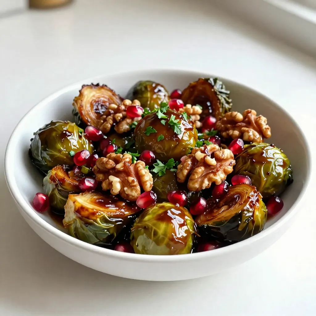 - 1 pound Brussels sprouts, trimmed and halved - 3 tablespoons balsamic vinegar - 2 tablespoons olive oil - 1 tablespoon honey - 1/4 teaspoon garlic powder - Salt and pepper to taste - 1/4 cup chopped walnuts, roasted - 1/4 cup pomegranate seeds for garnish - Fresh parsley, chopped for garnish Brussels sprouts are small green gems packed with flavor. When you trim and halve them, they become perfect for roasting. The magic starts with balsamic vinegar, which adds a sweet and tangy taste. Olive oil helps the sprouts roast well, while honey gives a hint of sweetness. Garlic powder boosts the flavor without the strong taste of fresh garlic. Salt and pepper bring balance to the dish. For a crunchy twist, you can add roasted walnuts. They add a nice texture and nutty flavor. If you want to make it pretty, sprinkle some pomegranate seeds on top. Fresh parsley also adds color and freshness. This mix of ingredients is simple but creates a dish that is both tasty and healthy. {{ingredient_image_1}} - Preheat the oven to 400°F (200°C). - In a large bowl, combine the halved Brussels sprouts with olive oil, balsamic vinegar, honey, garlic powder, salt, and pepper. Toss until the Brussels sprouts are evenly coated. This step is key to get the best flavor. - Spread the Brussels sprouts in a single layer on a baking sheet lined with parchment paper. - Roast for 20-25 minutes. Stir halfway through for even cooking. The sprouts should be tender and caramelized when done. This roasting brings out their natural sweetness. - While the Brussels sprouts roast, toast the chopped walnuts in a dry skillet over medium heat for about 3-4 minutes. You want them fragrant and lightly browned. - Once the Brussels sprouts are done, remove them from the oven and toss in the toasted walnuts. This adds a great crunch. - Transfer the mixture to a serving bowl. Garnish with pomegranate seeds and fresh parsley for a bright finish. The colors will make your dish pop! To get the best Brussels sprouts, stir them halfway through roasting. This simple step helps them cook evenly. When you mix them, you let all sides get that nice caramelized color. Even coating is key to great flavor. If some sprouts are coated better than others, they may not taste the same. The right balance of balsamic vinegar and honey is crucial. I suggest starting with equal parts. You can adjust to your taste by adding more vinegar for tang or more honey for sweetness. If you want to try something different, use maple syrup or agave instead of honey. These swaps give unique flavors and keep it vegan. These Brussels sprouts pair well with proteins like grilled chicken or baked salmon. They also make a tasty addition to salads. Try tossing them with mixed greens, nuts, and a light vinaigrette for a colorful dish. You can even add pomegranate seeds on top for a pop of flavor and color. Pro Tips Choose Fresh Brussels Sprouts: Select Brussels sprouts that are firm and compact, with vibrant green leaves for the best flavor and texture. Adjust Sweetness: If you prefer a sweeter glaze, feel free to add more honey or a splash of maple syrup to enhance the flavor. Experiment with Nuts: Try substituting walnuts with pecans or almonds for a different crunchy texture and taste. Make it Ahead: Prepare the Brussels sprouts and sauce in advance, then store in the fridge. Roast just before serving for a fresh dish. {{image_2}} You can make Balsamic Glazed Brussels Sprouts even tastier! Adding spices can boost flavor. Try smoked paprika for a hint of warmth. If you like heat, add a pinch of cayenne. Both spices give a nice kick. You can also switch up the nuts. Instead of walnuts, try pecans or almonds. Each nut brings a different crunch and taste. Change the dish with seasonal veggies. In spring, add asparagus or peas. In fall, try butternut squash for a sweet touch. You can also garnish the sprouts with seasonal fruits. Apple slices add a crisp, sweet bite. Pomegranate seeds not only look great but also add a burst of flavor. Always check that your ingredients are gluten-free. Use tamari instead of soy sauce if you need gluten-free options. For a vegan version, swap honey with agave or maple syrup. Both options work well and keep the glaze sweet. This way, everyone can enjoy this dish! To store leftover Balsamic Glazed Brussels Sprouts, place them in an airtight container. Refrigerate them right away. They can stay fresh for up to 3 days in the fridge. The glaze will keep them tasty, but they may lose some crunch. When reheating, use the oven for the best texture. Preheat your oven to 350°F (175°C). Spread the Brussels sprouts on a baking sheet and heat for about 10 minutes. This method helps them regain their crispiness. You can also use a skillet over medium heat, stirring often until warmed through. Yes, you can freeze Brussels sprouts! To prepare, first cook them as directed. Let them cool completely. Place them in a freezer-safe bag, removing as much air as possible. They will last for about 3 months in the freezer. When ready to use, thaw in the fridge overnight before reheating. This way, you can enjoy them later! You can serve Balsamic Glazed Brussels Sprouts with many great dishes. Here are some ideas: - Grilled chicken or turkey - Roasted salmon or fish - Quinoa or rice for a grain option - A fresh green salad for added crunch - Mashed potatoes or sweet potatoes for comfort These pairings create a balanced meal. They bring out the sweet and tangy flavors of the Brussels sprouts. Yes, you can make this recipe ahead of time. Here are some tips: - Prepare the Brussels sprouts and toss them in the glaze. - Store them in the fridge for up to 24 hours. - Roast them just before serving for the best taste. If you have leftovers, reheat them in the oven. This keeps them crispy. You can also microwave them, but they may lose some crunch. Brussels sprouts are very healthy. They are low in calories and high in nutrients. Here’s a quick overview: - Rich in vitamins C and K - Good source of fiber - Contains antioxidants that help fight disease The ingredients used, like olive oil and honey, also add benefits. Olive oil provides healthy fats. Honey adds natural sweetness without refined sugar. This makes a dish that is tasty and good for you. Balsamic glazed Brussels sprouts are easy and tasty. You need simple ingredients, step-by-step instructions, and helpful tips. Roasting brings out their flavor and makes them crisp. Feel free to try variations based on season or your taste. Proper storage keeps them fresh longer. Remember, these sprouts pair well with many dishes and offer great health benefits. I hope you enjoy making this dish as much as I do. It's a perfect choice for any meal!