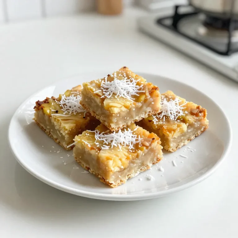 To make these delightful Tropical Pineapple Coconut Bars, you need the following ingredients: - 1 cup crushed pineapple, drained - 1 cup shredded coconut (sweetened or unsweetened, based on preference) - 1 cup all-purpose flour - 1/2 cup granulated sugar - 1/2 cup unsweetened coconut milk - 1/4 cup unsalted butter, melted - 2 large eggs - 1 teaspoon baking powder - 1/2 teaspoon vanilla extract - A pinch of salt Each ingredient plays a key role in the flavor and texture of the bars. For instance, the crushed pineapple adds a juicy sweetness. The shredded coconut gives a lovely chewy texture. Using both all-purpose flour and baking powder helps the bars rise and stay soft. The eggs bind everything together, while the melted butter adds richness. You can choose sweetened or unsweetened coconut based on your taste. If you want a richer coconut flavor, use unsweetened coconut. The coconut milk makes the bars moist and creamy. Don't forget the pinch of salt! It enhances the sweetness and balances the flavors perfectly. These ingredients work together to create a tropical taste that feels like a sunny getaway. {{ingredient_image_1}} First, set your oven to 350°F (175°C). This step warms up the oven now. Next, take a 9x9 inch baking pan. Grease it with non-stick spray or line it with parchment paper. Doing this helps the bars come out easily. In a mixing bowl, add 1 cup of drained crushed pineapple. Then, add 1 cup of shredded coconut. You can choose sweetened or unsweetened coconut. Next, pour in 1/2 cup of melted unsalted butter. Then, add 1/2 cup of coconut milk and 1/2 teaspoon of vanilla extract. Mix these well until they blend completely. In another bowl, whisk together 1 cup of all-purpose flour, 1/2 cup of granulated sugar, 1 teaspoon of baking powder, and a pinch of salt. This mix adds structure and sweetness to your bars. Make sure there are no lumps in the flour. In a small bowl, crack 2 large eggs and beat them until they are frothy. Slowly fold these eggs into your wet mixture. Be gentle as you mix; you want everything to blend without overmixing. A few lumps are just fine. Now, pour the batter into your prepared baking pan. Make sure to spread it evenly into the corners. Bake it in the oven for 25 to 30 minutes. The bars are done when the top is golden brown and a toothpick comes out clean. Once baked, let the bars cool in the pan for about 10 minutes. Then, move them to a wire rack to cool completely. After cooling, slice them into bars and enjoy! To get the best texture in your Tropical Pineapple Coconut Bars, watch your mixing. Mix the wet and dry ingredients just until they come together. Overmixing makes the bars tough. You want them soft and chewy. If you see a few lumps, that’s okay. They will bake out and create a wonderful texture. If you want sweeter bars, add more sugar. Start with an extra tablespoon. For more coconut flavor, use sweetened shredded coconut. Unsweetened coconut gives a milder taste. You can also add a splash of coconut extract if you like. These bars taste great on their own, but you can dress them up! Try topping them with extra shredded coconut. A drizzle of melted chocolate can also add a nice touch. For a fun twist, serve them with a scoop of vanilla ice cream. Enjoy them with friends or at a party! Pro Tips Use Fresh Ingredients: For the best flavor, use fresh crushed pineapple instead of canned. If using canned, ensure it is well-drained. Adjust Sweetness: Depending on your preference, you can adjust the amount of sugar based on the sweetness of your pineapple and coconut. Cooling Time: Allow the bars to cool completely before slicing to ensure clean cuts and to prevent them from crumbling. Add Texture: Consider adding chopped nuts or chocolate chips to the batter for an extra layer of texture and flavor. {{image_2}} You can make these bars gluten-free easily. Just swap the all-purpose flour with a gluten-free blend. Look for blends that work well in baking. They should include xanthan gum. This will help give your bars the right texture. Your friends won’t even know they are gluten-free! Feel free to add more tropical fruits. Mango, banana, or papaya work great. Dice them small so they mix well. You can add about half a cup of these fruits. This will make your bars even more flavorful and fun. Think of it as a mini tropical vacation in every bite! You can choose between sweetened and unsweetened coconut. Sweetened coconut adds extra sugar and a rich taste. Unsweetened coconut gives a more natural coconut flavor. Both types work well in the recipe. Pick the one that fits your taste! If you want a less sweet bar, go for unsweetened. To keep your Tropical Pineapple Coconut Bars fresh, store them in an airtight container. Place parchment paper between layers to prevent sticking. These bars do best in the fridge. They can last up to a week when stored properly. If you want to save some bars for later, freezing is a great option. Wrap each bar in plastic wrap, then place them in a freezer bag. Squeeze out as much air as possible before sealing. They will stay fresh for about three months. When you’re ready to enjoy, just thaw them in the fridge overnight. These tasty bars have a shelf life of about one week in the fridge. If you freeze them, they remain good for about three months. Always check for signs of spoilage before eating. If they smell off or have changed color, it’s best to toss them. Enjoy these delightful treats fresh for the best taste! Yes, you can use fresh pineapple. Just make sure to crush it well and drain any excess juice. This will help keep your bars from being too wet. Fresh pineapple adds a bright flavor, making your bars even tastier. You can tell the bars are done when the top is golden brown. Insert a toothpick into the center. If it comes out clean, your bars are ready. The edges may pull away from the pan slightly, which is a good sign. If you need a substitute for coconut milk, try using almond milk or oat milk. These options will still give you a nice flavor. Coconut cream is another choice if you want a richer texture. Yes, you can make these bars vegan! Replace the eggs with flax eggs or applesauce. Use a plant-based butter instead of regular butter. Ensure your coconut milk is also plant-based. These swaps will keep your bars delicious and vegan-friendly. We explored making delicious tropical pineapple coconut bars with simple steps. I shared key ingredients, like pineapple, coconut, and butter, that create a tasty treat. You learned how to mix and bake for the right texture. I also included tips to adjust sweetness and serving ideas to make them special. Don’t forget variations, like gluten-free or adding fruits. Store leftover bars properly to enjoy later. Now you have everything you need to create this awesome dessert! Enjoy your baking!