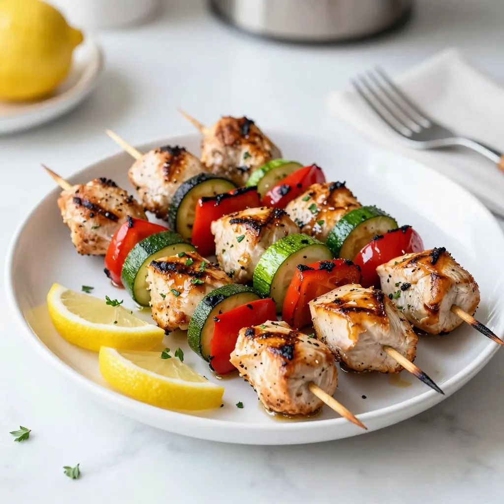 To make these tasty kabobs, you need a few key items: - 1.5 lbs boneless, skinless chicken breasts, cut into 1-inch cubes - 1/4 cup olive oil - Juice and zest of 2 lemons - 3 garlic cloves, minced - 1 tablespoon fresh thyme, chopped (or 1 teaspoon dried) - 1 tablespoon fresh rosemary, chopped (or 1 teaspoon dried) - 1 tablespoon fresh parsley, chopped - 1 teaspoon smoked paprika - Salt and pepper to taste These ingredients make the chicken juicy and full of flavor. The chicken absorbs the marinade, which is key to great taste. The herbs and spices add depth to the kabobs. Each ingredient plays a role: - Thyme gives a fresh, earthy note. - Rosemary adds a piney aroma. - Parsley brightens the dish. - Smoked paprika brings a hint of smokiness. These herbs make the kabobs fragrant and delicious. Their fresh flavors make this dish stand out. You can add colorful veggies for more taste and nutrition. Here are some great options: - 1 red bell pepper, cut into squares - 1 zucchini, sliced into half-moons Adding veggies not only enhances the look but also adds more texture. You can mix and match your favorite vegetables, too! {{ingredient_image_1}} To start, grab a large bowl. In it, whisk together the following: - 1/4 cup olive oil - Juice and zest of 2 lemons - 3 minced garlic cloves - 1 tablespoon chopped fresh thyme - 1 tablespoon chopped fresh rosemary - 1 tablespoon chopped fresh parsley - 1 teaspoon smoked paprika - Salt and pepper to taste Mix these well. You want a smooth blend of flavors. This marinade gives the chicken a bright, zesty taste. Now, add 1.5 pounds of chicken cubes to the bowl. Make sure each piece is covered in the marinade. This step is key for making the chicken juicy and full of flavor. Cover the bowl with plastic wrap. Place it in the fridge for at least 1 hour. For even more taste, let it sit overnight. Next, it's time to prepare your skewers. If you're using wooden skewers, soak them in water for 30 minutes. This helps to prevent burning. Then, take the marinated chicken and thread it onto the skewers. Alternate pieces of chicken with squares of red bell pepper and half-moon slices of zucchini. This adds color and crunch. Before grilling, preheat your grill to medium-high heat. When it's hot, place the kabobs on the grill. Grill them for about 10 to 15 minutes. Turn them occasionally. You want nice grill marks and the chicken to be cooked through. Check that the internal temperature reaches 165°F (75°C). Once done, remove the kabobs from the grill. Let them rest for a couple of minutes before you serve them. Enjoy your bright, flavorful meal! To make your chicken flavorful, marinate it well. Use a mix of olive oil, lemon juice, and herbs. I like to add garlic for a tasty kick. Coat each chicken piece fully in the marinade. Cover the bowl and chill it in the fridge. Marinate for at least one hour, but overnight is best. This time allows the flavors to sink in. Always use fresh herbs when possible; they enhance taste. To get those lovely grill marks, heat your grill to medium-high. Start by placing the kabobs on the grill at a 45-degree angle. This angle helps form nice crosshatch marks. Avoid moving them for the first few minutes. After about five minutes, turn the kabobs a quarter turn. This gives you those beautiful marks. Cook until the chicken is done and has grill lines. When serving, place the kabobs on a big platter. Add fresh herbs like parsley on top for a pop of color. You can also squeeze lemon wedges over the kabobs just before eating. This adds a lovely zing. For a complete meal, serve with rice or a fresh salad. The bright colors and fresh herbs will impress your guests! Pro Tips Marinate Longer for Flavor: Allow the chicken to marinate overnight if possible. This will enhance the flavors and make the chicken more tender. Soak Skewers for Safety: If using wooden skewers, always soak them in water for at least 30 minutes before grilling. This prevents them from burning on the grill. Use an Instant-Read Thermometer: To ensure that the chicken is perfectly cooked, use an instant-read thermometer. The internal temperature should reach 165°F (75°C). Vary Your Vegetables: Feel free to mix in other vegetables such as cherry tomatoes, mushrooms, or red onions for added flavor and color. {{image_2}} You can swap chicken for other proteins. Try shrimp for a quick cook. Beef is great too. Use chunks of steak for a hearty bite. Tofu is a smart choice for a plant-based option. Just make sure to press it well to remove extra water. Vegetables make tasty kabobs too! You can use mushrooms, bell peppers, and onions. Eggplant and cherry tomatoes add great flavor. Cut them into fun shapes for a colorful mix. You can also add marinated tofu for protein. Mix it up with different herbs! Fresh basil or cilantro can change the taste. You might want to add some chili flakes for a spicy kick. Swap lemon juice for lime juice for a twist. Experiment with honey for a sweet touch. Each change can create a new and exciting dish! Store your leftover kabobs in an airtight container. Make sure the kabobs cool down first. You can keep them in the fridge for up to 3 days. If you want to keep them longer, consider freezing. To reheat, use the oven or a stovetop. Preheat your oven to 350°F. Place the kabobs on a baking sheet. Heat for about 10-15 minutes. If using the stovetop, heat a non-stick pan over medium heat. Cook the kabobs for about 5-7 minutes, turning often. This keeps them juicy. You can freeze the kabobs before or after cooking. If freezing raw, place them in a single layer on a baking sheet. Once frozen, transfer to a freezer-safe bag. They will last up to 3 months. For cooked kabobs, let them cool first. Then store them in a container or bag. Chicken kabobs should reach an internal temperature of 165°F (75°C). This ensures the chicken is safe to eat. Use a meat thermometer to check. Insert it into the thickest part of the chicken. If you don’t have a thermometer, make sure the meat is no longer pink. Clear juices also mean it’s ready. Always prioritize food safety when grilling. Yes, you can use various meats for kabobs. Beef, pork, or lamb work well. Each type has a different flavor and texture. Just remember to adjust cooking times. For example, beef can be cooked to 145°F (63°C), while pork should reach 145°F (63°C) too. Skewering vegetables with the meat adds color and taste. Marinate the chicken for at least 1 hour. For more flavor, marinate it overnight. This allows the herbs and spices to soak into the meat. The lemon juice helps tenderize the chicken, too. Make sure each piece is well-coated in the marinade. This step is key to juicy and flavorful kabobs. You can create tasty lemon herb grilled chicken kabobs with simple steps. We covered the best ingredients, marinade techniques, and grilling tips. Remember to choose your favorite veggies and explore different proteins. After grilling, enjoy your kabobs fresh and store any leftovers correctly. With these recipes and tips, you'll impress guests or enjoy them at home. Now, gather your ingredients and start grilling! Your next meal will be a hit.
