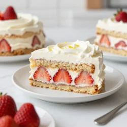 - 2 cups fresh strawberries, hulled and sliced - 1 &frac12; cups heavy whipping cream - &frac12; cup powdered sugar - 1 teaspoon vanilla extract - 12-15 graham crackers - 1 cup cream cheese, softened - 1 tablespoon lemon juice - Zest of 1 lemon To make a Strawberry Shortcake Icebox Cake, you need fresh strawberries. Choose ripe, sweet ones for the best flavor. You will also use heavy whipping cream. It gives the cake a light and creamy texture. Next, powdered sugar sweetens the whipped cream and cream cheese mixture. You will add vanilla extract for a lovely aroma. Graham crackers create a crunchy layer that balances the creaminess. Cream cheese adds richness to the cake. Mix it with lemon juice and zest for a bright flavor. These ingredients work together to craft a dessert that is both fresh and delicious. {{ingredient_image_1}} First, you need to macerate the strawberries. This means letting them sit with sugar to release their juice. - In a medium bowl, combine: - 2 cups fresh strawberries, hulled and sliced - &frac12; cup powdered sugar Mix the strawberries gently and let them sit for 10-15 minutes. This step makes the strawberries sweet and juicy. Next, we whip the cream. This gives our cake a light, fluffy texture. - In a large bowl, beat: - 1 &frac12; cups heavy whipping cream - &frac12; cup powdered sugar - 1 teaspoon vanilla extract Whip until soft peaks form. This means the cream should hold its shape but still be smooth. Now, we make the cream cheese mixture. This adds a rich flavor to our cake. - In another bowl, combine: - 1 cup cream cheese, softened - 1 tablespoon lemon juice - Zest of 1 lemon Beat until smooth. Then, gently fold in one cup of the whipped cream. Mix until just combined. This keeps the mixture light. It's time to put everything together. This is where the fun begins! - Start with a thin layer of the cream cheese mixture at the bottom of an 8x8 inch dish. - Place a layer of graham crackers over the cream mixture. Break them to fit if needed. - Add another layer of the cream cheese mixture on top of the crackers. - Spread a layer of the macerated strawberries on top. Repeat these layers until you use all the ingredients. Finish with a layer of whipped cream on top. Chilling is important for the best flavor. It helps the cake set up nicely. - Cover the dish with plastic wrap. - Refrigerate for at least 4 hours, but overnight is best. This waiting time lets the flavors blend and makes each slice perfect. Choose strawberries that are bright red and firm. Look for fresh berries with a sweet smell. The green tops should be green and fresh, not wilted. Avoid any berries with bruises or soft spots. Store strawberries in the fridge in a paper towel-lined container. This helps absorb moisture and keeps them fresh longer. Whip the heavy cream until you see soft peaks. This means the cream holds its shape but is not too stiff. You can add a pinch of salt or a bit of lemon zest to enhance the flavor. For a fun twist, try adding different extracts like almond or mint. Just a few drops will change the taste in a delightful way. Garnish your cake with fresh mint leaves for a lovely touch. Mint adds a pop of color and freshness. I love to sprinkle a bit of lemon zest on top to brighten the flavors. When serving, use chilled dessert plates for an elegant look. You can also arrange extra strawberries around the cake for a beautiful display. Pro Tips Use Fresh Strawberries: Always opt for the freshest strawberries available for the best flavor and texture in your icebox cake. Chill Before Serving: Allow the cake to chill overnight; this helps the flavors meld and the cake to set properly. Customize the Cream: Feel free to add other flavorings, like almond extract or a splash of liqueur, to the whipped cream for a unique twist. Layering Technique: Ensure even layers by spreading the cream mixture and strawberries to the edges of the dish for a beautiful presentation. {{image_2}} You can switch up the fruits in this cake. Blueberries, peaches, or raspberries work great. Just remember, each fruit adds its own taste. You can also flavor the cream cheese. Try almond or coconut extract for a fun twist. This change gives the cake a new layer of flavor. Feel free to experiment with what you love! If you need gluten-free options, look for gluten-free graham crackers. Many brands offer great choices that taste just as good. For those who want dairy-free, use cashew cream or coconut cream instead of cream cheese and whipped cream. These substitutes keep the cake tasty while meeting dietary needs. To keep your leftover cake fresh, wrap it tightly. Use plastic wrap or aluminum foil. This helps to lock in moisture and flavor. You can also use an airtight container for extra protection. Make sure the cake is cool before covering it. This prevents condensation and sogginess. In the fridge, this cake stays fresh for about 3-4 days. After that, it's best to check for signs of spoilage. Look for changes in texture or smell. If the cake seems watery or has a sour smell, toss it out. Always trust your senses when it comes to food safety. Yes, you can make this cake ahead of time. I suggest preparing it at least one day before you plan to serve it. This gives the flavors time to blend well. Refrigeration helps the cake to set, making it taste even better. The cake will stay fresh in the fridge for about 3 to 5 days. Make sure to cover it well. This keeps it moist and prevents it from absorbing other smells in the fridge. Always check for signs of spoilage before eating. Yes, you can freeze this cake. To freeze, wrap it tightly in plastic wrap and then foil. This prevents freezer burn. When ready to eat, place it in the fridge overnight to thaw. Enjoy it chilled for the best taste. In this blog, you learned how to make a delicious strawberry shortcake icebox cake. We covered each step, from preparing fresh strawberries to whipping cream and layering the cake. I shared essential tips for selecting ripe strawberries and perfecting your whipping cream. You also discovered variations like using different fruits and dietary alternatives. Remember, refrigeration is key for a tasty and fresh cake. Enjoy making this treat, and share it with friends and family! Your kitchen will be filled with smiles and delicious flavors.