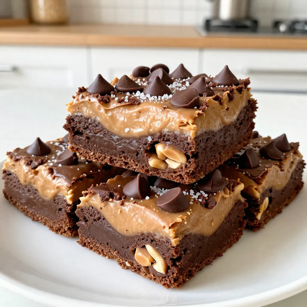 - 1 cup unsalted butter, melted - 1 cup granulated sugar - 1 cup brown sugar, packed - 4 large eggs - 2 teaspoons vanilla extract - 1 cup all-purpose flour - 1 cup unsweetened cocoa powder - 1/2 teaspoon salt - 1/2 teaspoon baking powder - 1 cup peanut butter (creamy or crunchy) - 1 cup mini peanut butter cups, chopped - 1/2 cup chocolate chips (optional, for topping) - Sea salt for sprinkling (optional) You can swap unsalted butter for coconut oil if you want a dairy-free option. For sugar, you might use coconut sugar instead of granulated sugar. If you need a gluten-free version, use gluten-free flour. You can also replace eggs with flax eggs (1 tablespoon ground flaxseed mixed with 2.5 tablespoons water per egg) for a vegan twist. Instead of mini peanut butter cups, try using chopped chocolate or other candy bars. Make sure your ingredients are fresh. Always check the expiration date on baking powder and flour. For the best flavor, use high-quality cocoa powder. When measuring flour, spoon it into your measuring cup and level it off. This prevents the brownies from being too dense. Store any leftover bars in an airtight container at room temperature for up to three days. For longer freshness, keep them in the fridge. Add sea salt right before serving for a nice touch. {{ingredient_image_1}} Start by preheating your oven to 350°F (175°C). This step is key to getting your brownie bars just right. Next, grease a 9x13 inch baking dish. Line it with parchment paper, leaving some paper hanging over the sides. This helps you lift the bars out easily later. In a large bowl, whisk together 1 cup of melted butter, 1 cup of granulated sugar, and 1 cup of brown sugar. Mix until it looks smooth. Now, add 4 large eggs one by one. Mix well after each egg, then stir in 2 teaspoons of vanilla extract. In another bowl, sift together 1 cup of all-purpose flour, 1 cup of cocoa powder, 1/2 teaspoon of salt, and 1/2 teaspoon of baking powder. Slowly add this dry mix to the wet mix. Fold gently until just combined. Pour half of the brownie batter into your prepared dish. Spread it evenly. In a small bowl, mix 1 cup of peanut butter with a little warmed butter if needed. Drop dollops of this peanut butter mix over the brownie base. Sprinkle 1 cup of chopped mini peanut butter cups over the peanut butter layer. Then, pour the rest of the brownie batter on top, spreading it out to cover everything. If you want, sprinkle some chocolate chips on top for extra flavor. Bake for 25-30 minutes. The edges should set, and the center should look slightly sticky when you check with a toothpick. The key to a great brownie bar is not to overmix. When you fold the dry ingredients into the wet ingredients, do it gently. This keeps the bars soft and chewy. Also, let your butter cool a bit before mixing. If it’s too hot, it can cook the eggs, which isn’t good. Another tip is to check for doneness carefully. You want the edges to be firm, but the center should still be soft. If you bake them too long, they will dry out. Once your brownie bars are done, take them out of the oven. Let them cool in the pan for about 20 minutes. If you like, sprinkle some sea salt on top before they cool fully. This adds a nice touch. Lift the bars out using the parchment paper. Place them on a wire rack to cool completely. Once cooled, cut them into bars. Serve them stacked on a cake stand or a wooden board. You can garnish with extra mini peanut butter cups or a light dusting of powdered sugar for a pretty finish. To get the best texture in your peanut butter cup brownie bars, watch the baking time. Bake them until the edges are set but the center is soft. A toothpick should come out slightly sticky. This means they will be fudgy and not dry. Also, let them cool in the pan for a bit. This helps them set up nicely, making them easier to cut. Avoid overmixing the batter. When you mix too much, you make the brownies tough. Also, do not skip the sea salt if you want a richer flavor. It enhances the sweet and salty mix that makes these bars so good. Lastly, make sure to use fresh ingredients. Old baking powder can ruin the rise and texture. You can boost the flavor of your bars easily. Try adding different types of chocolate chips, like dark chocolate or white chocolate. You can also mix in nuts for a crunchy texture. If you love caramel, swirl it in with the peanut butter. This adds a nice twist to the taste. For a bit of spice, a dash of cinnamon can work wonders too! Pro Tips Use Room Temperature Ingredients: Allow your eggs and peanut butter to come to room temperature for easier mixing and a smoother batter. Don’t Overmix: Once you add the dry ingredients to the wet, mix just until combined to keep your brownies fudgy. Check for Doneness: Use a toothpick to test; it should come out with a few moist crumbs for the perfect brownie texture. Let Them Cool: Allow the brownie bars to cool completely before cutting to achieve clean, neat edges. {{image_2}} You can use many kinds of peanut butter cups. Regular ones are a classic choice. Dark chocolate cups add a rich twist. White chocolate cups bring a creamy flavor. For a fun surprise, try using flavored peanut butter cups, like caramel or mint. Each type gives your brownie bars a new taste. You can dress up your brownie bars with extra toppings. A sprinkle of sea salt adds a nice touch. Chopped nuts like peanuts or almonds give crunch. You can also add a drizzle of melted chocolate on top. For a fruity twist, consider adding sliced strawberries or bananas. These toppings let you customize your dessert and impress your friends. Changing the flavors in your brownie bars can be fun. You can swap regular chocolate for flavored chocolate, like raspberry or espresso. This change can add a delightful surprise. If you like other nut butters, feel free to use them instead of peanut butter. Almond or cashew butter can create a unique taste. These simple swaps can turn your bars into a new treat every time! To keep your Peanut Butter Cup Brownie Bars fresh, store them in an airtight container. Place parchment paper between layers to prevent sticking. Make sure they cool completely before sealing. This helps avoid sogginess and keeps them tasty. These brownie bars can last up to a week at room temperature. If you keep them in the fridge, they may last up to two weeks. Just remember to check for any signs of spoilage, like unusual smells or textures. You can freeze these bars for longer storage. Cut them into squares and wrap each piece tightly in plastic wrap. Then place the wrapped bars in a freezer bag. They will stay fresh for up to three months. When you're ready to enjoy, let them thaw in the fridge overnight or at room temperature for a few hours. Yes, you can make these bars gluten-free. Simply replace all-purpose flour with a gluten-free flour blend. Make sure the blend is suitable for baking. This will keep the texture light and the taste delicious. Always check the labels to ensure all ingredients are gluten-free. To cut brownie bars, first, let them cool completely. Use the parchment paper to lift them from the pan. Place the brownies on a cutting board. Use a sharp knife for clean cuts. Wipe the knife with a damp cloth between cuts. This helps keep the edges neat. To adjust sweetness, you can reduce the sugar in the recipe. Try using half a cup less of granulated and brown sugar. You could also add a touch of salt to balance the sweetness. If you like, use dark chocolate chips instead of milk chocolate for a richer taste. You learned about making delicious peanut butter cup brownie bars. We covered the best ingredients, tasty tips, and key techniques to perfect your bars. Remember the importance of freshness and quality. I shared variations to inspire your creativity and how to store your bars for later enjoyment. If you follow these steps, you will impress everyone with your baking skills. Making these treats is fun and rewarding, so get started and enjoy!