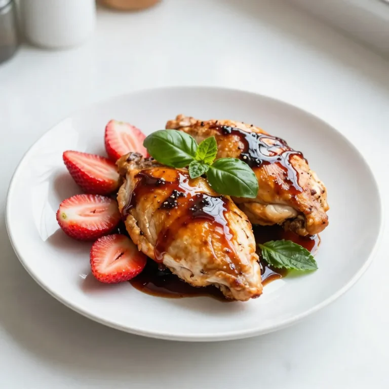 - 4 boneless, skinless chicken breasts - 1 cup fresh strawberries, hulled and sliced - 1/4 cup balsamic vinegar To start, you'll need boneless, skinless chicken breasts. These cook quickly and stay juicy. Fresh strawberries bring sweetness and a pop of color. Balsamic vinegar adds a tangy depth, making the dish bright and lively. - 2 tablespoons honey - 1 tablespoon olive oil - 2 cloves garlic, minced Honey sweetens the glaze, balancing the vinegar’s tartness. Olive oil keeps the chicken moist. Garlic gives a warm flavor that makes everything better. - Salt and pepper to taste - 1 teaspoon fresh basil, chopped (for garnish) - 1 teaspoon fresh mint, chopped (for garnish) Salt and pepper enhance all the flavors. Fresh basil and mint add a refreshing touch and a colorful finish. These herbs make your dish look and taste special. {{ingredient_image_1}} To start, grab a small bowl. In this bowl, whisk together the balsamic vinegar, honey, and olive oil. This mix brings a sweet and tangy flavor. Next, add minced garlic, salt, and pepper. These will enrich the taste. Once mixed, set it aside. This step is key for a tasty glaze. Now, take the chicken breasts. Season them well with salt and pepper. Next, heat a large skillet over medium-high heat. Add a drizzle of olive oil to the pan. Once the skillet is hot, place the chicken breasts inside. Cook for about 5-7 minutes on each side. You want them golden brown and cooked through. The internal temperature should reach 165°F (75°C). This ensures the chicken is safe to eat. When the chicken is almost done, pour the balsamic mixture over it in the skillet. Let it simmer for 2-3 more minutes. This will create a delicious glaze. During the last minute of cooking, toss in the sliced strawberries. Gently coat them in the glaze. When everything is cooked, remove the skillet from heat. Serve the chicken on a platter, drizzling any remaining balsamic glaze over it. Top with fresh basil and mint for a lovely garnish. - Ensuring chicken stays juicy: Start with room temperature chicken. This helps it cook evenly. Season it well with salt and pepper before cooking. Use a meat thermometer to check for doneness. Aim for 165°F (75°C). Let the chicken rest for a few minutes after cooking. This keeps the juices inside. - Achieving the perfect glaze: Make your balsamic mixture and set it aside. Pour it over the chicken when it’s almost done cooking. Let it simmer for a few minutes. This will thicken the glaze. The strawberries should only be added in the last minute. This way, they warm up but stay fresh. - Alternatives for fresh strawberries: If strawberries are out of season, use frozen ones instead. Just thaw them first. Raspberries or blueberries work too. Both add a different but tasty twist. - Using different types of vinegar: If you don’t have balsamic vinegar, try red wine vinegar or apple cider vinegar. Both can give a nice flavor. Mix in a little sugar or honey to mimic the sweetness of balsamic. - What to pair with Balsamic Strawberry Chicken: This dish goes well with rice or quinoa. You could also serve it with a fresh green salad. Roasted vegetables are a great side too. They add color and flavor. - Plating ideas for an appealing presentation: Place the chicken in the center of the plate. Drizzle extra balsamic glaze over it. Scatter strawberries around the chicken. Finish with fresh basil and mint on top. This makes the dish look fancy! Pro Tips Marinate for Extra Flavor: Allow the chicken to marinate in the balsamic mixture for at least 30 minutes before cooking for deeper flavor. Use Fresh Ingredients: Opt for fresh strawberries and herbs to enhance the dish's flavor and presentation. Check Chicken Temperature: Ensure the chicken reaches an internal temperature of 165°F (75°C) for safe consumption. Serve with a Side: Pair this dish with a light salad or roasted vegetables to complement the sweet and savory flavors. {{image_2}} You can switch up the main protein in this dish. Turkey works great and still keeps it light. Tofu is another option if you want a plant-based meal. Both are tasty and soak up the balsamic flavor well. If you grill or bake them, keep the cooking times similar to chicken. Check for doneness, and enjoy the new twist! Spice can elevate your dish. Consider adding red pepper flakes for heat or paprika for warmth. You can also mix in other fruits. Peaches or blueberries add a fresh taste. Just slice them and toss them in during the last minute of cooking. The mix of flavors will surprise your taste buds! Make your meal complete by adding sides. Roasted veggies or rice pair nicely with the chicken. You can also use leftover ingredients to create a salad. Toss the fresh strawberries and some greens together. Drizzle with olive oil and balsamic vinegar for a quick side. This way, you enjoy a colorful and healthy plate! After making Balsamic Strawberry Chicken, you may have some leftovers. To store them, let the dish cool first. Place the chicken and strawberries in an airtight container. Keep it in the fridge. This dish can last for up to three days. Make sure to check for any signs of spoilage before eating. Can you freeze this dish? Yes, you can freeze Balsamic Strawberry Chicken. To freeze, first cool the dish completely. Then, wrap it tightly in plastic wrap or foil. Place the wrapped dish in a freezer bag. This will help prevent freezer burn. You can freeze it for up to three months. To defrost, move the dish to the fridge overnight before reheating. To reheat Balsamic Strawberry Chicken without drying it out, use the stovetop. Place the chicken in a skillet on low heat. Add a splash of water or broth. Cover the skillet to keep moisture in. This method keeps the chicken juicy. You can also use the microwave. Heat in short bursts of 30 seconds. Check often to avoid overcooking. Enjoy your delicious meal again! Yes, you can prepare Balsamic Strawberry Chicken ahead of time. This makes it easy for busy evenings. You can marinate the chicken in the balsamic mixture. Let it sit in the fridge for a few hours or overnight. This will enhance the flavor. When ready to cook, just follow the steps. You can also cook it fully and store it. Simply reheat it when you want to eat. Balsamic Strawberry Chicken is quite healthy. It has lean protein from chicken. Strawberries add vitamins and antioxidants. Balsamic vinegar has low calories and adds flavor without fat. Honey gives a touch of sweetness but is natural. This dish is a great balance of protein and fruit. It can fit well into many diets. You can serve Balsamic Strawberry Chicken with many sides. Here are some great options: - Steamed vegetables: Broccoli or green beans work well. - Rice or quinoa: Both add a nice base to the meal. - Salad: A fresh salad with greens complements the dish. - Crusty bread: Perfect for soaking up the glaze. - Light white wine: A nice drink to pair with the meal. These sides will make your meal even more delightful. In this post, we explored how to make a tasty Balsamic Strawberry Chicken. We covered ingredients like chicken, strawberries, and balsamic vinegar. I shared simple steps to create a flavorful dish and tips for cooking. You can also switch ingredients and add sides to suit your taste. Remember, cooking is fun and allows for creativity. Experiment with flavors you love. Enjoy your meal, and don’t hesitate to share your own variations!