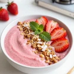 - 1 cup fresh strawberries, hulled and sliced - 1 frozen banana - &frac12; cup coconut milk (canned for creaminess) - &frac14; cup Greek yogurt (or dairy-free alternative) - 1 tablespoon honey or agave syrup - &frac14; cup granola (for topping) - 2 tablespoons shredded coconut (toasted for extra flavor) - Fresh mint leaves (for garnish) - Extra sliced strawberries (for garnish) To create a strawberry coconut smoothie bowl, you'll need fresh ingredients for flavor. The strawberries give it a vibrant color and sweet taste. Using a frozen banana adds creaminess and thickness to the mix. For dairy, I like to use coconut milk from a can. It gives a rich, creamy texture. If you prefer a dairy option, Greek yogurt works great, too. It adds protein and tanginess. You can make it sweeter with honey or agave syrup, but it's optional. Topping the bowl with granola adds crunch. Toasted shredded coconut enhances the tropical flavor. Fresh mint leaves and extra sliced strawberries make it look pretty. This mix of fresh and creamy ingredients makes this smoothie bowl a healthy breakfast choice. It&rsquo;s easy to make and packed with nutrients. Enjoy creating this delightful dish! {{ingredient_image_1}} To start, take your blender and add the fresh strawberries. Then, toss in the frozen banana. Next, pour in the coconut milk and Greek yogurt. If you want it sweeter, add honey or agave syrup. Blend these together until it is smooth and creamy. You can adjust the thickness by adding more coconut milk until it reaches your desired consistency. Once blended, pour the smoothie into a bowl. This is where the fun begins! Top it with granola, toasted shredded coconut, and some extra sliced strawberries. Finish off with a few fresh mint leaves for a beautiful garnish. Serve it right away for a refreshing breakfast. To get the best texture, use a ripe banana. A ripe banana adds natural sweetness and creaminess. Also, frozen fruit is key. It helps the smoothie stay thick and cold. Using frozen fruit gives your smoothie bowl that perfect, smooth finish. To make your smoothie bowl sweeter, I recommend using honey or agave syrup. Start with one tablespoon. Taste it after blending. If you want more sweetness, add a little more. You can also try ripe bananas or dates. They give a natural sweetness without extra sugar. The type of coconut milk you use matters. Canned coconut milk gives a rich and creamy taste. If you want a lighter option, use light coconut milk. Frozen ingredients are key too! A frozen banana adds creaminess and chill. You can also freeze your strawberries for an extra cold treat. Make your bowl look fun and bright. Layer your toppings for a beautiful look. Start with granola at the bottom, then add the smoothie. Top it with toasted coconut, fresh strawberries, and mint leaves. Use colorful fruits to make it pop. It&rsquo;s all about making it look as good as it tastes! Pro Tips Use Frozen Bananas: They add creaminess and a cold texture to your smoothie bowl, making it more refreshing. Choose Full-Fat Coconut Milk: For a richer and creamier smoothie bowl, opt for full-fat canned coconut milk. Toast the Shredded Coconut: Toasting enhances the flavor and adds a delightful crunch to your toppings. Experiment with Toppings: Feel free to add your favorite fruits, nuts, or seeds for extra nutrition and flavor variety. {{image_2}} You can mix in many fruits for a tasty twist. Try adding mango or pineapple for a bright and sweet flavor. These fruits pair well with strawberries and bring a fun texture. Want to boost your smoothie? Add superfoods like chia seeds or spinach. Chia seeds add fiber and protein, while spinach gives extra vitamins without changing the taste. If you want a vegan or dairy-free smoothie, use a dairy-free yogurt instead of Greek yogurt. This keeps the smoothie creamy without dairy. For the sweetener, stick with agave syrup or skip it altogether if you prefer. It&rsquo;s great to know that this recipe is easily gluten-free, too! Just choose gluten-free granola for your topping. You can change your toppings based on the season. In summer, use fresh berries or peaches. In fall, slice up apples or sprinkle some cinnamon for warmth. Always look for local produce at your market. It tastes better and helps support local farmers. This keeps your smoothie bowl fresh and fun all year round! After you make your strawberry coconut smoothie bowl, you may have leftovers. Store them in an airtight container. This keeps the bowl fresh. Place it in the fridge. It can last up to one day. To keep it fresh, cover it well. If you notice it&rsquo;s getting watery, give it a quick stir. This will mix the ingredients back together. The flavors will still be good, but the texture might change. You can freeze smoothie bowls for later enjoyment. To do this, pour the smoothie into a freezer-safe container. Leave some space at the top for expansion. Seal it tightly and label it with the date. When you want to eat it, take it out of the freezer. Place it in the fridge for several hours to thaw. If you need it faster, you can thaw it in a bowl of warm water. To serve, blend it again for a smooth texture. This helps revive the creaminess. Each ingredient has its own shelf life. Fresh strawberries last about five days in the fridge. Frozen bananas can last six months. Coconut milk is good for about a week once opened. Greek yogurt can last one to three weeks, depending on its expiration date. Look for signs of spoilage. If the strawberries are mushy or have mold, toss them. If the yogurt smells off or has an unusual texture, it's best to discard it. Keeping an eye on your ingredients will help you enjoy your smoothie bowl at its best! Yes, you can make this smoothie bowl ahead of time. To prepare in advance, blend the ingredients and store the mixture in the fridge. Use an airtight container to keep it fresh. This method helps you save time in the morning. When ready to serve, just stir the mixture and pour it into your bowl. If it seems too thick, add a splash of coconut milk to loosen it up. To make your smoothie bowl thicker, use less coconut milk. Start with a smaller amount and add more only if needed. You can also freeze your banana for a creamier texture. Another option is to add more Greek yogurt. This will give it a nice thickness and protein boost. For an extra thick smoothie bowl, try adding a handful of oats or chia seeds. If you need a substitute for coconut milk, try almond milk or oat milk. Both options work well and keep the smoothie bowl tasty. For a creamy texture, use cashew milk or soy milk. If you want a richer flavor, try heavy cream or half-and-half. Just remember that each alternative will slightly change the taste. This article covered how to create a delicious smoothie bowl with fresh ingredients. You learned about the key components, preparation steps, and tips for the perfect texture. The variations and storage options offered flexibility for your unique tastes. Remember, focusing on fresh fruits and creamy bases makes all the difference. Enjoy experimenting with toppings and flavors that suit your style. A well-made smoothie bowl is more than a meal; it&rsquo;s a fun experience to share.