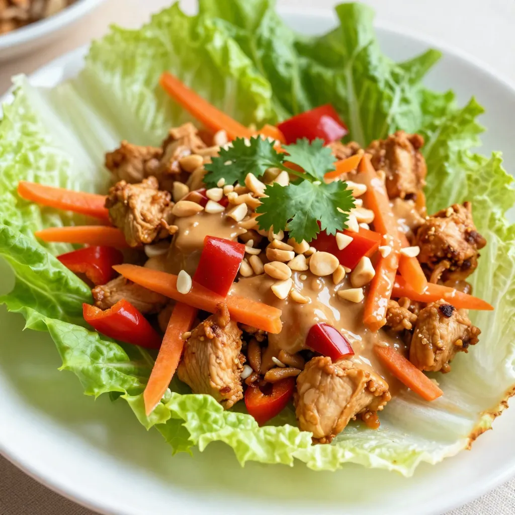 - 1 lb ground chicken - 1 tablespoon vegetable oil - 3 cloves garlic, minced - 1 inch ginger, grated - 1 red bell pepper, diced - 1 carrot, shredded - 3 green onions, chopped - 1/4 cup creamy peanut butter - 2 tablespoons soy sauce - 1 tablespoon honey - 1 tablespoon lime juice - 1 teaspoon sriracha (adjust to taste) - 1 head of iceberg or butter lettuce, leaves separated - Salt and pepper to taste - Chopped peanuts and cilantro for garnish To make Spicy Peanut Chicken Lettuce Wraps, gather these fresh and tasty ingredients. Ground chicken gives the wraps a hearty base. Vegetable oil helps cook the chicken and veggies perfectly. Garlic and ginger add great flavor and aroma to the dish. For crunch and color, include red bell pepper, carrot, and green onions. These veggies not only taste good but also make your wraps look vibrant. The peanut sauce is the star of this recipe. Use creamy peanut butter, soy sauce, honey, lime juice, and sriracha for that spicy kick. Adjust the sriracha to make it milder if you prefer. Finally, you'll need lettuce for wrapping. Iceberg or butter lettuce works great. Don&rsquo;t forget to garnish your wraps with chopped peanuts and cilantro for extra flavor and crunch. With these ingredients, you are ready to create a dish that is sure to impress. Enjoy the fun of making and eating these flavorful wraps! {{ingredient_image_1}} 1. Start with a large skillet. Heat 1 tablespoon of vegetable oil over medium heat. 2. Add 3 minced cloves of garlic and 1 inch of grated ginger. Saut&eacute; for about 1 minute until you smell their aroma. 3. Next, add 1 pound of ground chicken. Break it apart with your spatula. Cook until it is browned, about 5 to 7 minutes. 4. Once the chicken is cooked, stir in 1 diced red bell pepper, 1 shredded carrot, and 3 chopped green onions. Cook for another 3 to 4 minutes. The veggies should feel tender. 1. In a small bowl, combine 1/4 cup of creamy peanut butter, 2 tablespoons of soy sauce, 1 tablespoon of honey, 1 tablespoon of lime juice, and 1 teaspoon of sriracha. 2. Mix this well until the sauce is smooth and creamy. 1. Pour the peanut sauce over the chicken mixture. Stir well to coat everything evenly. Cook for an extra 2 minutes to heat it through. 2. Season with salt and pepper to your taste. 3. Serve the spicy chicken mixture in the separated lettuce leaves. 4. Top with chopped peanuts and fresh cilantro for a tasty garnish. To ensure chicken is cooked through, use a meat thermometer. The chicken should reach 165&deg;F. This keeps it safe to eat. Meanwhile, breaking the chicken into small pieces helps it cook evenly. You can adjust spiciness with sriracha. Start with a teaspoon, then taste. If you want more heat, add more sriracha. This way, everyone can enjoy their wraps at their spice level. To neatly serve wraps, use a large platter. Place the lettuce leaves on one side. Spoon the chicken mixture into the middle. This makes it easy for everyone to build their wraps. For plating, add garnishes like chopped peanuts and cilantro. These add color and crunch. You can also drizzle extra peanut sauce on top for a beautiful touch. Pro Tips Use Fresh Ingredients: Fresh garlic and ginger will enhance the flavor of your dish significantly compared to dried or powdered versions. Adjust Spice Level: Feel free to modify the amount of sriracha in the sauce to suit your heat preference; start with less and add more as needed. Prep Ahead: You can prepare the chicken mixture in advance and store it in the fridge for up to a day. Just reheat before serving. Garnish for Presentation: A sprinkle of chopped peanuts and fresh cilantro not only adds flavor but also enhances the visual appeal of your dish. {{image_2}} You can change the ground chicken to ground turkey for a leaner option. Turkey keeps the dish light but still very tasty. If you want a plant-based choice, use tofu instead. Simply crumble firm tofu and cook it like the chicken. Both options give you a great texture and flavor. Feel free to jazz up your wraps by adding mushrooms or bean sprouts. Mushrooms add a nice umami taste, while bean sprouts give a nice crunch. You can also swap peanut butter with almond butter. Almond butter has a unique flavor that works well in this dish. Just make sure to adjust the salt if you do this. If you like your sauce sweeter, add more honey. This will balance the spice nicely. To kick up the heat, try a spicier sauce. You can use chili paste or add extra sriracha. Both options will give your wraps a fun twist and make them even more exciting. To keep your spicy peanut chicken lettuce wraps fresh, use airtight containers. Place any leftover chicken mixture in one container. Store the lettuce leaves separately. This helps keep them crisp. Refrigerate both for up to three days. If you mix them together, the lettuce will get soggy. When you're ready to enjoy the chicken mixture again, use the stovetop. Heat a skillet over medium heat. Add the chicken mixture and stir until it's warm. This usually takes about 5 minutes. You can also use a microwave. Just heat in short bursts, stirring in between to avoid hot spots. Yes, you can freeze the chicken mixture! Place it in a freezer-safe bag or container. Make sure to remove as much air as possible. This will help prevent freezer burn. The chicken mixture can last in the freezer for up to three months. Just thaw it in the fridge overnight before reheating. Iceberg and butter lettuce both work well for wraps. Iceberg has a nice crunch. It holds fillings tightly, making it easy to eat. Butter lettuce is softer and has a mild flavor. It wraps around fillings nicely and adds a sweet taste. If you want crunch, go for iceberg. If you want softness, use butter lettuce. Yes, you can prep this meal ahead. Cook the chicken mixture first. Store it in the fridge for up to three days. When you're ready to serve, just heat it up. Keep the lettuce separate until serving time. This keeps the leaves fresh and crisp. These wraps have a nice kick from sriracha. The spice level can be adjusted easily. If you like it mild, use less sriracha. For more heat, add extra sriracha. Taste the mixture before serving to find your perfect level. In this blog post, I covered how to make delicious Spicy Peanut Chicken Lettuce Wraps. We looked at the key ingredients, clear cooking steps, and important tips to help you succeed. I also shared variations for different proteins and flavors, plus storage advice. The wraps are tasty, fun, and can suit many diets. Now it's time for you to try this recipe. You&rsquo;ll enjoy making and sharing these wraps with family or friends!