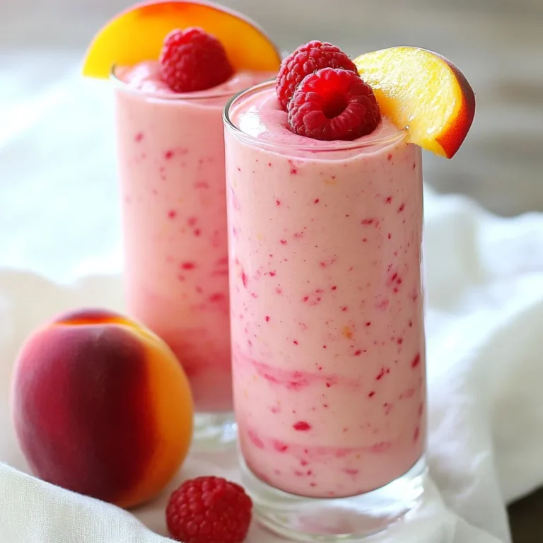To make a delicious Raspberry Peach Smoothie, you need the following: - 1 cup fresh or frozen raspberries - 1 cup fresh or frozen peach slices - 1 ripe banana - 1 cup Greek yogurt (vanilla flavored) - 1 tablespoon honey or maple syrup (optional) - 1 cup almond milk (or any milk of choice) - 1 tablespoon chia seeds (optional) - A handful of ice (if using fresh fruit) You can use fresh or frozen fruits for this smoothie. Fresh fruits give a bright, vibrant taste. They also have a nice texture. Frozen fruits can add creaminess and chill to your drink. They are perfect if you want a cold smoothie. If you pick fresh fruits, make sure they are ripe for the best flavor. If you go for frozen, check that they are good quality. You can add extra ingredients to boost nutrition. Here are some great options: - Chia seeds: These tiny seeds are packed with fiber and omega-3s. - Spinach: A handful of spinach adds vitamins without changing the taste. - Protein powder: This helps keep you full longer and adds protein. - Nut butter: A spoonful of almond or peanut butter adds richness and healthy fats. Feel free to get creative! Adding these extras can make your smoothie even better. {{ingredient_image_1}} First, gather all your ingredients. You need: - 1 cup fresh or frozen raspberries - 1 cup fresh or frozen peach slices - 1 ripe banana - 1 cup Greek yogurt (vanilla flavored) - 1 tablespoon honey or maple syrup (optional) - 1 cup almond milk (or any milk of choice) - 1 tablespoon chia seeds (optional) - A handful of ice (if using fresh fruit) Wash your raspberries and peaches if they are fresh. If you use frozen fruit, you can skip this step. Peel the banana and break it into chunks. This helps the blender mix everything well. Now, place all the fruits in the blender first. Add the Greek yogurt next. Pour in the almond milk. If you want it sweeter, add honey or maple syrup. Don't forget the chia seeds for extra nutrition! If you're using fresh fruit, toss in a handful of ice. This makes your smoothie cool and refreshing. Blend everything on high speed until smooth and creamy. Make sure there are no lumps. After blending, taste the smoothie. If it needs more sweetness, add a bit more honey or syrup. Blend it again briefly to mix. Pour the smoothie into tall glasses. For a pretty touch, add a slice of peach on the rim. Scatter a few whole raspberries on top. This makes your drink look fun and inviting! Enjoy your Raspberry Peach Smoothie as a tasty treat anytime. Choosing ripe fruits is key for a great smoothie. Look for peaches that are soft to the touch. They should smell sweet and fragrant. Raspberries should be bright in color and plump. Avoid any that are mushy or have dark spots. When blending, start with the softer ingredients first. Add the yogurt and banana before the frozen fruit. This helps create a smoother blend. Use a high-speed blender for the best results. Blend until there are no lumps left. If it's too thick, add a splash more milk. Taste your smoothie before serving. If it needs more sweetness, add honey or maple syrup. Start with a small amount, then blend and taste again. This way, you control the sweetness level. Remember, ripe fruits add natural sweetness too. Pro Tips Choose Ripe Fruits: Opt for ripe peaches and bananas for the sweetest flavor and creaminess in your smoothie. Blend in Stages: If your blender struggles, blend the fruits and yogurt first, then add liquids for a smoother consistency. Boost Nutrition: Add a handful of spinach or kale for an extra nutrient kick without altering the taste significantly. Chill Before Serving: For a refreshing smoothie, chill your glasses in the freezer before serving to keep the drink cold longer. {{image_2}} If you want a dairy-free smoothie, you can swap out Greek yogurt. Instead, use coconut yogurt or a nut-based yogurt. Both options keep the creaminess. For milk, choose almond milk, coconut milk, or oat milk. These alternatives add a nice taste without dairy. Want to boost nutrition? Try adding chia seeds or flaxseeds. These tiny seeds pack a big punch! They add fiber and omega-3s. You can also toss in spinach or kale for extra greens. These greens blend well with the fruits and keep the taste bright. Feel free to mix in other fruits! Mango pairs well with peaches. Strawberries add sweetness and color. You can even try pineapple for a tropical twist. Each fruit brings its own fun taste. Don’t be afraid to experiment and find your favorite mix! If you have leftover smoothie, pour it into a glass or jar. Seal it tightly. Store it in the fridge for up to 24 hours. The smoothie may separate, so shake it well before drinking. Freezing is a great way to keep smoothies fresh. Pour the smoothie into ice cube trays or freezer-safe bags. Freeze them for up to one month. When you want a smoothie, blend the frozen cubes with a bit of milk for a quick treat. Use glass jars or BPA-free plastic containers for storage. They keep your smoothie fresh and tasty. Choose containers with tight lids to avoid spills. Make sure they are easy to clean and reusable to help the environment. Yes, you can make this smoothie without yogurt. If you skip it, try using extra fruit or a nut butter. This keeps the smoothie creamy. You can also use avocado for a smooth texture. To make a thicker smoothie, use less almond milk. You can add more banana or frozen fruit. Frozen raspberries and peaches work great for thickness. You can also add oats or chia seeds. They absorb liquid and create a thicker blend. Raspberries are high in fiber. They help with digestion and can support weight loss. Peaches are rich in vitamins A and C. They help keep skin healthy. Both fruits are low in calories and packed with antioxidants. They boost your immune system and keep you energized. This blog post covered all the essential steps to create delicious smoothies. We discussed picking the right fresh or frozen fruits and how to prepare them. I shared blending techniques for a smooth texture and creative serving ideas. You learned tips for selecting ripe fruits, adjusting sweetness, and adding nutritious variations. Knowing how to store leftovers ensures your smoothies stay fresh. Smoothies are simple to make, and they can be tailored for any taste. Enjoy blending your own healthy creations!