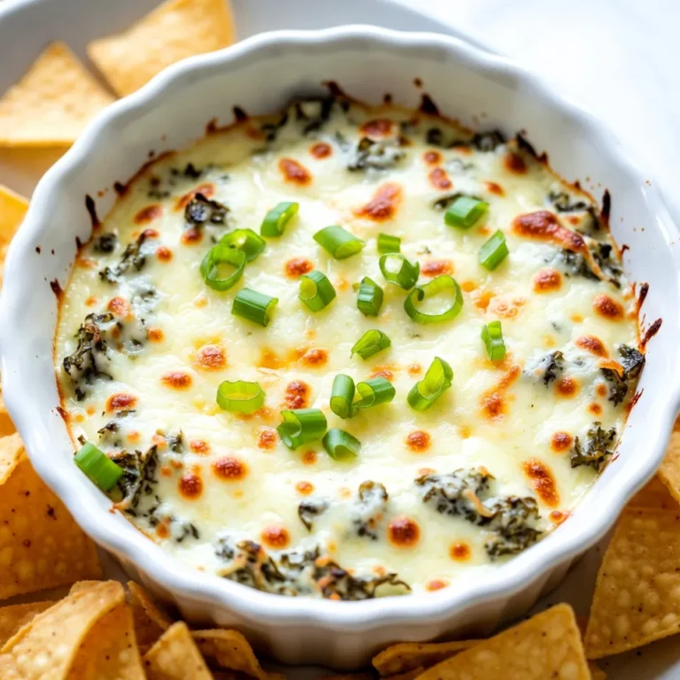 To make cheesy baked spinach dip, gather these ingredients: - 2 cups fresh spinach, chopped - 1 cup cream cheese, softened - 1 cup sour cream - 1 cup shredded mozzarella cheese - 1/2 cup grated Parmesan cheese - 1/2 cup mayo - 3 cloves garlic, minced - 1 teaspoon onion powder - 1 teaspoon garlic powder - Salt and pepper to taste - 1/4 teaspoon crushed red pepper flakes (optional for heat) - 1/2 cup diced green onions (for garnish) I love using fresh spinach in this dip. Fresh spinach gives a bright color and a nice taste. It blends well with the creamy cheeses. If fresh spinach is hard to find, frozen spinach can work, too. Just remember to thaw it first. Squeeze out any extra water. This keeps your dip from being too watery. If you need a cream cheese substitute, try these options. Greek yogurt adds a tangy flavor and creamy texture. You can also use cottage cheese. Blend it until smooth for a similar feel. For a dairy-free option, look for vegan cream cheese. These substitutes keep your dip tasty and enjoyable. {{ingredient_image_1}} 1. Start by preheating your oven to 350°F (175°C). This step is key to getting a great bake. 2. In a large bowl, mix the softened cream cheese, sour cream, and mayo. Blend until smooth. 3. Next, add in the chopped spinach and minced garlic. Sprinkle in the onion powder and garlic powder. If you like heat, toss in the crushed red pepper flakes. 4. Now, fold in the shredded mozzarella and grated Parmesan cheese. Mix it well. Don’t forget to season with salt and pepper to your taste. 5. Transfer the dip mixture into a baking dish. Spread it out evenly for a nice bake. 1. Place your baking dish in the preheated oven. 2. Bake for 25 to 30 minutes. Look for a bubbly top that is lightly golden. 3. Once done, carefully take it out of the oven. Let it cool for a few minutes. - Use fresh spinach for a vibrant look and taste. It wilts down nicely. - Make sure your cream cheese is softened. This helps create a smooth mix. - If you want a creamier dip, add a bit more sour cream or cream cheese. - Let the dip rest for a few minutes after baking. This helps it set a bit more. - For a crispy top, broil for the last few minutes, but keep an eye on it. You can easily make this dip ahead of time. Mix all the ingredients in a bowl. Then, place it in a baking dish. Cover it and keep it in the fridge for up to a day. When you're ready, just bake it. This saves time when you have guests. This cheesy baked spinach dip tastes best warm. Serve it with tortilla chips for crunch. You can also use fresh baguette slices. Carrot sticks and cucumber slices add a nice touch. They bring freshness to the rich dip. Garnish is key to making this dip pop. Use diced green onions for a fresh look. You can also add a sprinkle of paprika for color. If you like heat, try a few red pepper flakes on top. These small touches make your dish look fancy. Pro Tips Fresh Spinach is Best: Always opt for fresh spinach over frozen for a brighter flavor and better texture in your dip. Cheese Variations: Feel free to mix in or substitute other cheeses like cheddar or cream cheese for a different flavor profile. Serving Suggestions: Serve with a variety of dippers like pita chips, fresh vegetables, or even on toasted baguette slices for a delicious twist. Make Ahead: You can prepare the dip a day in advance and store it in the refrigerator. Just bake it when you're ready to serve! {{image_2}} You can easily add artichokes to your spinach dip. This twist gives the dip a great taste. To do this, use one can of drained artichoke hearts. Chop them up and mix them in with the spinach. The artichokes add a nice crunch and flavor. They blend well with the creamy cheese. This variation makes the dip even more fun and tasty. If you want a vegan version, you can swap out the dairy. Use vegan cream cheese instead of regular cream cheese. You can also try using cashew cream for a rich taste. Replace sour cream with a dairy-free yogurt. For the cheese, use a vegan cheese blend or nutritional yeast. This will still give you that cheesy flavor without the dairy. Your friends will love this dip just as much! Want to spice things up? You can add different spices to your dip. A pinch of cayenne pepper can bring heat. You can also mix in some jalapeños for a kick. If you like it smoky, try adding smoked paprika. It adds a unique flavor that is sure to impress. Use your favorite spices to make this dip your own. Each time you make it, you can try something new! To store your cheesy baked spinach dip, let it cool to room temperature first. Then, transfer it to an airtight container. This keeps it fresh and tasty. Make sure to seal the lid tightly. You can also wrap the dish with plastic wrap. This helps prevent any air from getting in. To reheat your dip, preheat your oven to 350°F (175°C). Place the dip in an oven-safe dish. Cover it with foil to keep it moist. Heat for about 15-20 minutes. You can also use the microwave. Heat it in short bursts, stirring between each one. This method helps avoid hot spots. The leftovers can last in the fridge for up to 4 days. Make sure to check for any changes in smell or color before eating. If you freeze the dip, it can last for about 2 months. Just thaw it in the fridge before reheating. Enjoy every cheesy bite! Yes, you can use frozen spinach in this recipe. Just remember to thaw it first. Squeeze out extra water to avoid a watery dip. Frozen spinach is often pre-washed and chopped, saving you time. It can work well if fresh spinach is not available. Cheesy baked spinach dip pairs well with many tasty options. Serve it warm with: - Tortilla chips - Baguette slices - Fresh vegetables like carrots and celery - Pita chips These choices add crunch and flavor. Guests will love dipping into this creamy goodness. To create a lighter version of cheesy baked spinach dip, consider these simple swaps: - Use low-fat cream cheese and sour cream. - Replace mayo with Greek yogurt for extra protein. - Add more spinach for added fiber and nutrients. These changes keep the dip creamy while cutting calories. Enjoy guilt-free without losing flavor! This blog post covers everything you need for a cheesy baked spinach dip. We looked at ingredients, preparation methods, and tips to make it perfect. You learned how to substitute cream cheese, use fresh or frozen spinach, and store leftovers properly. The recipe also offers fun variations, like adding artichokes or spices. Enjoy creating your dip with confidence. You now have the tools and knowledge to impress your guests and delight your taste buds.